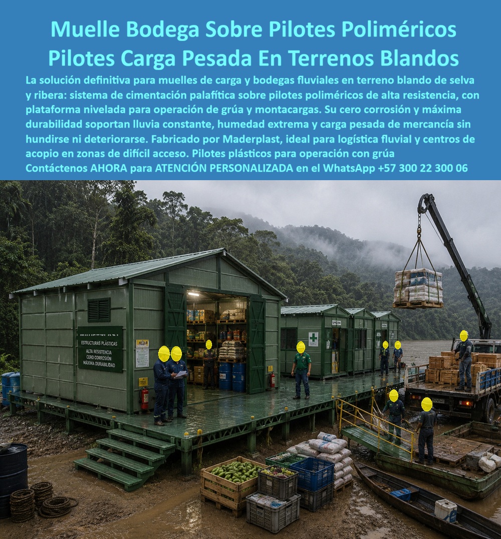 Estructura Palafítica Construcciones Elevadas Sobre Pilotes Maderplast Pilotes Poliméricos para Cimentación Sistema de Cimentación Palafítica para Terrenos Blandos Estructura sobre pilotes para zonas de inundación Pilotes plásticos A Muelles Industriales y Bodegas Fluviales sobre Pilotes Poliméricos: Cimentación de Alta Capacidad para Terrenos Blandos, Riberas y Zonas Inundables  La imagen presenta un moderno muelle logístico con bodega elevada sobre pilotes poliméricos, diseñado para operar de manera permanente en una de las condiciones más exigentes para la ingeniería civil: terrenos blandos con alta humedad, variaciones permanentes del nivel del agua y operación continua de carga pesada. Se observa una plataforma elevada que integra bodegas, zonas de almacenamiento, áreas de cargue y descargue, circulación de personal y operación con grúa, conformando una infraestructura especializada para centros logísticos fluviales, puertos interiores, estaciones de abastecimiento, bases operativas y proyectos ubicados en selvas, riberas y humedales. La utilización de un sistema de cimentación palafítica sobre pilotes poliméricos permite desarrollar instalaciones estables y duraderas donde las soluciones convencionales suelen enfrentar elevados costos de mantenimiento y una rápida degradación.  En regiones amazónicas, cuencas hidrográficas, zonas de manglar, llanuras inundables y corredores fluviales, el terreno presenta características geotécnicas que requieren soluciones de cimentación especialmente diseñadas para soportar cargas permanentes y acciones dinámicas asociadas a la operación logística. Los pilotes poliméricos para cimentación, los sistemas palafíticos para terrenos blandos, las estructuras elevadas para zonas de inundación, las plataformas industriales sobre pilotes, los muelles de carga fluvial, las bodegas elevadas, los centros logísticos ribereños y las infraestructuras para transporte fluvial constituyen una alternativa moderna para desarrollar proyectos con elevados niveles de durabilidad y disponibilidad operativa.  La función principal de una cimentación palafítica consiste en transmitir las cargas estructurales hacia estratos competentes del subsuelo mediante pilotes diseñados específicamente para las condiciones geotécnicas del sitio. Esta configuración permite mantener la infraestructura elevada sobre el nivel del terreno natural, facilitando el paso del agua durante crecientes, reduciendo el riesgo de afectación por inundaciones y disminuyendo significativamente la alteración del entorno. Cuando el proyecto requiere operar con montacargas, grúas, almacenamiento de mercancías o tránsito constante de vehículos y personal, la plataforma elevada se convierte en un elemento fundamental para garantizar la continuidad de las operaciones.  Los materiales de ingeniería desarrollados por Maderplast aportan ventajas especialmente importantes para este tipo de infraestructura. Su comportamiento frente a humedad permanente, salinidad, organismos biológicos, radiación ultravioleta e insectos permite disminuir considerablemente las necesidades de mantenimiento respecto a sistemas susceptibles a la corrosión, la pudrición o el deterioro biológico. Esta mayor resistencia contribuye a prolongar la vida útil de la infraestructura y a reducir los costos asociados a reparaciones, sustituciones y paradas operativas.  Las aplicaciones de este sistema abarcan una amplia variedad de proyectos: muelles de carga, puertos fluviales, centros de distribución, estaciones de abastecimiento, bodegas industriales, plataformas para minería, instalaciones petroleras, terminales logísticas, bases militares, infraestructura para atención de emergencias, proyectos turísticos, centros de investigación ambiental y cualquier otra instalación que deba operar de forma permanente en zonas con presencia constante de agua o suelos de baja capacidad portante.  Desde el punto de vista de la ingeniería estructural, cada proyecto debe desarrollarse mediante estudios geotécnicos, análisis hidráulicos, evaluación de cargas operacionales y diseño estructural específico de acuerdo con la normativa vigente y las condiciones particulares del sitio. La longitud de los pilotes, su distribución, capacidad portante, interacción suelo-estructura y comportamiento frente a acciones dinámicas deben ser definidos mediante cálculos realizados por profesionales competentes. Los sistemas desarrollados por Maderplast forman parte de una solución integral que debe adaptarse técnicamente a las necesidades específicas de cada proyecto.  La construcción modular constituye otra ventaja relevante. Gran parte de los componentes estructurales pueden fabricarse previamente en planta bajo condiciones controladas y posteriormente transportarse al sitio para un ensamblaje rápido, reduciendo tiempos de construcción, disminuyendo el impacto ambiental y facilitando futuras ampliaciones o modificaciones de la infraestructura conforme evolucionan las necesidades logísticas de la operación.  Maderplast desarrolla estos sistemas de cimentación palafítica mediante procesos industriales especializados, diseño estructural personalizado y fabricación de componentes de ingeniería adaptados a ambientes altamente agresivos. La empresa trabaja bajo sistemas certificados ISO 9001 para gestión de calidad e ISO 14001 para gestión ambiental, ofreciendo diseño, fabricación, transporte, instalación y acompañamiento técnico para proyectos portuarios, industriales, turísticos, institucionales y logísticos. Asimismo, puede desarrollar soluciones completamente personalizadas para muelles, plataformas, bodegas, centros de distribución, pasarelas, embarcaderos y estructuras especiales sobre pilotes.  Diversos proyectos desarrollados por Maderplast han incorporado soluciones elevadas para ambientes húmedos, costeros y fluviales buscando incrementar la durabilidad de la infraestructura y disminuir los costos de mantenimiento. Por razones de confidencialidad no se publican todos los desarrollos ejecutados, pero la empresa puede presentar referencias comerciales, modelos tridimensionales, renders, estudios conceptuales y propuestas técnicas adaptadas a cada necesidad.  La incorporación de pilotes poliméricos para cimentación, estructuras elevadas para zonas inundables, muelles industriales sobre pilotes, bodegas fluviales de alta durabilidad, plataformas logísticas palafíticas, centros de distribución ribereños y sistemas constructivos modulares representa una inversión orientada a garantizar continuidad operativa, proteger la infraestructura y reducir significativamente los costos de mantenimiento durante toda la vida útil del proyecto. Más que construir una plataforma elevada, significa desarrollar una solución de ingeniería preparada para operar permanentemente en algunos de los ambientes más complejos que enfrenta la infraestructura moderna.  Descripción Ficha técnica Resumida del producto:  Pilotes poliméricos para cimentación, muelles industriales, bodegas fluviales, estructuras elevadas para terrenos blandos, plataformas logísticas y sistemas palafíticos para zonas inundables. Soluciones Maderplast de alta durabilidad, bajo mantenimiento y excelente desempeño en ambientes húmedos, ribereños y costeros.  Contáctenos ahora mismo por WhatsApp y reciba atención personalizada de un asesor especializado: +57 300 22 300 06.