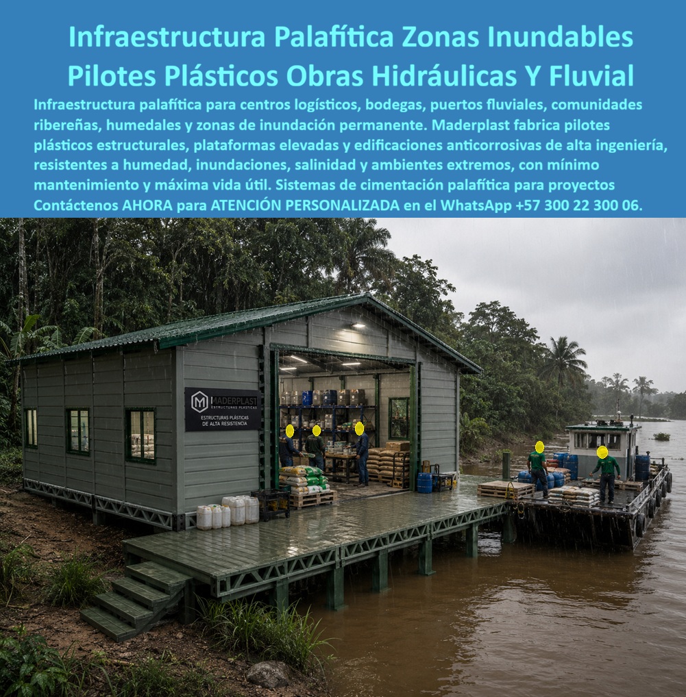 Estructura Palafítica Construcciones Elevadas Sobre Pilotes Maderplast Pilotes plásticos cimentación palafítica infraestructura resiliente a inundaciones sistemas constructivos cambio climático estructuras flotantes o palafíticas NSR Infraestructura palafítica para zonas inundables resuelve una necesidad logística crítica en regiones donde el río es la principal vía de transporte y comercio: contar con bodegas, centros de acopio y puntos de cargue que operen de forma segura y permanente, sin importar que el nivel del agua suba durante la temporada de lluvias o que el terreno circundante se inunde por completo. Esta instalación lo demuestra con claridad: una bodega elevada sobre pilotes plásticos, conectada directamente a un muelle de cargue fluvial, operando bajo lluvia intensa sin que el nivel de agua ni la humedad comprometan ni la estructura ni la mercancía almacenada dentro.  Para operaciones logísticas en puertos fluviales, comunidades ribereñas o zonas de humedal, el reto constructivo es doble: la cimentación debe resistir la inundación permanente o estacional del terreno, y la edificación completa debe soportar humedad constante sin degradarse, algo que ni la madera ni el acero estructural logran sin mantenimiento intensivo y recurrente. Los pilotes plásticos estructurales de Maderplast resuelven ambos frentes desde el material: no se pudren por exposición constante a agua ni humedad de suelo pantanoso, y no se corroen por la salinidad o los sedimentos típicos de ambientes fluviales, eliminando el ciclo de reparación y reemplazo que sí enfrenta una infraestructura tradicional en el mismo entorno.  La plataforma elevada, además, no es solo cimentación: es la base de una edificación anticorrosiva completa, con capacidad de almacenamiento y operación bajo techo directamente conectada al frente de agua, permitiendo que el cargue y descargue de mercancía desde embarcaciones fluviales sea directo y eficiente, sin necesidad de infraestructura portuaria pesada ni de terreno firme adicional que en muchas zonas ribereñas simplemente no existe.  Cada proyecto de infraestructura palafítica se diseña según la carga operativa esperada, el nivel de inundación de la zona y la normativa de sismo resistencia aplicable, en conjunto con el calculista estructural del proyecto, asegurando que la solución responda a las condiciones reales de cada punto logístico y no a un diseño genérico replicado sin ajuste. Esto es especialmente relevante en sistemas constructivos pensados para operar bajo el cambio climático, donde la frecuencia y severidad de las inundaciones ya no se pueden calcular con los patrones históricos tradicionales.  Cuando su proyecto logístico, portuario o comunitario requiera infraestructura elevada resistente a inundaciones, humedad y salinidad, nuestro equipo de ingeniería puede evaluar las condiciones específicas de su zona fluvial y diseñar el sistema de pilotes y plataforma que su operación exige. Escríbenos: (+57) 300 22 300 06 — ingenieria@maderplast.co. Maderplast: infraestructura que opera bajo la lluvia, sobre el agua, sin detenerse por el clima.  Imagen de referencia: montaje ilustrativo que representa la aplicación del sistema en entorno fluvial e industrial.  Video sugerido para este bloque: Prueba extrema Maderplast frente a mazo, retroexcavadora y rotomartillo — https://www.youtube.com/watch?v=decIRlO gX8