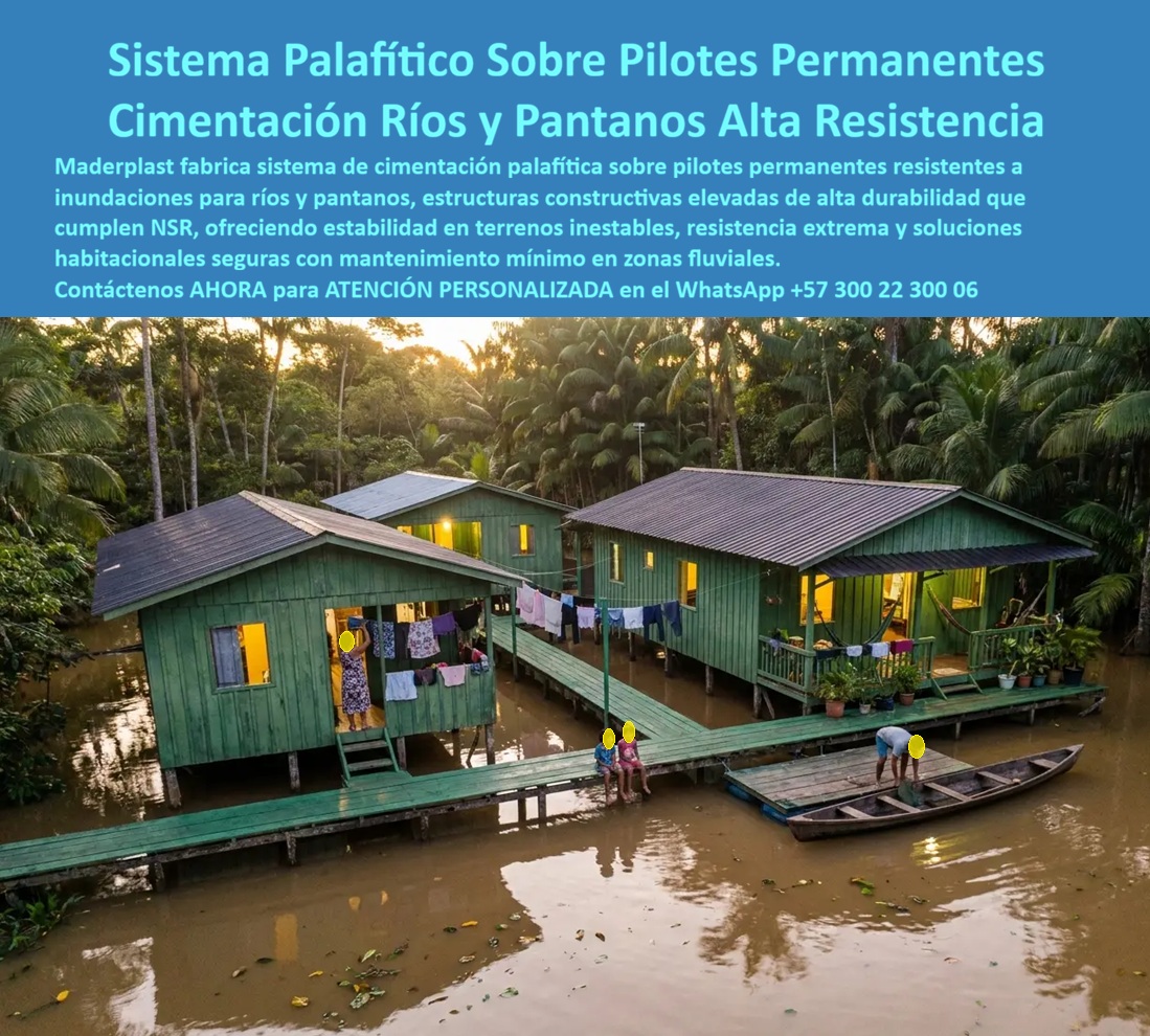 Estructura Palafítica Construcciones Elevadas Sobre Pilotes Maderplast Sistema de cimentación palafítica para ríos y pantanos Sistema Constructivo Palafítico sobre Pilotes Permanentes pilotes resistentes a inundaciones Sistema de NSR Sistema palafítico sobre pilotes permanentes resuelve un problema de cimentación que el concreto y la madera tradicional enfrentan mal en terrenos inestables: construir una vivienda segura y durable sobre suelos inundables, pantanosos o de baja capacidad portante, como los que caracterizan las zonas ribereñas y fluviales de alta pluviosidad. Mientras la madera tradicional se pudre por contacto constante con agua y humedad del suelo, y una cimentación en concreto convencional exige estudios de suelo costosos y procesos constructivos lentos en terrenos de difícil acceso, el sistema de pilotes en polipropileno de alta resistencia Maderplast ofrece una cimentación elevada que no se degrada por la exposición constante a agua, humedad de suelo pantanoso o ciclos de inundación estacional.  La construcción elevada sobre pilotes no es solo una solución estética o tradicional de zonas ribereñas: es la respuesta estructural correcta frente a terrenos donde el nivel del agua sube y baja de forma impredecible, protegiendo la vivienda de la inundación directa sin necesidad de rellenos de terreno ni obras de contención costosas. Los pilotes de Maderplast, al no ser de madera ni de metal, eliminan los dos riesgos principales de este tipo de cimentación: la pudrición por humedad constante que degrada progresivamente un pilote de madera, y la corrosión que ataca a un pilote metálico en contacto prolongado con agua de río o suelo pantanoso ácido.  Cada proyecto de cimentación palafítica se diseña según las condiciones específicas de suelo, nivel de agua y carga de la construcción prevista, ajustando la configuración de pilotes a la normativa de sismo resistencia aplicable a la ubicación del proyecto, de la mano del calculista estructural correspondiente. Esto garantiza que la solución no sea un sistema genérico aplicado sin criterio, sino una cimentación calculada específicamente para el terreno inestable de cada sitio, algo especialmente crítico en zonas fluviales donde el comportamiento del suelo puede variar significativamente de un punto a otro del mismo proyecto.  Para comunidades, proyectos turísticos o viviendas ubicadas en zonas de río o pantano de difícil acceso, esto representa una solución habitacional segura con mantenimiento mínimo: sin pintura anticorrosiva que aplicar, sin tratamiento periódico contra pudrición, y con una resistencia a la humedad constante que ninguna cimentación en madera tradicional puede igualar a largo plazo en ese mismo entorno.  Cuando su proyecto requiera cimentación palafítica sobre pilotes en zonas de río, pantano o terreno inestable, nuestro equipo de ingeniería puede evaluar las condiciones específicas del suelo y diseñar, junto con el calculista estructural correspondiente, el sistema de pilotes que su proyecto y su normativa local exigen. Escríbenos: (+57) 300 22 300 06 — ingenieria@maderplast.co. Maderplast: cimentación elevada que resiste donde la madera se pudre y el metal se corroe.  Imagen de referencia: montaje ilustrativo que representa la aplicación del sistema en el entorno fluvial.  Video sugerido para este bloque: Pruebas de laboratorio Maderplast llevadas al límite extremo — https://www.youtube.com/watch?v=qG7 olSeNs
