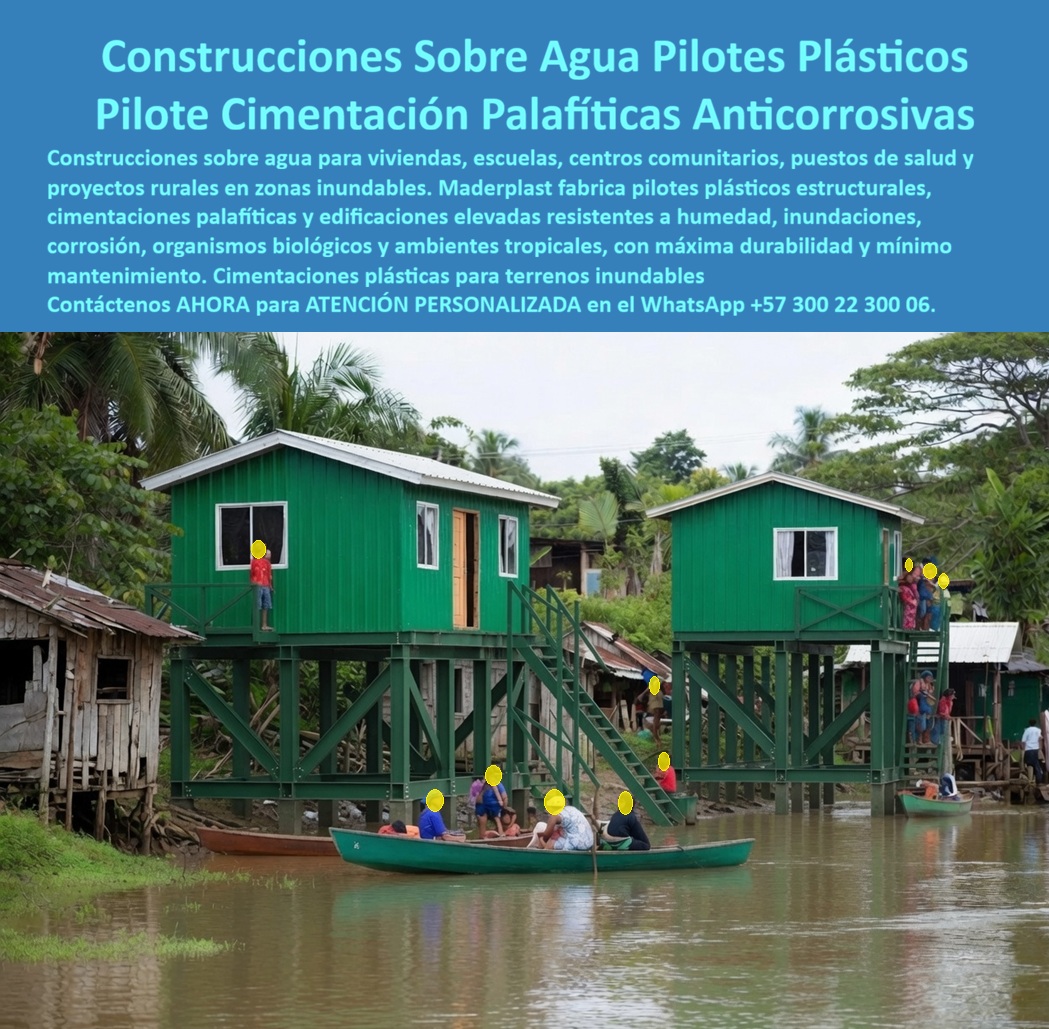Estructura Palafítica Construcciones Elevadas Sobre Pilotes Maderplast pilotes Sistema de Pilotes Construcciones sobre Agua Cimentación Palafítica Plástica Pilotes plásticos cimentaciones en zonas inundables Pilotes inoxidables marino  Pilotes plásticos estructurales y cimentaciones palafíticas anticorrosivas resuelven las construcciones sobre agua en zonas inundables. Maderplast fábrica estos sistemas de pilotes y edificaciones elevadas resistentes a la humedad, las inundaciones, la corrosión, los organismos biológicos y los ambientes tropicales. Ofrecen máxima durabilidad y mínimo mantenimiento para viviendas, escuelas, centros comunitarios, puestos de salud y proyectos rurales. En terrenos inundables y zonas ribereñas el problema central es la degradación acelerada de las cimentaciones tradicionales. La madera se pudre, el metal se corroe y las estructuras pierden capacidad de soporte con cada ciclo de inundación. Estas cimentaciones plásticas para terrenos inundables eliminan ese ciclo. Los pilotes inoxidables de polímero técnico no se oxidan, no se corroen y mantienen su integridad estructural en contacto permanente con el agua y la humedad. El sistema permite un hincado limpio y un montaje modular de las edificaciones elevadas. El resultado es una solución de ingeniería para infraestructura social y rural que reduce la vulnerabilidad ante inundaciones y baja el costo total de propiedad. Las construcciones elevadas sobre pilotes plásticos entregan espacios seguros, higiénicos y de larga vida útil sin los mantenimientos constantes que exigen los materiales convencionales. El proyecto gana resiliencia y continuidad operativa incluso en épocas de crecientes. Los sistemas tradicionales de pilotes y cimentaciones en zonas inundables, aunque lleguen a precio inicial bajo, terminan resultando carísimos por pudrición, corrosión, pérdida de capacidad estructural y reposiciones frecuentes. Maderplast entrega una solución de pilotes plásticos y cimentación palafítica que convierte cada construcción elevada en un activo durable y de cero corrosión. Las plantas cuentan con certificación ISO 9001 en diseño y fabricación e ISO 14001 ambiental, y las piezas se validan con pruebas de laboratorio exigentes. Un responsable de un proyecto de infraestructura rural comentó: “Implementamos los pilotes plásticos Maderplast para viviendas y un centro comunitario en zona inundable. Eliminamos los problemas de pudrición y corrosión. Las estructuras se mantienen estables después de las crecientes. Cualquier sistema convencional, aunque nos lo regalaran, salía más caro por el deterioro y las intervenciones constantes”. La evidencia que elimina la duda técnica al firmar la orden de compra está en las pruebas extremas. El video en el que una retroexcavadora, un mazo de construcción y un rotomartillo impactan directamente los materiales Maderplast demuestra una resistencia que cambia la percepción de cualquier ingeniero. Este registro, junto con el canal completo de validaciones, constituye el respaldo que un profesional necesita para especificar con tranquilidad en zonas inundables.Para solicitar planos, memorias de cálculo, especificaciones de hincado o cotización de producción en serie, contacte directamente al Departamento de Ingeniería. Ing. Soporte Técnico: (+57) 300 22 300 06 | ingenieria@maderplast.co.