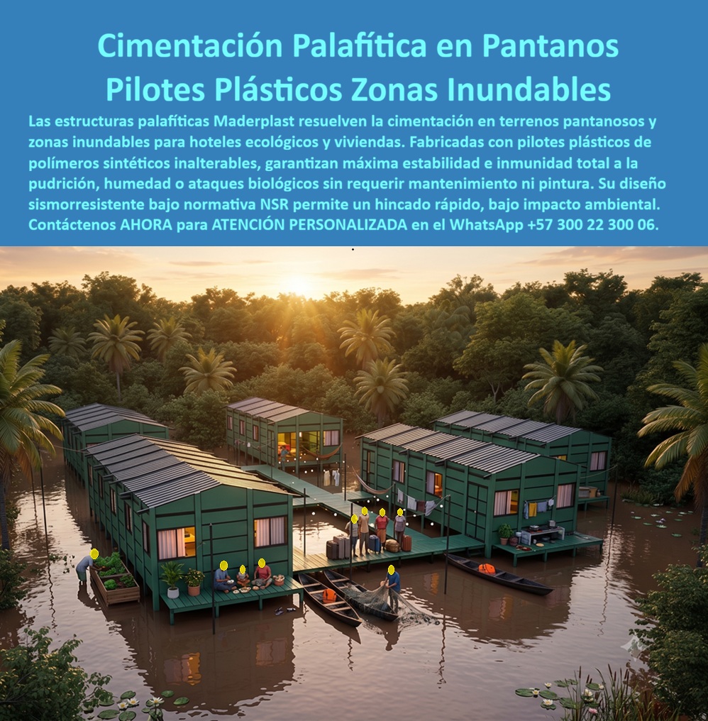 Estructura Palafítica Construcciones Elevadas Sobre Pilotes Maderplast pilotes pantanos cimentación para zonas inundables hoteles palafíticos ecológicos Pilotes plásticos para cimentaciones en zonas inundables Vivienda palafítica NSR Viviendas Palafíticas de Alta Durabilidad: Sistemas de Cimentación sobre Pilotes para Ríos, Humedales, Costas y Terrenos Inundables  La imagen presenta una vivienda palafítica de alta durabilidad construida sobre un sistema de pilotes permanentes, diseñada para operar con seguridad en ambientes donde las construcciones convencionales presentan grandes dificultades técnicas. Ríos, humedales, lagunas, ciénagas, manglares, costas marinas y terrenos inundables exigen soluciones estructurales capaces de convivir permanentemente con el agua, la humedad y la acción biológica sin perder estabilidad ni generar elevados costos de mantenimiento. En este contexto, el sistema constructivo palafítico sobre pilotes permanentes, las viviendas elevadas, la cimentación palafítica en plástico de ingeniería, los pilotes estructurales de alta durabilidad y las soluciones desarrolladas por Maderplast constituyen una alternativa orientada a incrementar la vida útil de la infraestructura y reducir significativamente los costos de operación durante décadas.  Las cimentaciones tradicionales construidas con materiales susceptibles a la corrosión, pudrición o ataque biológico suelen requerir intervenciones periódicas, especialmente cuando permanecen expuestas de forma continua a humedad, agua salobre o ambientes tropicales. La degradación progresiva de los elementos estructurales genera elevados costos de mantenimiento y puede comprometer la seguridad de la edificación con el paso del tiempo. Por ello, las viviendas palafíticas, los pilotes permanentes, las estructuras elevadas para zonas inundables, las cimentaciones para humedales, las plataformas habitacionales sobre pilotes, los sistemas estructurales para lagos y ríos y las construcciones ecológicas de larga duración representan una solución de ingeniería diseñada específicamente para este tipo de escenarios.  El principio fundamental de una construcción palafítica consiste en separar la edificación del terreno natural mediante pilotes estructurales que transmiten las cargas hacia estratos competentes, permitiendo que el agua circule libremente por debajo de la vivienda. Esta configuración reduce el riesgo asociado a inundaciones periódicas, facilita la adaptación a variaciones del nivel del agua y disminuye la alteración del ecosistema circundante. En proyectos ubicados sobre riberas, lagunas, ciénagas o áreas costeras, esta estrategia constituye una de las soluciones más utilizadas por la ingeniería moderna para armonizar infraestructura y medio ambiente.  Los materiales de ingeniería desarrollados por Maderplast aportan ventajas importantes para este tipo de aplicaciones. Su excelente comportamiento frente a humedad permanente, salinidad, radiación ultravioleta, organismos biológicos e insectos reduce considerablemente las necesidades de mantenimiento respecto a sistemas tradicionales expuestos durante años a ambientes altamente agresivos. Para propietarios, inversionistas turísticos y entidades públicas, esta mayor durabilidad representa menores costos de conservación y una mayor disponibilidad de la infraestructura durante toda su vida útil.  Las aplicaciones de estos sistemas abarcan mucho más que viviendas particulares. También pueden emplearse en hoteles ecológicos, eco lodges, glampings, reservas naturales, centros de investigación, estaciones ambientales, restaurantes flotantes, plataformas recreativas, muelles, senderos elevados, observatorios de fauna, viviendas rurales, proyectos turísticos sostenibles e infraestructura para comunidades ubicadas en zonas ribereñas o costeras. La modularidad facilita además futuras ampliaciones sin modificar significativamente la estructura existente.  Desde el punto de vista estructural, cada proyecto debe desarrollarse mediante estudios geotécnicos, análisis de cargas, cálculos estructurales y diseños específicos acordes con la normativa vigente y las condiciones particulares del terreno. Factores como el tipo de suelo, profundidad de los estratos resistentes, nivel freático, velocidad de la corriente, acciones del viento, comportamiento sísmico y condiciones ambientales deben ser evaluados por profesionales competentes antes de definir la solución definitiva. La tecnología desarrollada por Maderplast constituye un componente del sistema constructivo, el cual debe integrarse dentro de un diseño de ingeniería completo para garantizar el desempeño esperado.  Otro beneficio importante de la construcción modular palafítica es la rapidez de instalación. Gran parte de los componentes pueden fabricarse previamente bajo condiciones industriales controladas y posteriormente ensamblarse en el sitio de la obra, reduciendo tiempos de ejecución y minimizando el impacto ambiental durante la construcción. Esta característica resulta especialmente valiosa en regiones de difícil acceso donde las ventanas climáticas para ejecutar obras suelen ser limitadas.  Maderplast desarrolla estos sistemas constructivos palafíticos mediante procesos industriales especializados, diseño estructural personalizado y fabricación de componentes adaptados a las necesidades específicas de cada proyecto. La empresa trabaja bajo sistemas certificados ISO 9001 para gestión de calidad e ISO 14001 para gestión ambiental, ofreciendo ingeniería, fabricación, instalación y acompañamiento técnico para proyectos turísticos, institucionales, residenciales e industriales. Asimismo, puede desarrollar soluciones completamente personalizadas para viviendas, hoteles, plataformas, pasarelas, muelles y edificaciones especiales en ambientes acuáticos.  Diversos proyectos desarrollados por Maderplast han incorporado soluciones elevadas para ambientes húmedos y costeros buscando reducir costos de mantenimiento y aumentar la durabilidad de la infraestructura. Por acuerdos de confidencialidad no se divulgan públicamente todos los proyectos ejecutados, pero la empresa puede presentar referencias comerciales, estudios de caso, modelos tridimensionales, renders y propuestas técnicas adaptadas a las condiciones específicas de cada cliente.  La incorporación de viviendas palafíticas de alta durabilidad, pilotes permanentes de ingeniería, cimentaciones para terrenos inundables, estructuras elevadas para humedales, plataformas habitacionales sobre pilotes, infraestructura ecológica y sistemas constructivos modulares representa una inversión orientada a proteger el patrimonio, reducir costos ocultos y garantizar una infraestructura preparada para convivir con el agua durante muchos años. Más que construir una vivienda elevada, significa desarrollar una solución de ingeniería concebida para ofrecer estabilidad, durabilidad, bajo mantenimiento y adaptación permanente a uno de los ambientes más exigentes para cualquier sistema constructivo.  Descripción Ficha técnica Resumida del producto:  Viviendas palafíticas de alta durabilidad, pilotes permanentes, cimentación en plástico de ingeniería, estructuras elevadas para ríos, humedales, lagunas y costas. Soluciones Maderplast para proyectos turísticos, ecológicos e infraestructura con alta resistencia, bajo mantenimiento y diseño adaptable a zonas inundables.  Contáctenos ahora mismo por WhatsApp y reciba atención personalizada de un asesor especializado: +57 300 22 300 06.
