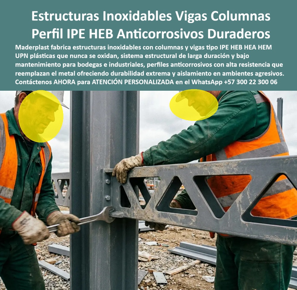 Estructuras Inoxidables Columnas vigas IPE HEB HEA IPE HEM IPN Maderplast Estructuras metálicas que nunca se oxidan Sistema estructural inoxidable de larga duración Estructuras industriales de bajo mantenimiento Anticorrosivas IP HEA Estructuras inoxidables con columnas y vigas tipo IPE, HEB, HEA y HEM representan el siguiente paso lógico para cualquier proyecto industrial o bodega que ya conoce el problema de fondo del acero estructural: por más galvanizado, pintura anticorrosiva o mantenimiento preventivo que se le aplique, el metal en ambientes agresivos —humedad constante, químicos, salinidad, atmósferas industriales corrosivas— termina oxidándose, y esa oxidación no es estética, es pérdida progresiva de sección resistente en el elemento que sostiene la estructura. Maderplast resuelve esa vulnerabilidad fabricando el mismo perfil, con la misma geometría de viga aligerada, ensamblado con tornillería pasante igual que una conexión estructural tradicional, pero en polímero técnico de alta resistencia que simplemente no tiene hierro que oxidar.  La pieza que se instala en la imagen no es un perfil de catálogo genérico: es una viga diseñada a la medida del proyecto, con mayor compacidad y resistencia que su equivalente estándar, porque en Maderplast el diseño y fabricación de estructuras inoxidables se ajusta a la carga, el espacio disponible y las condiciones específicas de cada bodega o planta industrial. Esto responde directamente a la pregunta que se hace un ingeniero estructural antes de especificar un perfil plástico: ¿puede un material no metálico igualar la relación resistencia-peso de un IPE o HEB de acero? La respuesta de Maderplast es diseñar la sección exactamente para la carga requerida, incluso logrando perfiles más compactos que el acero convencional cuando el proyecto lo exige, sin sacrificar capacidad portante.  El sistema estructural completo —columnas, vigas y perfiles UPN plásticos— se ensambla con el mismo método que cualquier estructura metálica: pernos, platinas y uniones atornilladas, lo que significa que un montador o una cuadrilla de estructuras metálicas puede instalar este sistema sin curva de aprendizaje adicional ni herramienta especializada distinta a la que ya usa a diario. La diferencia aparece años después de montada la estructura: mientras un pórtico de acero en una planta industrial con presencia de químicos, humedad o salinidad exige repintado periódico, inspección de corrosión y eventual refuerzo o reemplazo de elementos oxidados, el sistema estructural inoxidable Maderplast no requiere ese ciclo de mantenimiento, porque el polímero técnico del que está hecho no se corroe, no se pica y no pierde sección resistente con el tiempo de exposición.  Para el gerente de planta o el ingeniero de mantenimiento industrial, esto cambia el cálculo de decisión de raíz: el costo de una estructura no se mide solo en la cotización de montaje, sino en el gasto acumulado de mantenimiento anticorrosivo durante toda la vida útil de la bodega o planta. Una estructura inoxidable de bajo mantenimiento elimina esa partida de gasto recurrente por completo, y protege además contra el riesgo mayor de cualquier gerente de activos industriales: una falla estructural no detectada a tiempo por corrosión oculta bajo pintura, algo que simplemente no puede ocurrir en un perfil que no se oxida.  Cuando su proyecto industrial requiera una estructura anticorrosiva en ambientes agresivos —zonas costeras, plantas químicas, bodegas con atmósfera húmeda o corrosiva—, nuestro equipo de ingeniería puede diseñar el perfil IPE, HEB, HEA o HEM plástico exacto que su carga y su espacio disponible requieran, incluyendo planos, cálculo estructural y fabricación a medida. Escríbenos: (+57) 300 22 300 06 — ingenieria@maderplast.co. Maderplast: diseño y fabricación de estructuras que resuelven en polímero lo que el acero no puede sostener frente a la corrosión.  Video sugerido para este bloque: Pruebas de laboratorio Maderplast llevadas al límite extremo — https://www.youtube.com/watch?v=qG7 olSeNs