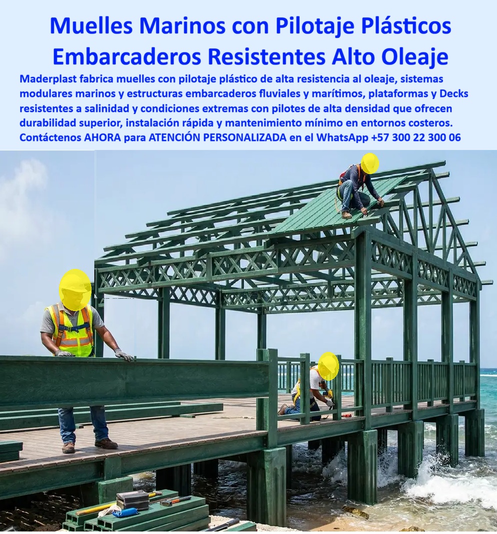 Muelles Marinos Anticorrosivos Embarcaderos Marítimos Maderplast pilotaje plástico muelles alta durabilidad Pasarelas marinas para embarcaderos Muelles turísticos de bajo mantenimiento Estructuras portuarias sin oxidación muelles PP   Muelles marinos con pilotaje plástico resuelven, desde su fabricación, el problema que ningún material tradicional ha logrado vencer en ambiente costero: la degradación inevitable por salinidad. El hierro se oxida en contacto con el agua de mar, el concreto sufre ataque por cloruros que corroe su refuerzo interno desde adentro, y la madera se pudre por humedad constante y ataque biológico — son procesos conocidos por cualquier ingeniero que haya inspeccionado un muelle antiguo. El polipropileno, en cambio, es un polímero químicamente inerte frente a la sal: no se oxida porque no tiene hierro que oxidar, no se degrada por cloruros porque no tiene estructura porosa que los absorba, y no se pudre porque no es materia orgánica. Esta misma propiedad es la razón por la que la industria naval reemplazó hace años las pesadas cadenas de acero para amarre de buques por cabos de polímero de alta resistencia, muchísimo más livianos y con una vida útil en agua salada muy superior a la del metal.  Sobre esa base de inercia química, Maderplast fabrica pilotaje plástico de alta densidad, plataformas, decks y estructuras completas de embarcadero fluvial y marítimo, respaldadas por pruebas de laboratorio de envejecimiento acelerado, cámara salina y exposición a radiación ultravioleta, disponibles para consulta en nuestro canal documentado de ensayos. Estas pruebas no buscan simular condiciones ideales, sino forzar en semanas el deterioro que el ambiente costero produciría en años, verificando que el material mantenga su resistencia estructural y su color sin fisurarse ni volverse quebradizo bajo sol y sal constantes.  Aquí está el cambio de enfoque que más valor le entrega a un contratista portuario o a un desarrollador de proyectos turísticos costeros: en lugar de fabricar un encofrado para fundir una columna de concreto dentro del mar —proceso lento, costoso y de alto riesgo operativo, con buzos, formaleta sumergida y curado bajo condiciones adversas—, Maderplast diseña y fábrica directamente la columna, el pilote o la estructura ya terminada en polipropileno de alta densidad, lista para instalar. Se elimina el paso de fundición en sitio, se elimina el riesgo de un vaciado defectuoso bajo el agua, y se elimina la necesidad de mantenimiento correctivo por corrosión en los primeros años de vida útil de la estructura. Es la diferencia entre venderle a un cliente el molde de un problema, y venderle la solución ya resuelta.  Para el gerente de un proyecto de muelle turístico o embarcadero fluvial, esto se traduce en instalación más rápida, mantenimiento mínimo y una estructura pensada para las condiciones reales de su entorno: pasarelas marinas, plataformas y decks que no requieren pintura anticorrosiva periódica, no exigen tratamiento contra plagas ni sellado anual, y conservan su apariencia y su capacidad estructural aun bajo exposición constante a oleaje, humedad y sol directo. Así se construyen hoy estructuras portuarias sin oxidación y muelles turísticos de bajo mantenimiento, pensados para operar años en el mismo ambiente que deteriora rápidamente al acero, la madera y el concreto convencional.  Antes de definir el sistema estructural de su próximo embarcadero, muelle o plataforma costera, nuestro equipo de ingeniería puede evaluar las condiciones específicas de su proyecto —oleaje del sector, tipo de suelo o lecho, carga esperada— y proponer la solución en polipropileno de alta densidad más adecuada, con la evidencia de laboratorio y la trazabilidad documental que su proyecto requiera. Escríbenos: (+57) 300 22 300 06 — ingenieria@maderplast.co. Maderplast: donde el diseño y la fabricación en plástico técnico resuelven hasta lo que otros materiales no logran sostener frente al mar.  Video sugerido para este bloque: Pruebas de laboratorio Maderplast llevadas al límite extremo — https://www.youtube.com/watch?v=qG7 olSeNs  Muelles Marinos Anticorrosivos con Pilotes Poliméricos de Alta Densidad: Infraestructura Portuaria Diseñada para Resistir Donde el Acero se Oxida  La imagen presenta un moderno sistema de muelles marinos anticorrosivos construido sobre pilotes de polímero de alta densidad, diseñado para operar permanentemente en ambientes costeros de alta salinidad donde las estructuras metálicas tradicionales sufren un deterioro acelerado. El contraste visual entre el nuevo muelle modular y las antiguas estructuras corroídas del entorno demuestra uno de los mayores desafíos de la ingeniería marítima: la corrosión permanente causada por el agua salada, el oleaje, la humedad, los rayos ultravioleta y la atmósfera marina. Frente a esa realidad, Maderplast desarrolla una solución integral compuesta por muelles portuarios con pilotes, embarcaderos marítimos, plataformas técnicas, bodegas portuarias, pasarelas y estructuras modulares fabricadas con materiales poliméricos de ingeniería concebidos para trabajar durante largos períodos en condiciones altamente agresivas.  En puertos comerciales, marinas deportivas, terminales pesqueras, bases navales, muelles turísticos, clubes náuticos, hoteles costeros, islas, proyectos de acuicultura y embarcaderos industriales, la mayor preocupación ya no consiste únicamente en construir rápidamente, sino en garantizar que la infraestructura conserve su capacidad operativa durante décadas con un mínimo de mantenimiento. Los muelles resistentes a la salinidad, los muelles modulares marinos, los embarcaderos marítimos, las estructuras flotantes duraderas, las plataformas marítimas, los pantalanes, los decks náuticos, las pasarelas portuarias y los pilotes poliméricos de alta densidad permiten eliminar uno de los mayores costos ocultos de la infraestructura costera: las constantes reparaciones provocadas por la oxidación, la corrosión y el deterioro de los materiales convencionales.  Desde la perspectiva de la ingeniería portuaria, el verdadero valor de una estructura marina no se mide únicamente por su resistencia inicial, sino por su capacidad de conservar sus propiedades mecánicas bajo exposición continua al ambiente marino. Los materiales desarrollados por Maderplast no presentan problemas asociados con la oxidación del acero, la pudrición de la madera ni el ataque permanente de la humedad salina, permitiendo construir sistemas estructurales estables que reducen considerablemente las intervenciones de mantenimiento, las interrupciones operativas y los elevados costos de rehabilitación que normalmente afectan a las instalaciones tradicionales.  La modularidad constituye otro de los grandes beneficios observados en la imagen. Cada elemento puede prefabricar, transportarse e instalarse mediante grúas, facilitando ampliaciones futuras, modernizaciones del puerto y construcción por etapas sin afectar significativamente la operación existente. Este enfoque resulta especialmente atractivo para proyectos de expansión portuaria, nuevas marinas deportivas, terminales logísticas, embarcaderos turísticos y desarrollos costeros donde la rapidez de instalación representa una ventaja económica importante.  Para un ingeniero estructural, un gerente de infraestructura, un director de puerto o un responsable de compras públicas, la decisión técnica debe fundamentarse en el costo total de operación durante toda la vida útil del activo. Una estructura aparentemente económica que requiere pintura permanente, reemplazo de perfiles corroídos, soldaduras constantes, interrupciones del servicio y costosos programas de mantenimiento termina siendo considerablemente más costosa que una solución diseñada para minimizar esas intervenciones. Precisamente por ello, la infraestructura marina moderna se orienta cada vez más hacia materiales con elevada resistencia ambiental, larga vida útil y menores requerimientos de conservación.  Maderplast desarrolla estas soluciones mediante procesos industriales especializados, diseño propio de componentes estructurales y fabricación de plásticos técnicos para aplicaciones de alta exigencia. Sus procesos cuentan con sistemas certificados bajo ISO 9001 para gestión de calidad e ISO 14001 para gestión ambiental, complementados con pruebas de laboratorio, ensayos de resistencia y demostraciones prácticas que respaldan técnicamente el desempeño de sus productos. Cuando un proyecto requiere validaciones específicas, pueden realizarse evaluaciones adicionales en laboratorios acreditados, proporcionando al especificador argumentos técnicos sólidos antes de aprobar la inversión.  Diversos operadores portuarios, entidades públicas y clientes del sector marítimo han comprobado en proyectos reales las ventajas de estas soluciones frente a ambientes altamente corrosivos. Por razones de confidencialidad no se divulgan públicamente los nombres de todos los proyectos ejecutados, pero Maderplast puede presentar referencias comerciales, antecedentes de suministro y evidencias técnicas durante el proceso de evaluación. Incluso es posible desarrollar prototipos, renders, planos constructivos y soluciones completamente personalizadas para cada puerto, marina o infraestructura costera.  Cuando un proyecto se ubica frente al mar, el verdadero objetivo no consiste en construir únicamente un muelle; consiste en garantizar que continúe prestando servicio durante muchos años con seguridad, estabilidad y bajos costos de operación. Los muelles marinos anticorrosivos, los embarcaderos marítimos, los muelles con pilotes de polímero de alta densidad, las estructuras modulares marinas y las soluciones desarrolladas por Maderplast representan una inversión orientada a eliminar los costos ocultos de la corrosión, proteger la infraestructura y ofrecer una alternativa técnicamente sólida para la ingeniería portuaria contemporánea. En este tipo de proyectos, la decisión más rentable no suele ser la que presenta el menor precio inicial, sino aquella que proporciona mayor durabilidad, menor mantenimiento y la tranquilidad de saber que la infraestructura seguirá operando cuando muchas estructuras convencionales ya requieren costosas reconstrucciones.  Descripción Ficha técnica Resumida del producto:  Muelles marinos anticorrosivos con pilotes de polímero de alta densidad, embarcaderos marítimos modulares, estructuras portuarias resistentes a la salinidad y plataformas náuticas de larga duración. Solución Maderplast para puertos, marinas deportivas, muelles comerciales e infraestructura costera con mínimo mantenimiento y máxima durabilidad.  Contáctenos ahora mismo por WhatsApp y reciba atención personalizada de un asesor especializado: +57 300 22 300 06.
