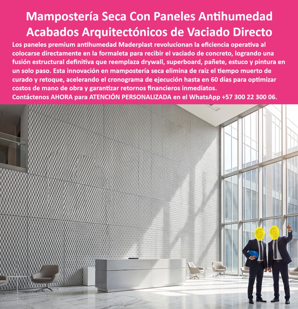 Muro Decorativo Mampostería Seca Panel Constructivo Antihumedad Maderplast Panel Premium Antihumedad panel de alta ingeniería sistema constructivo modular Mampostería seca plástica con acabado arquitectónico listo construcción limpia  Paneles antihumedad de mampostería seca con acabados arquitectónicos de vaciado directo revolucionan la eficiencia de los muros interiores. Maderplast fabrica estos paneles premium de alta ingeniería que se colocan directamente en la formaleta para recibir el vaciado de concreto. La fusión estructural resultante reemplaza en un solo paso el drywall, y superboard, el pañete, el estuco y la pintura, entregando un muro terminado con textura arquitectónica lista. En la práctica de obra el tiempo muerto de curado y retoque desaparece. El panel se posiciona como cara interior de la formaleta, el concreto se vacía y al desencofrar queda una superficie continua, antihumedad y de diseño geométrico o texturizado según especificación. El sistema constructivo modular elimina capas posteriores, reduce cuadrillas y acelera el cronograma de ejecución hasta en sesenta días, optimizando costos de mano de obra y generando retorno financiero inmediato. Esta mampostería seca plástica de acabado arquitectónico resuelve los problemas clásicos de los sistemas de placa: juntas visibles, sensibilidad a la humedad, necesidad de masilla y pintura, y retrasos por secado. El resultado es un muro de alta ingeniería, limpio y de prestaciones superiores que no requiere mantenimientos posteriores. La construcción gana velocidad, reduce desperdicios y baja de forma medible el costo total de propiedad. Los sistemas tradicionales de drywall o pañete, aunque lleguen a precio inicial bajo, terminan resultando carísimos por retrabajos, humedad residual, juntas defectuosas y tiempos muertos. Maderplast entrega una solución de ingeniería que convierte el vaciado en un acabado definitivo. Las plantas cuentan con certificación ISO 9001 en diseño y fabricación e ISO 14001 ambiental, y las piezas se validan con pruebas de laboratorio exigentes. Un director de obra de un edificio corporativo comentó: “Al colocar los paneles antihumedad Maderplast directamente en la formaleta eliminamos por completo el drywall y los pañetes interiores. El muro quedó terminado con textura arquitectónica desde el desencofrado y adelantamos el cronograma de forma notable. Cualquier sistema convencional, aunque nos lo regalaran, salía más caro por el tiempo y los retrabajos”. La evidencia que elimina la duda técnica al firmar la orden de compra está en las pruebas extremas. El video en el que una retroexcavadora, un mazo de construcción y un rotomartillo impactan directamente los materiales Maderplast demuestra una resistencia que cambia la percepción de cualquier ingeniero o arquitecto. Este registro, junto con el canal completo de validaciones, constituye el respaldo que un profesional necesita para especificar con tranquilidad. Para solicitar planos acotados, memorias de cálculo, especificación en pliegos o cotización de producción en serie, contacte directamente al Departamento de Ingeniería. Ing. Soporte Técnico: (+57) 300 22 300 06 | ingenieria@maderplast.co.