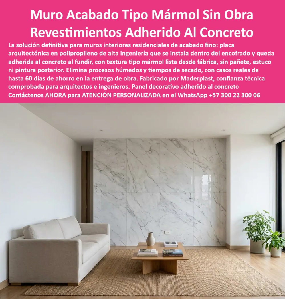 Muro Decorativo Mampostería Seca Panel Constructivo Antihumedad Maderplast Placa Arquitectónica Muros Interiores y Panel Premium Antihumedad panel de alta ingeniería sistema constructivo modular Mampostería seca plástica placa  Placas arquitectónicas de polipropileno con acabado tipo mármol se adhieren al concreto durante el vaciado y entregan muros interiores de acabado fino sin obra húmeda posterior. Maderplast fabrica estos paneles premium antihumedad de alta ingeniería que se instalan dentro de la formaleta y quedan fusionados a la estructura al desencofrar. La textura tipo mármol sale lista de fábrica, sin pañete, estuco y pintura. En proyectos residenciales y de acabado exigente el problema clásico son los procesos húmedos, los tiempos de secado y los retrabajos de superficie. Esta mampostería seca plástica elimina ese ciclo por completo. El panel se coloca como cara interior de la formaleta, el concreto se vacía y al retirar los moldes el muro queda terminado con el revestimiento decorativo ya adherido. Se suprimen cuadrillas de acabado, se eliminan juntas visibles y se adelanta la entrega de la obra hasta en sesenta días según casos reales documentados. El resultado es un muro de alta ingeniería, antihumedad y de apariencia premium que no requiere mantenimientos posteriores. El sistema constructivo modular reduce desperdicios, baja el costo de mano de obra y genera retorno financiero inmediato al acortar el cronograma. La placa mantiene su geometría y su textura sin degradarse con el tiempo. Los sistemas tradicionales de drywall, estuco o revestimientos posteriores, aunque lleguen a precio inicial bajo, terminan resultando carísimos por tiempos de secado, retrabajos, humedad residual y retrasos de entrega. Maderplast entrega una solución de ingeniería que convierte el vaciado en un acabado definitivo de nivel arquitectónico. Las plantas cuentan con certificación ISO 9001 en diseño y fabricación e ISO 14001 ambiental, y las piezas se validan con pruebas de laboratorio exigentes. Un arquitecto residente de un proyecto residencial comentó: “Al instalar las placas tipo mármol Maderplast dentro de la formaleta eliminamos por completo el pañete y la pintura interior. El muro quedó terminado desde el desencofrado y adelantamos la entrega de forma notable. Cualquier sistema convencional, aunque nos lo regalaran, salía más caro por el tiempo y los procesos húmedos”. La evidencia que elimina la duda técnica al firmar la orden de compra está en las pruebas extremas. El video en el que una retroexcavadora, un mazo de construcción y un rotomartillo impactan directamente los materiales Maderplast demuestra una resistencia que cambia la percepción de cualquier ingeniero o arquitecto. Este registro, junto con el canal completo de validaciones, constituye el respaldo que un profesional necesita para especificar con tranquilidad.Para solicitar planos acotados, memorias de cálculo, especificación en pliegos o cotización de producción en serie, contacte directamente al Departamento de Ingeniería. Ing. Soporte Técnico: (+57) 300 22 300 06 | ingenieria@maderplast.co.