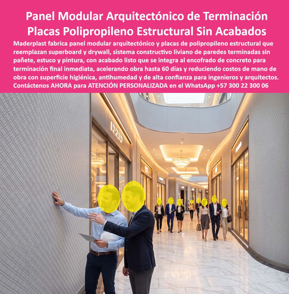 Muro Decorativo Mampostería Seca Panel Constructivo Antihumedad Maderplast sistema constructivo liviano Panel Modular Arquitectónico placa de polipropileno estructural Paneles Reemplazo de Superboard Sistema de Paredes Terminadas PP El Panel modular arquitectónico de terminación en placas de polipropileno estructural resuelve un problema que normalmente exige dos etapas separadas de obra: fundir la estructura de concreto y, después, semanas o meses más tarde, aplicar el acabado final del muro. Este sistema integra ambos procesos en uno solo — el panel se incorpora directamente al encofrado durante la fundición, de modo que cuando se retira la formaleta, el muro ya queda con su terminación arquitectónica lista, sin necesidad de pañete, estuco ni pintura posterior.  Esa integración es lo que le permite a un proyecto reducir de forma significativa su cronograma total de obra, en algunos casos documentados hasta 60 días, al eliminar por completo la etapa de acabados que tradicionalmente se ejecuta después de que la estructura ya está fundida y curada. Para un gerente de proyecto que administra la ruta crítica de una edificación, esto no es un ahorro cosmético: es la eliminación de una fase entera de obra, con su propia cuadrilla, sus propios tiempos de secado y su propio margen de error por defectos de acabado que después hay que corregir.  El sistema constructivo liviano en placas de polipropileno estructural reemplaza tanto al superboard como al drywall en aplicaciones donde antes era necesario levantar una estructura y luego revestirla en un proceso separado. Al ser un panel modular que se integra desde el momento de la fundición, el resultado es una pared terminada, de superficie higiénica y antihumedad, lista para el uso inmediato del espacio, algo que ni el superboard ni el drywall tradicional pueden ofrecer sin pasos adicionales de acabado.  Para el ingeniero y el arquitecto que deben responder ante interventoría por calidad de acabado y por cumplimiento de cronograma al mismo tiempo, este sistema resuelve ambas exigencias con una sola decisión de especificación: menos oficios coordinados en obra, menos margen para defectos de acabado post-fundición, y una superficie que desde el primer día resiste humedad y uso intensivo sin mantenimiento adicional.  Antes de integrar este sistema de panel modular a su próximo proyecto, nuestro equipo de ingeniería puede evaluar el diseño de encofrado requerido y el cronograma objetivo de su obra, para proponer la solución de paredes terminadas más adecuada. Escríbenos: (+57) 300 22 300 06 — ingenieria@maderplast.co. Maderplast: paneles que convierten la fundición en terminación final, sin las semanas de acabado que exige la construcción tradicional.  Video sugerido para este bloque: Casa plástica Maderplast — https://www.youtube.com/watch?v=TbUhZ6y9vrM