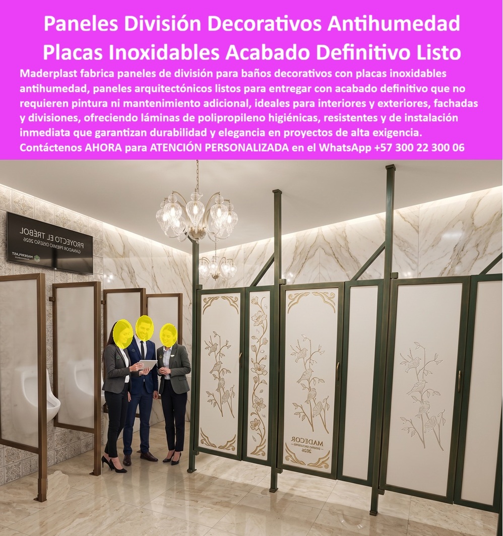 Panel Division Baños Decorativo Placa Inoxidable Antihumedad Maderplast Panel Arquitectónico Listo para Entregar acabado definitivo Paneles Decorativos para Interiores y Exteriores Paneles Fachadas y Divisiones Láminas polipropileno Paneles de división decorativos antihumedad demuestran aquí que la resistencia estructural y el diseño de alta gama no son objetivos que compitan entre sí, sino que pueden convivir en la misma placa. A diferencia de los sistemas de división funcional para bodegas o zonas industriales, este panel arquitectónico incorpora un grabado decorativo floral de acabado fino, enmarcado en estructura metálica, pensado específicamente para baños y espacios de alta exigencia estética en proyectos comerciales, hoteleros o corporativos de nivel premium.  La pregunta que se hace un arquitecto de interiores frente a un proyecto de este nivel es distinta a la de una bodega industrial: no busca solo resistencia a impacto, busca que el panel mantenga su elegancia visual con el paso del tiempo, sin que la humedad constante de un baño público degrade el grabado, opaque el acabado o genere manchas en las juntas. Las placas inoxidables antihumedad Maderplast resuelven exactamente esa exigencia: el material no absorbe humedad, no se opaca con la limpieza frecuente y conserva la nitidez de su diseño decorativo aún bajo el uso intensivo típico de un baño de alto tráfico.  Ningún panel decorativo tradicional en madera, MDF lacado o vidrio grabado ofrece esta combinación sin comprometer algo: la madera se hincha con la humedad del baño, el MDF se deteriora en las juntas expuestas al agua, y el vidrio decorativo, aunque resistente a la humedad, no ofrece la calidez visual ni la calidez del grabado floral que sí logra el polipropileno tratado de Maderplast. El resultado es un panel arquitectónico listo para entregar con acabado definitivo, que no requiere pintura ni mantenimiento adicional después de instalado, ideal tanto para interiores como para exteriores en proyectos donde la primera impresión del espacio importa tanto como su funcionalidad.  Para el arquitecto o el diseñador de interiores que especifica baños y divisiones en hoteles, centros comerciales o edificios corporativos de alta gama, esto elimina un riesgo habitual: el deterioro estético prematuro de un acabado decorativo por exposición a humedad constante, que normalmente obliga a reemplazar o restaurar paneles decorativos en pocos años. Con láminas de polipropileno antihumedad, el diseño se mantiene intacto durante toda la vida útil del espacio, protegiendo tanto la inversión estética del proyecto como su reputación frente a los usuarios finales.  Cuando su proyecto requiera paneles de división decorativos con diseño personalizado, nuestro equipo de ingeniería y diseño puede desarrollar el grabado y el acabado que su espacio arquitectónico exige, integrando estética y resistencia en una sola placa lista para instalar. Escríbenos: (+57) 300 22 300 06 — ingenieria@maderplast.co. Maderplast: donde el diseño decorativo se fabrica para durar tanto como impresiona.  Video sugerido para este bloque: Acabados plásticas para encofrados Maderplast — https://www.youtube.com/watch?v=_IV-ub_6hUY