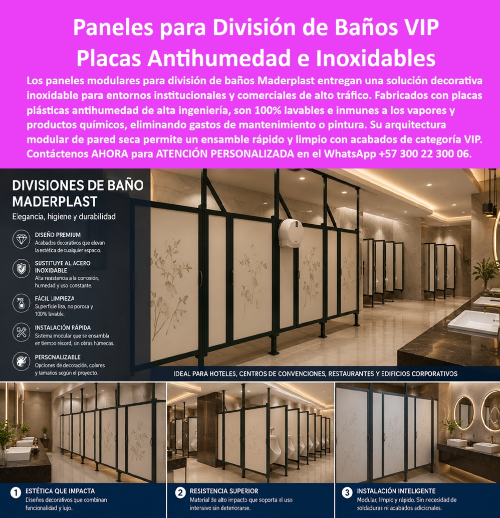 Panel Division Baños Decorativo Placa Inoxidable Antihumedad Maderplast Placa Decorativa para Muros y Paredes VIP Divisiones Modulares Lavables Paneles Antihumedad para Divisiones Paneles Plásticos para Paredes Secas Sistema de Baños  Paneles modulares para división de baños VIP con placas antihumedad e inoxidables entregan una solución decorativa de alto desempeño para entornos institucionales y comerciales de tráfico intenso. Maderplast fabrica estas divisiones con placas plásticas de alta ingeniería que son 100 % lavables, inmunes a vapores y productos químicos, y eliminan por completo los gastos de mantenimiento o repintado. Su arquitectura modular de pared seca permite un ensamble rápido y limpio con acabados de categoría VIP. En hoteles, centros de convenciones, restaurantes y edificios corporativos el problema clásico de las divisiones de baño es la corrosión, la absorción de humedad, las manchas y el deterioro visual por uso constante. Estos paneles plásticos antihumedad resuelven ese ciclo de raíz. Sustituyen al acero inoxidable tradicional con ventaja: no se oxidan, no se rayan con facilidad y mantienen su apariencia premium sin tratamientos especiales. La superficie lisa y no porosa se limpia con facilidad y resiste el uso intensivo sin degradarse. El sistema se instala de forma modular, sin soldaduras ni acabados adicionales en obra. Las opciones de decoración, colores y tamaños se adaptan al proyecto, permitiendo diseños que combinan funcionalidad y estética de alto impacto. El resultado son baños higiénicos, elegantes y de muy bajo mantenimiento que elevan la percepción del espacio mientras reducen los costos operativos a largo plazo. Las divisiones metálicas o de materiales porosos, aunque lleguen a precio inicial competitivo, terminan resultando carísimas por corrosión, manchas, repintes y reemplazos prematuros. Maderplast entrega una solución de ingeniería que convierte la división de baños en un activo durable, lavable y de apariencia permanente. Las plantas cuentan con certificación ISO 9001 en diseño y fabricación e ISO 14001 ambiental, y las piezas se validan con pruebas de laboratorio exigentes. Un gerente de mantenimiento de un hotel de alta ocupación comentó: “Sustituimos las divisiones tradicionales por los paneles antihumedad Maderplast. Eliminamos por completo los problemas de humedad y el deterioro visual. La limpieza es rápida y el aspecto se mantiene impecable. Cualquier alternativa convencional, aunque nos la regalaran, salía más cara por el mantenimiento constante”. La evidencia que elimina la duda técnica al firmar la orden de compra está en las pruebas extremas. El video en el que una retroexcavadora, un mazo de construcción y un rotomartillo impactan directamente los materiales Maderplast demuestra una resistencia que cambia la percepción de cualquier ingeniero o administrador de instalaciones. Este registro, junto con el canal completo de validaciones, constituye el respaldo que un profesional necesita para especificar con tranquilidad. Para solicitar planos, especificaciones técnicas, personalización de diseños o cotización de producción en serie, contacte directamente al Departamento de Ingeniería. Ing. Soporte Técnico: (+57) 300 22 300 06 | ingenieria@maderplast.co.
