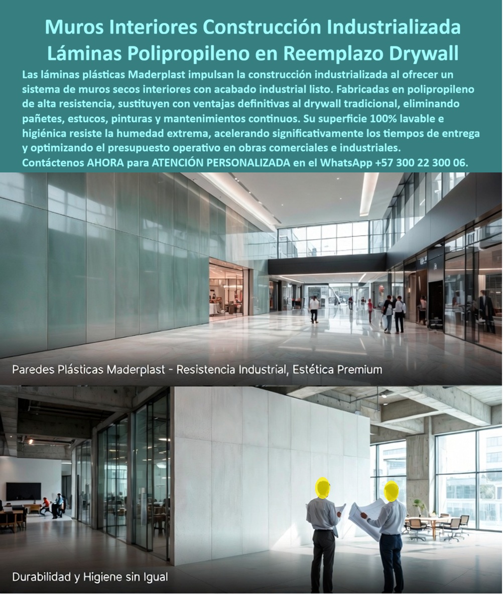 Panel Innovador Construcción Tecnificada Muros Secos Interiores Maderplast Nueva Tecnología Paneles Construcción Industrializada Láminas de polipropileno paredes exteriores acabado industrial listo Láminas Plásticas Reemplazo drywall A  Muros interiores en construcción industrializada con láminas de polipropileno reemplazan hoy al drywall tradicional en proyectos comerciales e industriales que buscan un acabado limpio, resistente y de instalación rápida, sin depender de los tiempos ni de los cuidados que exige el drywall convencional. Donde el drywall de yeso se humedece, se abomba y se deteriora ante cualquier filtración o ambiente de alta humedad, el panel de polipropileno de alta resistencia Maderplast mantiene su forma y su acabado sin absorber agua, porque su naturaleza plástica es, por definición, impermeable.  La pregunta que se hace un arquitecto de interiores antes de especificar un sistema de muro seco es directa: ¿vale la pena cambiar un material conocido por uno nuevo? La respuesta está en el proceso completo de obra que se elimina. Con drywall tradicional, un muro terminado requiere estuco, resane de juntas, pintura y, en zonas húmedas, tratamientos adicionales contra hongos y humedad — cada uno de esos pasos suma días de cronograma y cuadrillas especializadas distintas. Con láminas de polipropileno, el panel llega con acabado industrial listo, eliminando pañetes, estucos y pinturas de terminado, lo que se traduce en menos oficios coordinados en obra y una reducción real del tiempo de entrega del proyecto.  Para operaciones comerciales e industriales donde la higiene es un requisito constante —zonas de manejo de alimentos, áreas de salud, plantas de producción, baños y vestieres de alto tráfico—, la superficie del panel Maderplast es altamente lavable, lo que permite limpieza frecuente con agua y detergente sin deteriorar el acabado ni generar el hongo o la mancha de humedad típica del drywall en ambientes de uso intensivo. Esa combinación de resistencia a la humedad constante e higiene de superficie es la que convierte a este sistema en la opción preferida para muros interiores de construcción tecnificada, donde el mantenimiento continuo del acabado representa un costo operativo recurrente que ningún gerente de obra o de mantenimiento quiere seguir pagando año tras año.  El sistema también resuelve una necesidad de personalización que muchas veces se pierde de vista: el panel puede recibir pintura o recubrimiento posterior según el diseño interior que busque el proyecto, funcionando tanto como acabado final en su estado natural, como sustrato paintable para quien prefiera integrarlo a una paleta de color o un acabado arquitectónico específico. Así lo demuestra su aplicación real en proyectos comerciales de alto tráfico, donde el panel se ha instalado como base estructural del muro seco y posteriormente recubierto según las necesidades estéticas del espacio.  Antes de definir el sistema de muro seco interior de su próximo proyecto comercial o industrial, nuestro equipo de ingeniería puede evaluar el uso del espacio, el nivel de humedad esperado y el acabado deseado, y proponer la solución en polipropileno de alta resistencia adecuada. Escríbenos: (+57) 300 22 300 06 — ingenieria@maderplast.co. Maderplast: paneles que industrializan el muro interior, sin los tiempos ni los cuidados que exige el drywall tradicional.  Imágenes de referencia: montaje ilustrativo de posible aplicación del panel Maderplast en espacios comerciales.  Video sugerido para este bloque: Acabados plásticas para encofrados Maderplast — https://www.youtube.com/watch?v=_IV-ub_6hUY