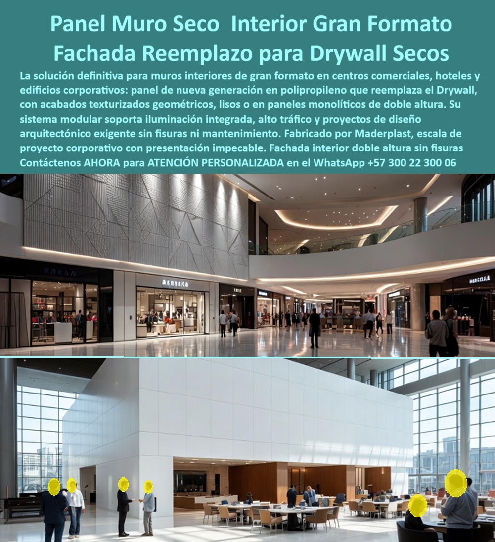 Panel Innovador Construcción Tecnificada Muros Secos Interiores Maderplast Panel de nueva generación Reemplazo drywall fachadas Placas de polipropileno para Reemplazo drywall fachadas arquitectónicas de alta tecnología Panel PP  Paneles de Polipropileno para Muros Secos Interiores: La Nueva Generación de Fachadas Arquitectónicas que Supera al Drywall en Espacios Corporativos y Comerciales  La imagen presenta una aplicación de paneles de nueva generación para muros secos interiores, desarrollados para crear fachadas arquitectónicas de gran formato en centros comerciales, edificios corporativos, hoteles, aeropuertos, hospitales, centros de convenciones y espacios institucionales de alto nivel. Se observan superficies continuas, paneles monolíticos de doble altura y acabados arquitectónicos de alta precisión que aportan una imagen moderna, elegante y permanente. Estos paneles de polipropileno para reemplazo de drywall permiten desarrollar diseños contemporáneos con geometrías lisas o texturizadas, iluminación integrada y una excelente estabilidad dimensional, ofreciendo una alternativa de ingeniería para proyectos donde la apariencia, la durabilidad y el bajo mantenimiento son requisitos fundamentales.  La arquitectura interior moderna exige materiales capaces de soportar el uso intensivo sin perder su calidad estética. En espacios de alta circulación como centros comerciales, edificios empresariales, hoteles, clínicas, universidades, museos y terminales de transporte, los acabados deben conservar su apariencia durante muchos años sin presentar fisuras, desprendimientos, humedad o deformaciones. Precisamente por ello, los paneles PP para muros interiores, las placas de polipropileno para reemplazo de drywall, las fachadas arquitectónicas de alta tecnología, los paneles modulares de gran formato, los muros secos interiores, las fachadas interiores de doble altura y los sistemas constructivos tecnificados constituyen una evolución importante frente a soluciones tradicionales que requieren frecuentes reparaciones y mantenimiento continuo.  Desde el punto de vista de la ingeniería arquitectónica, una de las mayores ventajas del polipropileno técnico consiste en su estabilidad frente a la humedad ambiental y los cambios dimensionales. Mientras algunos sistemas tradicionales pueden presentar fisuras en juntas, deterioro por humedad o daños ocasionados por impactos durante la operación cotidiana, los paneles desarrollados por Maderplast ofrecen una superficie resistente, uniforme y preparada para conservar sus propiedades durante largos periodos de servicio. Esto resulta especialmente importante en edificios donde la continuidad de la operación impide realizar mantenimientos frecuentes o remodelaciones permanentes.  Otro aspecto visible en la imagen es la libertad de diseño que proporciona el sistema. Los paneles permiten fabricar superficies completamente lisas, acabados geométricos personalizados, texturas arquitectónicas, revestimientos monolíticos, muros curvos, elementos decorativos de gran formato y soluciones especiales adaptadas al diseño interior de cada proyecto. Además, pueden integrar iluminación indirecta, registros técnicos, accesos ocultos, sistemas de climatización y canalizaciones internas sin afectar la estética general del espacio, permitiendo desarrollar proyectos donde arquitectura, ingeniería y funcionalidad trabajan de manera completamente integrada.  Para un arquitecto, un diseñador de interiores, un gerente de infraestructura o un director de proyectos, la decisión técnica no depende únicamente del costo del panel. La verdadera rentabilidad aparece cuando el sistema conserva su apariencia durante años, reduce intervenciones de mantenimiento, disminuye los costos de reparación, facilita la limpieza y mantiene la imagen corporativa del edificio sin interrupciones operativas. Ese análisis corresponde al costo total de propiedad, criterio cada vez más utilizado por inversionistas y responsables de especificaciones técnicas en proyectos institucionales y comerciales de gran escala.  Maderplast desarrolla estos paneles innovadores para construcción tecnificada mediante procesos industriales especializados en plásticos de ingeniería, diseño propio y fabricación a la medida para cada proyecto. La empresa cuenta con sistemas certificados bajo ISO 9001 para gestión de calidad e ISO 14001 para gestión ambiental, respaldando cada desarrollo con procesos industriales controlados, experiencia en diseño y fabricación de productos especiales y capacidad para producir soluciones arquitectónicas personalizadas en Colombia para proyectos nacionales e internacionales.  Diversos clientes corporativos han implementado este tipo de paneles en proyectos donde la calidad estética y la durabilidad constituyen factores prioritarios. Por acuerdos de confidencialidad no se publican los nombres de todos los desarrollos realizados; sin embargo, Maderplast puede suministrar referencias comerciales, mostrar proyectos ejecutados, elaborar prototipos, renders, planos constructivos y fabricar muestras físicas para validar acabados, texturas y sistemas de instalación antes de iniciar la producción en serie. Cuando el cliente requiere mayor respaldo técnico, también pueden realizarse pruebas específicas en laboratorios acreditados sobre las propiedades del material.  La inversión en paneles de polipropileno para reemplazo de drywall, fachadas arquitectónicas interiores, paneles PP de gran formato, muros secos de alta tecnología y sistemas modulares para arquitectura corporativa representa una decisión orientada a obtener espacios más duraderos, elegantes y eficientes. Más que sustituir un revestimiento tradicional, significa incorporar una solución diseñada para disminuir mantenimientos, reducir costos ocultos, conservar una excelente presentación y ofrecer libertad de diseño durante toda la vida útil del edificio. Cuando un proyecto busca combinar arquitectura contemporánea, ingeniería, funcionalidad y bajo mantenimiento, las soluciones desarrolladas por Maderplast constituyen una alternativa técnica preparada para responder a las exigencias de la construcción moderna.  Descripción Ficha técnica Resumida del producto:  Paneles de polipropileno para muros secos interiores, reemplazo de drywall, fachadas arquitectónicas de gran formato, paneles PP de alta tecnología y sistemas modulares para edificios corporativos, hoteles y centros comerciales. Solución Maderplast para interiores modernos con alta durabilidad, excelente acabado y mínimo mantenimiento.  Contáctenos ahora mismo por WhatsApp y reciba atención personalizada de un asesor especializado: +57 300 22 300 06.