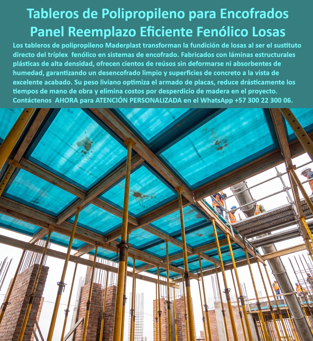 Tableros De Polipropileno Para Encofrados De Concreto Maderplast Sistema de Encofrado Plástico Panel plástico losa de concreto Láminas estructurales plásticas vaciado de losas Placa de polipropileno de placas Reemplazo de fenólico Tableros de Polipropileno para Encofrados de Concreto: La Solución Técnica que Reemplaza el Fenólico y Optimiza la Construcción de Losas  La imagen evidencia un sistema de tableros de polipropileno para encofrados de concreto instalado en la fundición de una losa estructural, donde las láminas estructurales plásticas para vaciado de losas trabajan como superficie de contacto con el concreto, apoyadas sobre una retícula convencional de vigas y puntales. Esta solución ha sido desarrollada para reemplazar el tablero fenólico tradicional mediante un sistema de encofrado plástico de alta durabilidad, capaz de soportar múltiples ciclos de trabajo sin absorber humedad, sin deformarse y manteniendo una excelente calidad superficial durante toda la vida útil del proyecto. El resultado es una plataforma técnica que mejora la productividad, reduce costos operativos y proporciona acabados inferiores uniformes que cumplen con los estándares de la construcción moderna.  En la actualidad, las constructoras buscan sistemas que permitan acelerar la ejecución de edificios sin comprometer la calidad estructural ni incrementar los costos de mantenimiento. Por ello, el uso de paneles plásticos para losas de concreto, placas de polipropileno para encofrados, tableros reutilizables para formaletas, paneles estructurales plásticos, formaletas plásticas, placas para formaletas, paneles para encofrado, tableros para encofrado, tecnología de encofrados y soluciones constructivas representa una evolución importante frente a materiales convencionales cuya vida útil suele verse limitada por la humedad, el desgaste y las deformaciones producidas por el uso continuo.  Desde el punto de vista de la ingeniería del concreto, una superficie estable y dimensionalmente uniforme contribuye directamente a mejorar la calidad del vaciado. El polipropileno posee baja absorción de humedad, excelente comportamiento frente a ambientes agresivos y una reducida adherencia al concreto, permitiendo desencofrados más limpios y disminuyendo significativamente la necesidad de reparaciones superficiales. Como consecuencia, es posible obtener concreto a la vista, acabados arquitectónicos y acabados permanentes con menor inversión en mano de obra, menos desperdicio de materiales y una mayor eficiencia durante las etapas posteriores de la construcción.  Otro beneficio relevante radica en la facilidad de manipulación de los paneles. Su menor peso respecto a otras alternativas facilita el transporte interno, acelera el montaje del sistema y mejora las condiciones de trabajo del personal en obra. En proyectos donde diariamente se instalan cientos o miles de metros cuadrados de formaleta, esta reducción de tiempos genera un efecto acumulativo que incrementa la productividad general del proyecto y permite desarrollar procesos propios de la construcción industrializada, la construcción inteligente y la construcción acelerada, conceptos cada vez más utilizados en edificaciones de gran escala.  Para un director de obra, un residente o un gerente técnico, el verdadero análisis no consiste únicamente en comparar el precio de compra de un tablero. La decisión profesional debe considerar el costo total durante toda la ejecución del proyecto. Un sistema que conserva sus propiedades durante numerosos ciclos de reutilización, reduce desperdicios, disminuye tiempos de limpieza, evita deformaciones y mantiene acabados constantes termina generando una rentabilidad considerablemente superior a la obtenida con materiales que requieren reposiciones frecuentes o generan reprocesos permanentes.  Los tableros de polipropileno para encofrados de concreto fabricados por Maderplast hacen parte de una línea de soluciones desarrolladas específicamente para aplicaciones estructurales. La empresa diseña y fabrica productos en plásticos técnicos mediante procesos industriales controlados, respaldados por sistemas certificados bajo ISO 9001 para gestión de calidad e ISO 14001 para gestión ambiental. Adicionalmente, dispone de pruebas de laboratorio, ensayos de resistencia y demostraciones reales que permiten validar el comportamiento de sus materiales bajo condiciones exigentes de trabajo, ofreciendo al especificador información técnica que facilita una decisión fundamentada.  Diversas constructoras que utilizan este sistema destacan que la mayor ventaja obtenida ha sido la estabilidad del proceso constructivo, la reducción de tiempos improductivos y la calidad constante del concreto terminado. Por acuerdos de confidencialidad no se publican sus nombres, pero Maderplast puede presentar referencias comerciales, antecedentes de suministro y realizar demostraciones técnicas cuando un proyecto requiera validar el desempeño del producto. Incluso, cuando el cliente desea una verificación independiente, es posible efectuar ensayos en laboratorios acreditados para confirmar las propiedades del material antes de su implementación.  La inversión en un sistema de encofrado plástico, en paneles plásticos para losas, en placas de polipropileno y en tableros estructurales reutilizables significa invertir en productividad, confiabilidad y tranquilidad técnica. Más que sustituir el tablero fenólico, representa adoptar una tecnología diseñada para disminuir riesgos, reducir costos ocultos, optimizar la ingeniería del concreto y mejorar la competitividad de la obra durante todo su ciclo constructivo. Esa visión de largo plazo es la que convierte a Maderplast en un aliado estratégico para quienes priorizan desempeño, calidad y eficiencia sobre decisiones basadas únicamente en el precio inicial.  Descripción Ficha técnica Resumida del producto:  Tableros de polipropileno para encofrados de concreto, sistema de encofrado plástico, paneles estructurales para losas, placas de polipropileno y reemplazo técnico del tablero fenólico. Solución Maderplast para construcción industrializada, concreto a la vista, mayor reutilización, menor mantenimiento y alta productividad en obras.  Contáctenos ahora mismo por WhatsApp y reciba atención personalizada de un asesor especializado: +57 300 22 300 06.