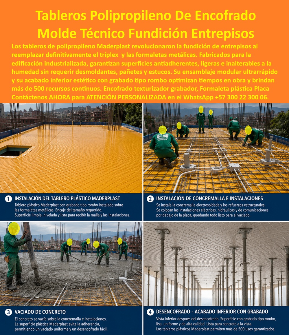Tableros De Polipropileno Placa Encofrado Texturizado Grabado Maderplast Molde construcción de placas Tablero técnico fundición de entrepisos Encofrado Plástico Placas de Concreto Tableros Plásticos Encofrado Panel formaleta plástica Tableros de polipropileno de encofrado con grabado tipo rombo en la cara inferior revolucionan la fundición de entrepisos. Estos moldes técnicos de Maderplast reemplazan de forma definitiva el triplay fenólico y las formaletas metálicas convencionales. Fabricados para edificación industrializada, entregan superficies antiadherentes, ligeras e inalterables a la humedad, sin requerir desmoldantes, pañetes y estucos. El ensamblaje modular ultrarrápido y el acabado inferior texturizado optimizan los tiempos de obra y garantizan más de quinientos usos continuos. En la práctica de obra el proceso se vuelve predecible y limpio. El tablero plástico se instala sobre las formaletas metálicas, se nivela y queda listo para recibir la concre malla electrosoldada y las instalaciones eléctricas, hidráulicas y de comunicaciones. Al vaciar el concreto, la superficie plástica evita la adherencia, permite un llenado uniforme y facilita el desencofrado. Una vez retirados los tableros, la cara inferior de la losa muestra el grabado tipo rombo perfecto, listo para concreto a la vista de alta calidad arquitectónica. Esta tecnología de encofrados plásticos elimina los problemas crónicos del fenólico: hinchazón por humedad, pérdida de planicidad, marcas de madera y la necesidad de resanes posteriores. Los tableros plásticos de encofrado y los paneles de formaleta plástica de Maderplast mantienen tolerancia dimensional ciclo tras ciclo. La construcción de placas y la fundición de entrepisos se vuelve más rápida, más limpia y más económica en el costo total de propiedad. El director de obra gana control real sobre el cronograma y reduce de raíz los reclamos por calidad de superficie. Los sistemas tradicionales, aunque lleguen a precio bajo, terminan resultando carísimos por degradación, desperdicio de material, cuadrillas de resane y atrasos. Maderplast entrega una solución de ingeniería del concreto que convierte cada vaciado en un activo reutilizable de alta rotación. Las plantas cuentan con certificación ISO 9001 en diseño y fabricación e ISO 14001 ambiental, y las piezas se validan con pruebas de laboratorio exigentes. Un residente de obra de un edificio de varios pisos comentó: “Pasamos de cambiar tableros fenólicos cada pocos usos a trabajar con los mismos paneles de polipropileno durante más de quinientos vaciados. El grabado rombo quedó perfecto en todas las losas y eliminamos por completo la cuadrilla de pañetes. Cualquier alternativa, aunque nos la regalaran, salía más cara por los reprocesos y el tiempo perdido”. La evidencia que elimina la duda técnica al firmar la orden de compra está en las pruebas extremas. El video en el que una retroexcavadora, un mazo de construcción y un rotomartillo impactan directamente las placas Maderplast demuestra una resistencia que cambia la percepción de cualquier ingeniero. Este registro, junto con el canal completo de validaciones, las formaletas en vaciado real y los acabados de superficie, constituye el respaldo que un profesional necesita para especificar con tranquilidad.Para solicitar planos acotados, memorias de cálculo, especificación en pliegos o cotización de producción en serie, contacte directamente al Departamento de Ingeniería. Ing. Soporte Técnico: (+57) 300 22 300 06 | ingenieria@maderplast.co.