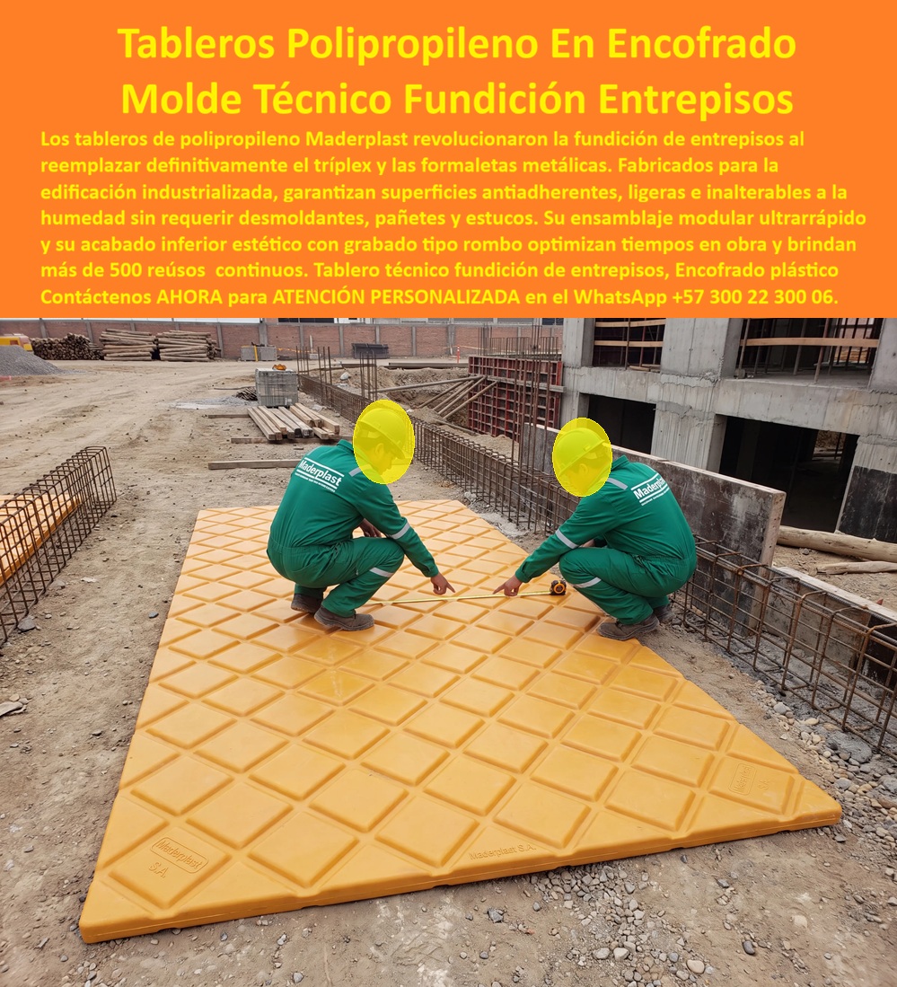 Tableros De Polipropileno Placa Encofrado Texturizador Grabado Maderplast Tableros Polipropileno Encofrado Tablero fenólico Láminas Plásticas Encofrar Sistema de Encofrado Plástico Entrepisos Lámina plástica industrial concreto PP Tableros de Polipropileno Texturizados para Encofrados: Ingeniería de Alto Desempeño que Reemplaza el Fenólico en la Fundición de Entrepisos  La imagen presenta una nueva generación de tableros de polipropileno para encofrados desarrollados para responder a las exigencias de la construcción industrializada moderna. Se observa una placa de encofrado texturizada con grabado tipo rombo, fabricada en polipropileno de alto desempeño, diseñada para funcionar como molde técnico durante la fundición de entrepisos y losas de concreto. Su geometría superficial mejora la rigidez del panel, optimiza la distribución de esfuerzos durante el vaciado y proporciona una superficie estable para el trabajo continuo en obra. Este desarrollo representa una evolución frente al tradicional tablero fenólico, al ofrecer una solución reutilizable, resistente a la humedad, de baja adherencia al concreto y preparada para ciclos intensivos de producción.  En los proyectos actuales de vivienda, edificaciones institucionales, hospitales, centros comerciales, plantas industriales e infraestructura pública, la productividad depende de reducir tiempos de montaje, simplificar el desencofrado y mantener un estándar constante de calidad superficial. Por ello, las láminas plásticas para encofrar, los tableros de polipropileno para encofrado, el sistema de encofrado plástico para entrepisos, las placas para formaletas, los paneles para encofrado, los tableros para encofrado reutilizables y las láminas plásticas industriales para concreto se han convertido en una alternativa técnica cada vez más utilizada por constructoras que buscan mejorar el rendimiento global de sus obras.  Desde la perspectiva de la ingeniería del concreto, una de las principales ventajas consiste en la estabilidad dimensional del polipropileno frente a la humedad y a las condiciones ambientales propias de la construcción. A diferencia de materiales que absorben agua, se deforman o requieren constantes reparaciones, estas placas macizas de polipropileno conservan sus dimensiones, mantienen una superficie uniforme y facilitan el desencofrado sin afectar el acabado del concreto. Esta condición reduce considerablemente los trabajos de limpieza, disminuye el consumo de desmoldantes y contribuye a obtener concreto a la vista, acabados arquitectónicos y acabados permanentes con menor necesidad de resanes posteriores.  La textura grabada tipo rombo visible en el panel no cumple únicamente una función estética. Hace parte de un diseño técnico que incrementa la rigidez superficial, mejora el comportamiento estructural del tablero durante el vaciado y contribuye a distribuir las cargas de trabajo de manera más uniforme. Este tipo de desarrollo demuestra cómo la fabricación de paneles plásticos para construcción ha evolucionado desde simples sustitutos del tablero fenólico hacia verdaderos componentes de ingeniería concebidos para aumentar la productividad, prolongar la vida útil del sistema y reducir el costo operativo por metro cuadrado construido.  Para los directores de obra, ingenieros residentes y responsables de compras, el criterio determinante ya no consiste únicamente en comparar precios unitarios, sino en analizar el comportamiento del sistema durante cientos de ciclos de utilización. La verdadera economía aparece cuando un tablero mantiene su calidad durante reutilizaciones continuas, reduce tiempos de montaje, disminuye desperdicios, acelera la construcción y evita reclamaciones por defectos superficiales. Ese enfoque corresponde al análisis del costo total de propiedad, una metodología ampliamente utilizada en proyectos donde la eficiencia operacional resulta mucho más importante que el menor precio inicial.  Maderplast desarrolla estas soluciones mediante procesos industriales especializados, fabricación nacional de plásticos técnicos y diseño propio orientado a aplicaciones estructurales. La empresa cuenta con procesos certificados bajo ISO 9001 para gestión de calidad e ISO 14001 para gestión ambiental, complementados con ensayos de laboratorio, pruebas de impacto y demostraciones reales de resistencia que permiten respaldar técnicamente cada especificación. Cuando un proyecto requiere verificaciones adicionales, pueden realizarse ensayos en laboratorios acreditados para validar el comportamiento del producto bajo las condiciones particulares definidas por el cliente.  Diversas constructoras que han implementado este sistema destacan la estabilidad del tablero, la facilidad de limpieza y la disminución de tiempos improductivos durante el proceso de desencofrado. Por acuerdos de confidencialidad no se divulgan públicamente sus nombres, pero Maderplast puede suministrar referencias comerciales, evidencias de suministro y demostraciones técnicas durante el proceso de evaluación. Esa política de respaldo disminuye el riesgo percibido por quienes deben aprobar especificaciones técnicas y firmar órdenes de compra para proyectos de alta responsabilidad.  La inversión en tableros de polipropileno para encofrado, láminas plásticas para concreto, paneles estructurales de polipropileno y tecnología de encofrados representa mucho más que sustituir un tablero fenólico. Significa incorporar un sistema diseñado para aumentar la productividad, mejorar la calidad del concreto, reducir reprocesos y ofrecer mayor confiabilidad durante toda la ejecución de la obra. Cuando el objetivo consiste en construir más rápido, con mejor acabado, menor mantenimiento y mayor tranquilidad técnica, los sistemas desarrollados por Maderplast constituyen una solución sólida para la construcción inteligente y la ingeniería del concreto contemporáneo.  Descripción Ficha técnica Resumida del producto:  Tableros de polipropileno para encofrado con grabado texturizado tipo rombo, reemplazo técnico del tablero fenólico para fundición de entrepisos y losas de concreto. Láminas plásticas industriales reutilizables, de baja adherencia y alta durabilidad para construcción industrializada, concreto a la vista y sistemas de encofrado de alto rendimiento.  Contáctenos ahora mismo por WhatsApp y reciba atención personalizada de un asesor especializado: +57 300 22 300 06.