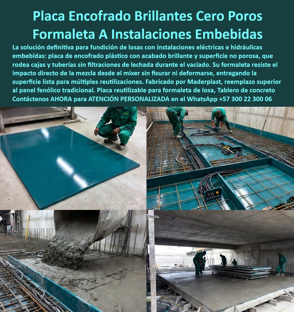 Tableros De Polipropileno Placa Encofrados De Concreto Maderplast Placa encofrado plástico losas Tablero Formaletas de Losas de Concreto Tablero Plástico Encofrados Concreto Sistema de Paneles Encofrados Reutilizables Panel fenólico  Placas de encofrado de polipropileno con superficie brillante y cero poros resuelven de raíz la fundición de losas con instalaciones eléctricas e hidráulicas embebidas. Estas formaletas plásticas de Maderplast rodean cajas, tuberías y conductos sin permitir filtraciones de leche durante el vaciado. La cara no porosa y de alto brillo evita la adherencia del concreto, resiste el impacto directo de la mezcla desde el mixer sin fisurar ni deformarse y entrega una superficie lista para múltiples reutilizaciones. En obra el tablero se coloca sobre la estructura de formaleta, se adapta con precisión a los pasos de instalaciones y queda perfectamente sellado. Al vaciar, el concreto fluye de manera uniforme sin filtrarse por las juntas ni manchar los elementos embebidos. El desencofrado es limpio y rápido. La losa queda con acabado inferior de alta calidad y el mismo panel regresa al ciclo de trabajo sin pérdida de planicidad ni de brillo. Esta tecnología elimina los problemas crónicos del panel fenólico tradicional: porosidad, absorción de humedad, hinchazón, pérdida de geometría y la necesidad de resanes posteriores. Los tableros plásticos de encofrado y el sistema de paneles reutilizables de Maderplast mantienen su desempeño ciclo tras ciclo. La construcción de losas gana velocidad, reduce desperdicios y baja de forma real el costo total de propiedad. Cada placa se convierte en un activo de alta rotación que soporta cientos de usos. Los sistemas convencionales, aunque lleguen a precio bajo, terminan resultando carísimos por degradación, filtraciones, reprocesos y retrasos. Maderplast entrega una solución de ingeniería del concreto que convierte cada vaciado en un resultado predecible y reutilizable. Las plantas cuentan con certificación ISO 9001 en diseño y fabricación e ISO 14001 ambiental, y las piezas se validan con pruebas de laboratorio exigentes. Un residente de obra comentó: “Con las placas brillantes de polipropileno Maderplast eliminamos las filtraciones alrededor de las instalaciones embebidas y el desencofrado quedó limpio desde el primer uso. Los mismos tableros siguen trabajando sin deformarse. Cualquier alternativa, aunque nos la regalaran, salía más cara por los reprocesos y el tiempo perdido”. La evidencia que elimina la duda técnica al firmar la orden de compra está en las pruebas extremas. El video en el que una retroexcavadora, un mazo de construcción y un rotomartillo impactan directamente las placas Maderplast demuestra una resistencia que cambia la percepción de cualquier ingeniero. Este registro, junto con el canal completo de validaciones, las formaletas en vaciado real y los acabados de superficie, constituye el respaldo que un profesional necesita para especificar con tranquilidad. Para solicitar planos acotados, memorias de cálculo, especificación en pliegos o cotización de producción en serie, contacte directamente al Departamento de Ingeniería. Ing. Soporte Técnico: (+57) 300 22 300 06 | ingenieria@maderplast.co.