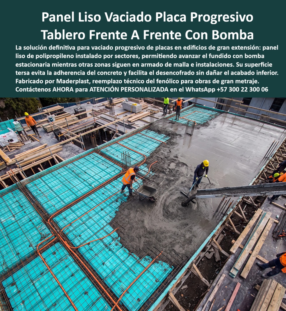 Tableros De Polipropileno Placa Vaciado Concreto Reemplazo del Fenólico Maderplast Tablero Vaciado de Placas de Concreto Tablero Plástico Encofrados de Concreto Paneles plásticos lisos encofrado de losas Láminas Paneles Polipropileno Tableros de Polipropileno para Vaciado Progresivo de Placas de Concreto: La Evolución Técnica que Reemplaza al Fenólico en Obras de Alto Rendimiento  La imagen muestra un sistema moderno de tableros de polipropileno para vaciado progresivo de placas de concreto, donde los paneles plásticos lisos se instalan por sectores para permitir que el concreto sea bombeado mientras otras áreas continúan en proceso de armado de acero, instalación de redes técnicas y preparación estructural. Esta metodología representa uno de los avances más importantes en construcción tecnificada porque optimiza la secuencia constructiva, mejora el aprovechamiento del personal y reduce considerablemente los tiempos improductivos dentro de la obra. Los tableros plásticos para encofrados de concreto, desarrollados por Maderplast como reemplazo técnico del tablero fenólico convencional, ofrecen una superficie completamente lisa que facilita el vaciado, disminuye la adherencia del concreto y permite obtener acabados de excelente calidad con menor necesidad de correcciones posteriores.  En proyectos de edificios, hospitales, centros comerciales, conjuntos residenciales, hoteles, plantas industriales e infraestructura institucional, la productividad depende de que varias actividades puedan ejecutarse simultáneamente sin interferencias. Precisamente por ello los paneles plásticos lisos para encofrado de losas, las placas para formaletas, las láminas de polipropileno para vaciado de concreto, los tableros para encofrado reutilizables y los paneles estructurales de polipropileno permiten desarrollar un vaciado progresivo frente a frente con bomba estacionaria, manteniendo un flujo continuo de producción que disminuye tiempos muertos, mejora la logística del concreto y acelera el avance general de la estructura.  Desde el punto de vista de la ingeniería del concreto, uno de los mayores beneficios consiste en conservar una superficie uniforme durante toda la operación. La baja adherencia característica del polipropileno facilita el desencofrado sin deteriorar el concreto a la vista, reduce la utilización de desmoldantes y disminuye significativamente los trabajos de resane. Esto convierte al sistema en una excelente alternativa para formaletas plásticas, camillas para encofrados de concreto, tecnología de encofrados, construcción inteligente, construcción acelerada, construcción industrializada, soluciones constructivas y acabados arquitectónicos donde la calidad superficial tiene un impacto directo sobre los costos finales del proyecto.  El constructor moderno ya no evalúa únicamente cuánto cuesta comprar un tablero; analiza cuánto cuesta producir cada metro cuadrado de los terminados. Cuando un sistema permite reutilización intensiva, limpieza rápida, menor consumo de mano de obra, reducción de desperdicios, menor mantenimiento y ciclos constructivos más cortos, el costo total de propiedad resulta considerablemente más favorable que el de materiales tradicionales. Esa diferencia económica no siempre aparece en la cotización inicial, pero sí se refleja durante toda la ejecución de la obra mediante menores reprocesos, menos reclamaciones y mayor productividad de los equipos de trabajo.  Para los ingenieros residentes, directores de obra y responsables de compras, otro aspecto determinante es la confiabilidad del proveedor. Maderplast fabrica estos tableros mediante procesos industriales controlados, desarrolla soluciones a la medida para grandes proyectos y cuenta con certificaciones ISO 9001 para gestión de calidad e ISO 14001 para gestión ambiental en diseño y desarrollo de productos. A ello se suman ensayos de laboratorio, pruebas de impacto, demostraciones de resistencia y videos donde los materiales son sometidos a condiciones extremas de trabajo, proporcionando evidencias objetivas que ayudan a disminuir el riesgo técnico antes de aprobar una especificación.  Diversos clientes industriales y constructoras que han implementado este sistema destacan que la mayor ventaja no ha sido únicamente la reutilización de los tableros, sino la reducción de retrasos y la mejora en la coordinación de la obra. Por políticas de confidencialidad no se publican sus nombres, pero Maderplast puede presentar referencias comerciales, soportes de suministro y demostraciones técnicas durante el proceso de evaluación. Cuando un cliente requiere mayor tranquilidad, también es posible realizar pruebas adicionales en laboratorios acreditados para verificar el desempeño del producto bajo las condiciones específicas de su proyecto.  Al seleccionar un sistema de tableros de polipropileno para vaciado de placas de concreto, la decisión no debe basarse exclusivamente en el precio inicial. La verdadera rentabilidad proviene de disponer de un sistema que permita producir más metros cuadrados por jornada, obtener mejores acabados, disminuir mantenimientos, reducir reclamaciones y ofrecer mayor seguridad técnica durante toda la ejecución de la estructura. Esa combinación de productividad, durabilidad, respaldo técnico y confiabilidad convierte a los tableros plásticos Maderplast en una solución de alto valor para la ingeniería moderna, donde la prioridad ya no es comprar el material más económico, sino especificar la alternativa que proporcione mayor rendimiento, menor riesgo y mejores resultados durante toda la vida útil del proyecto.  Descripción Ficha técnica Resumida del producto:  Tableros de polipropileno para vaciado progresivo de placas de concreto, reemplazo técnico del fenólico, paneles plásticos lisos para encofrado de losas y formaletas reutilizables. Solución Maderplast para acelerar obras, mejorar acabados, reducir reprocesos y aumentar la productividad en proyectos de construcción industrializada.  Contáctenos ahora mismo por WhatsApp y reciba atención personalizada de un asesor especializado: +57 300 22 300 06.
