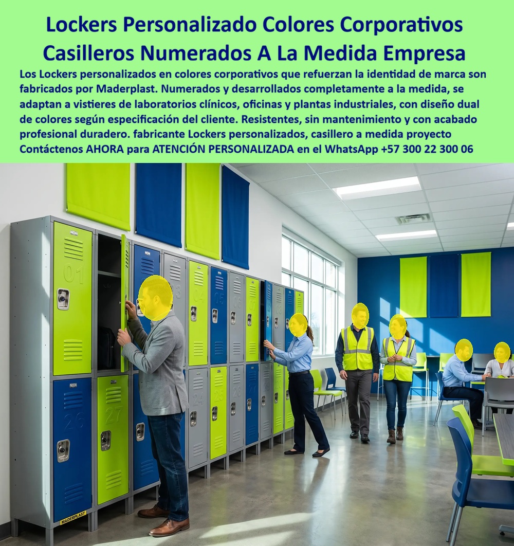 Casilleros Personalizados Para Empresas Lockers con logotipo Maderplast Locker numerado en dos colores corporativos para vestier de laboratorio clínico Cada proyecto se desarrolla completamente a la medida Casilleros personalizados VIP