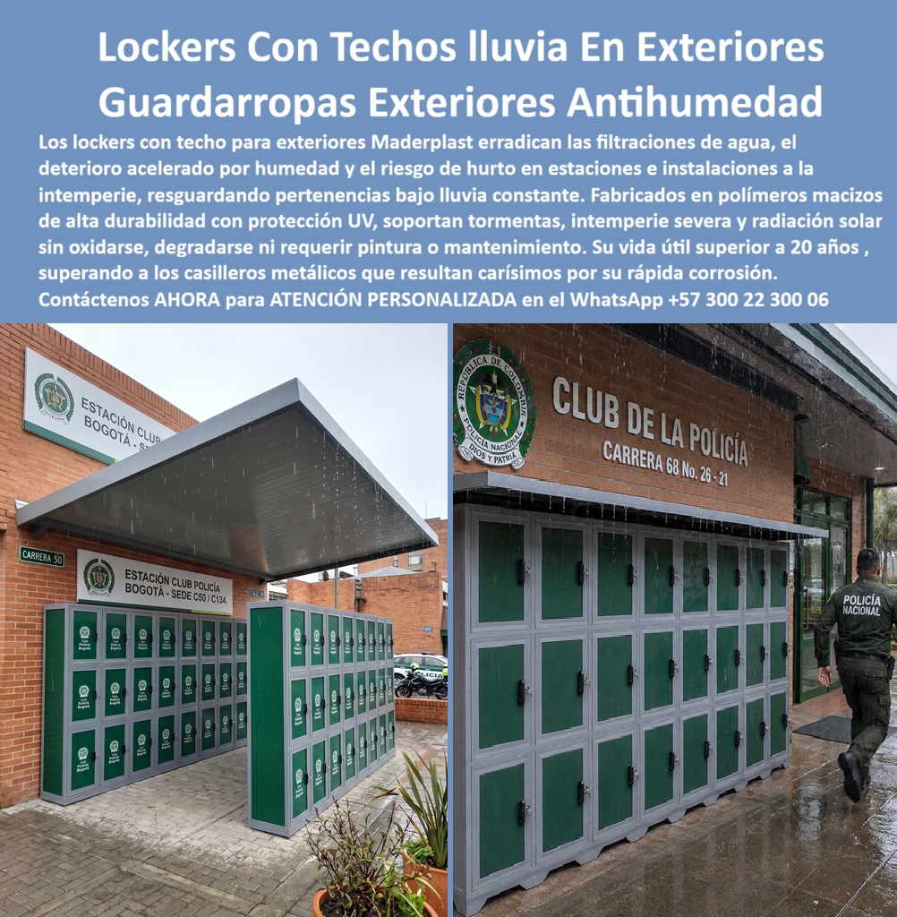 Lockers Exteriores Impermeable A Lluvia Y Sol Casilleros exterior Maderplast Lockers con techo para exteriores que evitan filtración Guardarropa exterior antihumedad protege pertenencias bajo lluvia constante Locker resistente al agua A