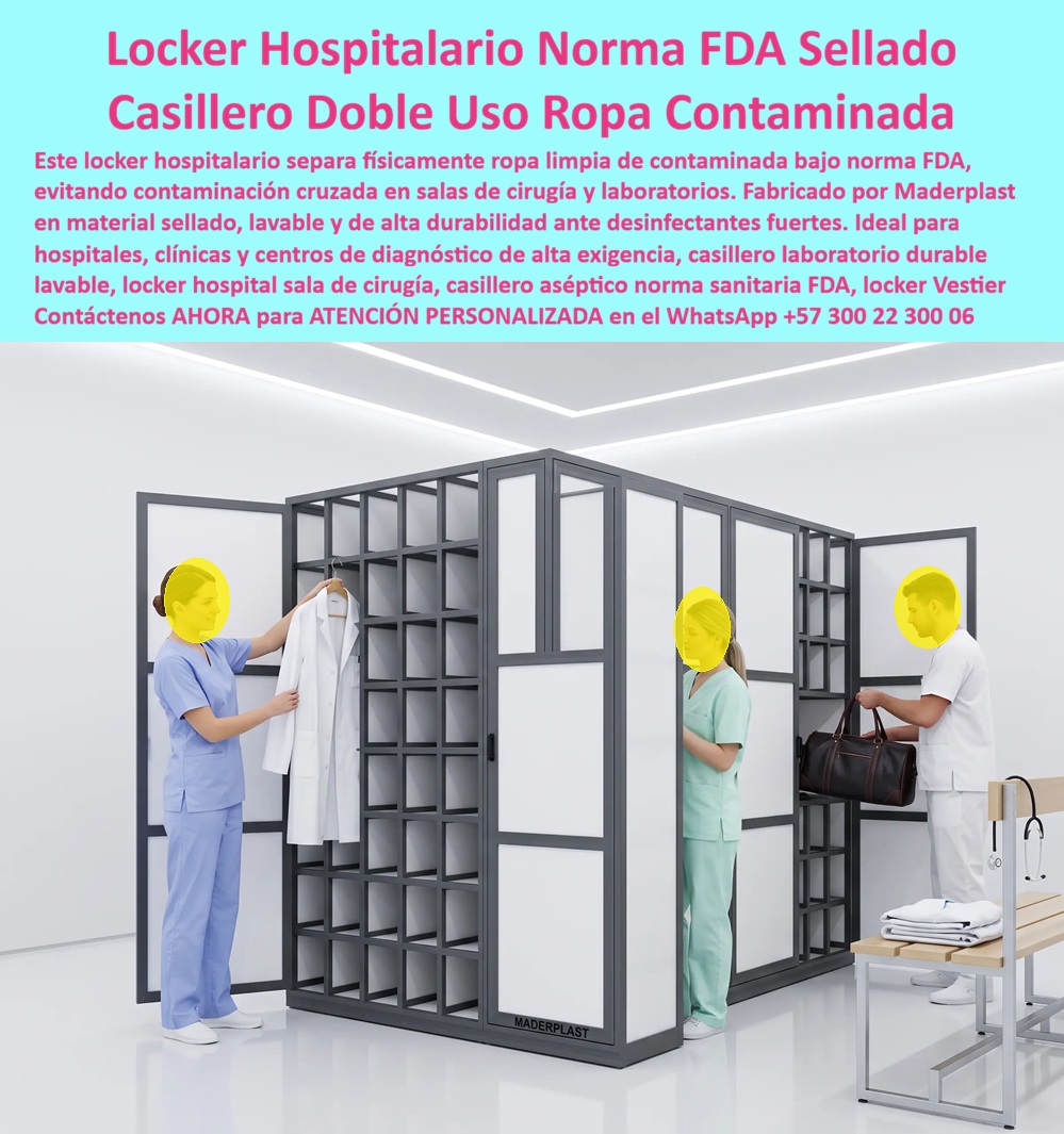Lockers Hospitalarios Casilleros Clínicas Sala Cirugía Laboratorios Maderplast Casilleros asépticos para hospitales con norma FDA Lockers Asépticos Clínicas Casillero Profesional Salud Ropa Contaminada Bolsa Roja Lockers Áreas a