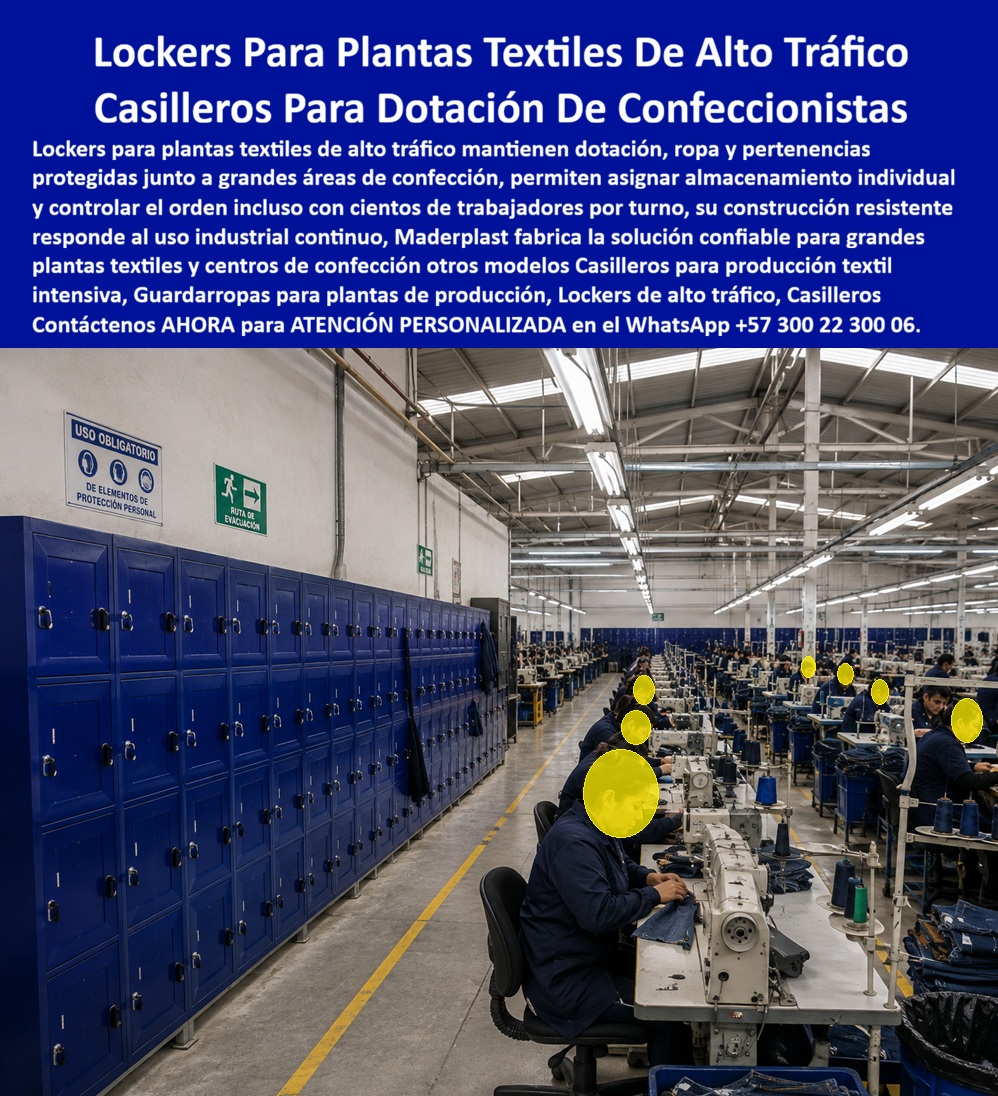 Lockers Planta Textil Con Banca Guardarropas De Confección Maderplast Lockers textiles para vestuarios de personal Casilleros industriales para satélites de costura Casilleros Para Cambio De Dotación Vestidores Industriales Con Bancas