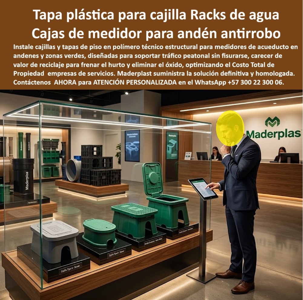 Tapa Cajilla De Agua Tapa Plástica Catalogo Modelos Brochure Maderplast Cajilla económica instalada en andén Caja plástica con doble tapa de acceso Tapa plástica medidor acueducto antirrobo resistente tráfico peatonal Tapa Cajilla De Agua a