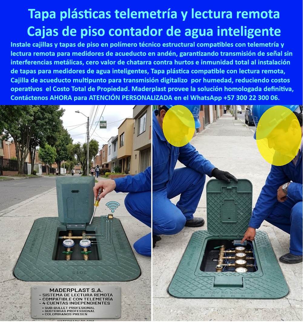 Tapa Con Cajilla De Medidor Tapa Plástica Telemetría Lectura Remota Maderplast Caja para medidor de agua Caja reciclada para medidor domiciliario Instalación de Tapa medidor de agua Cajilla domiciliaria medidor agua anticorrosiva pp