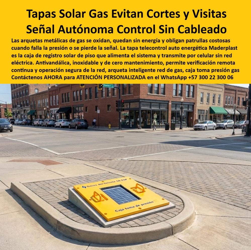 Tapa Telecontrol Auto Energética Redes Gas caja Tapa autónoma Maderplast Caja Registro Gas Autónoma Energía Solar Señal 100 Arqueta inteligente red de gas con control celular Caja Gas Refinería Verificación Técnica Multímetro Certificada A