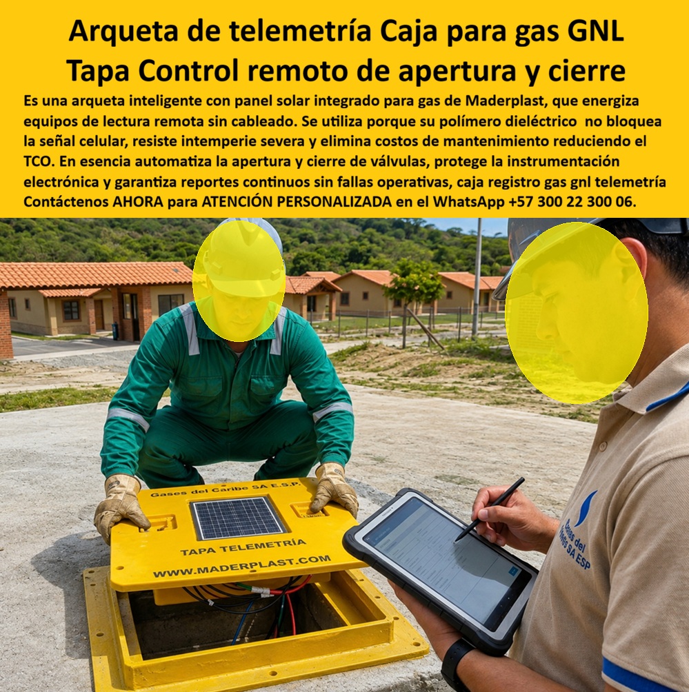 Tapa Telecontrol Auto Energética Redes Gas caja Tapa autónoma Maderplast Tapa Gas Inteligente Panel Solar Instalación Arqueta inteligente red de gas con lectura celular Caja Inteligente Telecontrol De Apertura Y Cierre Caja Registro Gas GNL
