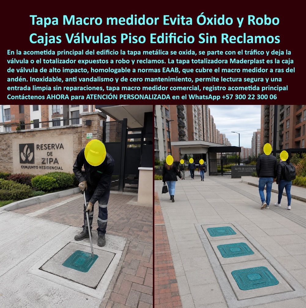 Tapa Totalizadora Telemetría Cajillas Tapas Válvulas Normas EAAB Maderplast Caja válvula totalizadora de edificio de alto impacto Tapa Macromedidor Zona Comercial Instalación Rápida Garantizada Registro Para Acometida Principal De Centros