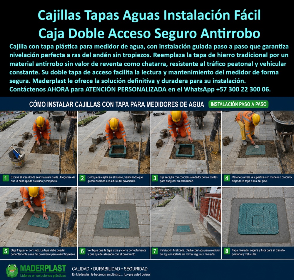 Tapa cajilla de agua Tapa plástica reemplazar tapa de hierro Maderplast Manual de instalación Cajilla económica instalada en andén Caja plástica con doble tapa de acceso Tapa plástica medidor acueducto antirrobo resistente tráfico peatonal