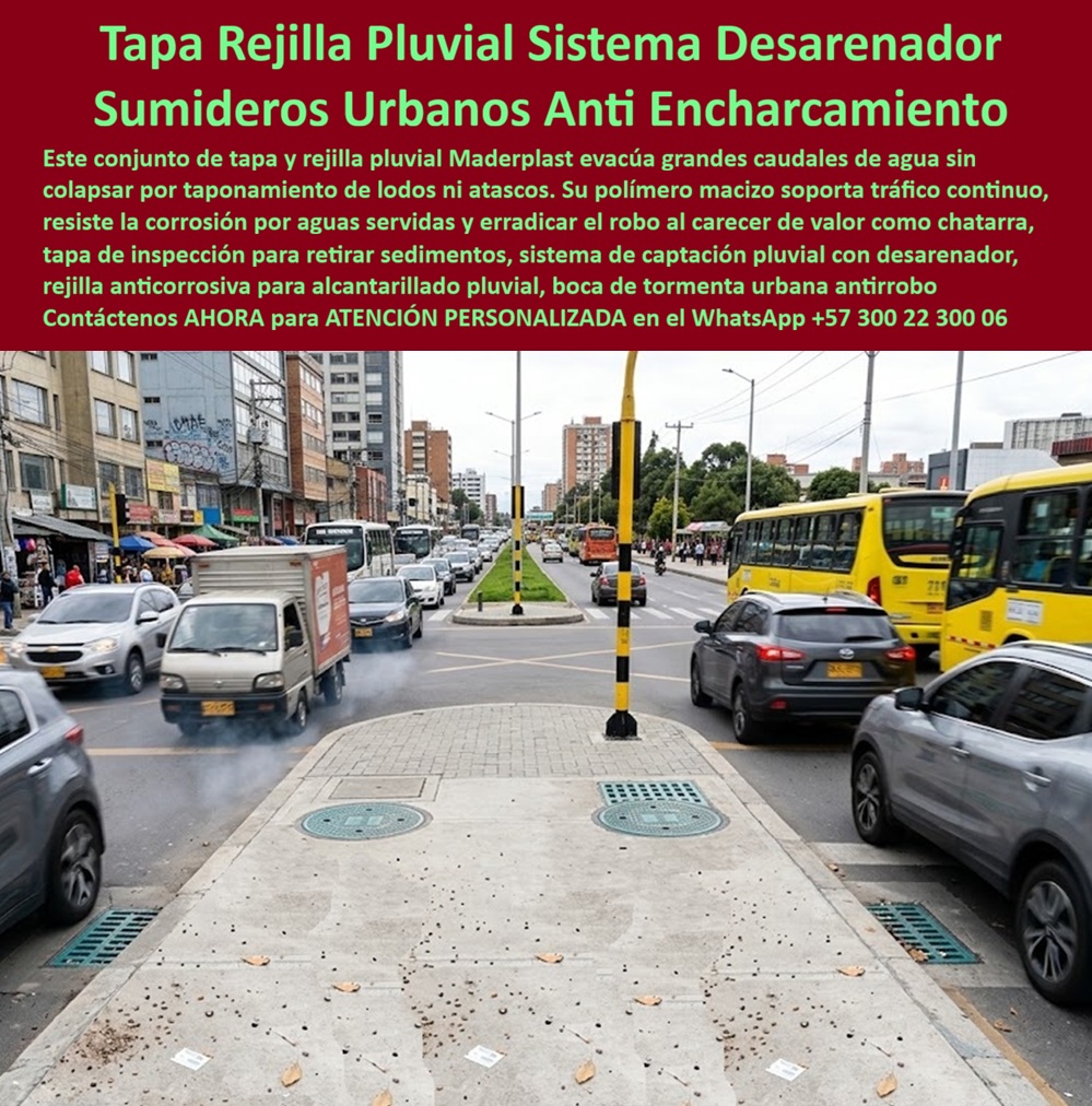 Conjunto Tapa Rejilla Aguas Lluvias Tapa Cámara Con Rejilla Maderplast - Descripción Meta Detallada de Este Producto: Tapa y rejilla pluvial con sistema desarenador, fabricado por Maderplast: evacúa grandes caudales sin colapsar por taponamiento de lodos, resiste corrosión por aguas servidas y erradicar el robo al carecer de valor como chatarra. Tapa y rejilla pluvial con desarenador: evacuación sin colapso en corredor vial de alto flujo Un camellón central completamente rodeado de tráfico denso, con buses escolares amarillos, camiones de carga y vehículos particulares avanzando en todas direcciones simultáneamente: este cruce urbano de alta congestión expone la exigencia constante que enfrenta cualquier sistema de captación pluvial instalado en su punto medio, recibir el arrastre de sedimento, hollín vehicular y residuos urbanos día tras día sin que ese material termine bloqueando la capacidad de drenaje. Este conjunto de tapa y rejilla pluvial de Maderplast incorpora un sistema desarenador que retiene sedimento y lodo antes de que continúe hacia la red de alcantarillado, evitando el colapso por taponamiento que en corredores urbanos de alto tráfico ocurre con frecuencia, especialmente donde el polvo de calle, la ceniza vehicular y los residuos del tránsito peatonal se acumulan de forma constante en el punto de captación. La tapa de inspección que acompaña el sistema permite retirar estos sedimentos acumulados de forma periódica sin necesidad de romper estructura ni interrumpir el tránsito circundante durante largos periodos. Fabricado en polímero macizo, este sistema soporta el tráfico continuo de buses, camiones y vehículos particulares que caracteriza esta intersección urbana, y su composición resiste la corrosión propia del contacto constante con aguas servidas que arrastran residuos orgánicos y contaminantes de origen vehicular. Frente al hierro fundido, que se degrada progresivamente bajo esa exposición química constante hasta perder integridad estructural, este material conserva su geometría intacta sin necesidad de tratamiento anticorrosivo periódico. La condición no metálica del sistema erradica el robo que representa un riesgo constante en camellones de alta exposición vial, donde una pieza de valor comercial como chatarra queda expuesta a sustracción incluso en pleno flujo vehicular diurno. Esta prueba de resistencia no es una promesa sin sustento: Maderplast documenta ensayos presenciales realizados en laboratorio especializado, con equipo de impacto controlado aplicado directamente sobre el material y registrado en video verificable en su canal oficial de YouTube. Más allá de esa evidencia disponible, si el interventor de un proyecto necesita comprobación propia antes de especificar, Maderplast asume el costo completo de una prueba en el laboratorio certificado ONAC que el cliente elija, o coordina una prueba de campo llevada a condiciones extremas específicas para su proyecto. Este sumidero desarenador normalizado cuenta con certificación ISO 9001 en diseño y desarrollo e ISO 14000 ambiental, y se fabrica mediante diseño y fabricación a medida según el caudal y la carga de sedimento propia de cada corredor vial. Cuando se trata de evitar el encharcamiento vial con un sistema que retiene sedimento sin colapsar, Maderplast es quien convierte el riesgo de taponamiento en una solución instalada y verificable. Solicite ficha técnica y cotización para su proyecto. Contáctenos AHORA para ATENCIÓN PERSONALIZADA en el WhatsApp +57 300 22 300 06 Sumidero Desarenador Normalizado Evitar Encharcamiento Vial, Tapa Y Rejilla Cámara Aguas Lluvias, Sumidero desarenador pluvial sin colapso por lodos, Rejilla Sumidero Tapas Conjunto Tapa Rejilla Aguas Lluvias Tapa Cámara Con Rejilla Maderplast Sumidero Desarenador Normalizado Evitar Encharcamiento Vial Tapa Y Rejilla Cámara Aguas Lluvias Sumidero desarenador pluvial sin colapso por lodos Rejilla Sumidero Tapas Descripción Meta Detallada de Este Producto: Tapa y rejilla pluvial con sistema desarenador, fabricado por Maderplast: evacúa grandes caudales sin colapsar por taponamiento de lodos, resiste corrosión por aguas servidas y erradicar el robo al carecer de valor como chatarra. Tapa y rejilla pluvial con desarenador: evacuación sin colapso en corredor vial de alto flujo Un camellón central completamente rodeado de tráfico denso, con buses escolares amarillos, camiones de carga y vehículos particulares avanzando en todas direcciones simultáneamente: este cruce urbano de alta congestión expone la exigencia constante que enfrenta cualquier sistema de captación pluvial instalado en su punto medio, recibir el arrastre de sedimento, hollín vehicular y residuos urbanos día tras día sin que ese material termine bloqueando la capacidad de drenaje. Este conjunto de tapa y rejilla pluvial de Maderplast incorpora un sistema desarenador que retiene sedimento y lodo antes de que continúe hacia la red de alcantarillado, evitando el colapso por taponamiento que en corredores urbanos de alto tráfico ocurre con frecuencia, especialmente donde el polvo de calle, la ceniza vehicular y los residuos del tránsito peatonal se acumulan de forma constante en el punto de captación. La tapa de inspección que acompaña el sistema permite retirar estos sedimentos acumulados de forma periódica sin necesidad de romper estructura ni interrumpir el tránsito circundante durante largos periodos. Fabricado en polímero macizo, este sistema soporta el tráfico continuo de buses, camiones y vehículos particulares que caracteriza esta intersección urbana, y su composición resiste la corrosión propia del contacto constante con aguas servidas que arrastran residuos orgánicos y contaminantes de origen vehicular. Frente al hierro fundido, que se degrada progresivamente bajo esa exposición química constante hasta perder integridad estructural, este material conserva su geometría intacta sin necesidad de tratamiento anticorrosivo periódico. La condición no metálica del sistema erradica el robo que representa un riesgo constante en camellones de alta exposición vial, donde una pieza de valor comercial como chatarra queda expuesta a sustracción incluso en pleno flujo vehicular diurno. Esta prueba de resistencia no es una promesa sin sustento: Maderplast documenta ensayos presenciales realizados en laboratorio especializado, con equipo de impacto controlado aplicado directamente sobre el material y registrado en video verificable en su canal oficial de YouTube. Más allá de esa evidencia disponible, si el interventor de un proyecto necesita comprobación propia antes de especificar, Maderplast asume el costo completo de una prueba en el laboratorio certificado ONAC que el cliente elija, o coordina una prueba de campo llevada a condiciones extremas específicas para su proyecto. Este sumidero desarenador normalizado cuenta con certificación ISO 9001 en diseño y desarrollo e ISO 14000 ambiental, y se fabrica mediante diseño y fabricación a medida según el caudal y la carga de sedimento propia de cada corredor vial. Cuando se trata de evitar el encharcamiento vial con un sistema que retiene sedimento sin colapsar, Maderplast es quien convierte el riesgo de taponamiento en una solución instalada y verificable. Solicite ficha técnica y cotización para su proyecto. Contáctenos AHORA para ATENCIÓN PERSONALIZADA en el WhatsApp +57 300 22 300 06