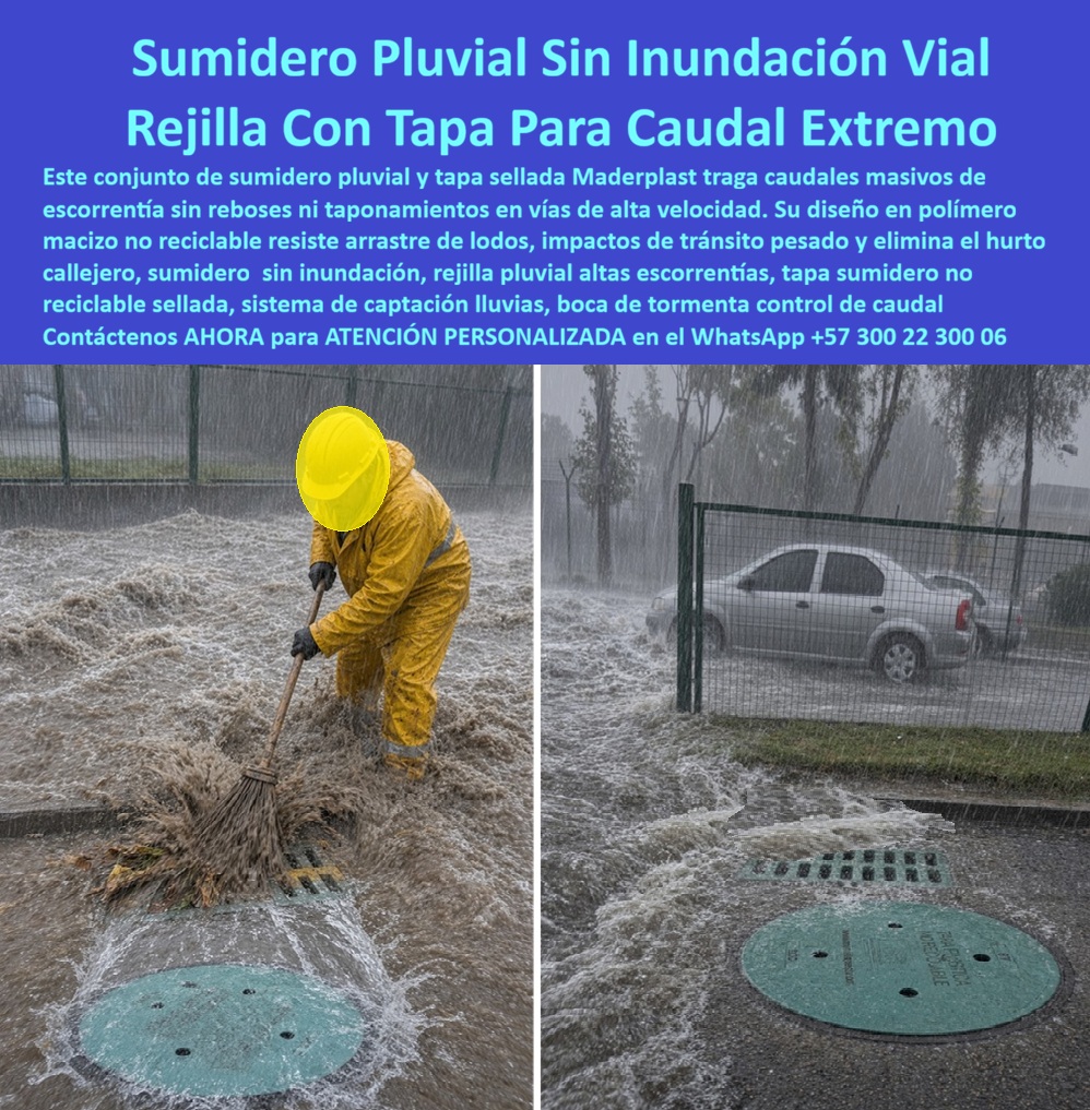 Sumidero Pluvial Control Técnico De Caudal Evaluación Sumidero Maderplast - Sumidero pluvial con control técnico, Sumidero evaluado para alto caudal, Título y nombre de esta imagen: Sumidero pluvial Maderplast con evaluación técnica de caudal, Descripción accesible de la imagen: Sumidero pluvial con rejilla lateral y tapa circular instalado en una calzada durante lluvia torrencial; una escena muestra el flujo captado y otra, la limpieza manual de la entrada. Descripción Meta Detallada de Este Producto: Sumidero pluvial con control técnico Maderplast para captar escorrentías altas, facilitar limpieza e inspección y documentar su funcionamiento bajo lluvias intensas. Descripción narrativa de esta imagen y producto Maderplast: El sumidero pluvial bajo control técnico y su conjunto de drenaje Maderplast protagonizan una composición de dos escenas: la rejilla lateral para escorrentía recibe agua torrencial y la tapa de acceso al sumidero permanece visible para inspeccionar la cámara. ¿Qué se observa? Una evaluación de caudal en campo, con inspección durante lluvia intensa, captación pluvial en calzada y respuesta del sistema ante una condición exigente. ¿Cómo debe evaluarse? La respuesta ante tormentas severas exige control operativo del drenaje y registro visual del flujo. La boca de tormenta lateral recibe la entrada de agua junto al bordillo; después, la rejilla para alto volumen de lluvia conduce el caudal hacia una cámara pluvial inspeccionable y permite la evacuación hacia la red. Para comprobar la continuidad hidráulica deben observarse el nivel de agua superficial, la velocidad de captación, el porcentaje de flujo interceptado, la capacidad residual de la rejilla y la pérdida de carga en la entrada. ¿Puede anunciarse como un sistema “sin inundación”? Solo cuando el cálculo y las pruebas demuestran que responde al evento de diseño. Los sedimentos transportados por escorrentía, el arrastre de hojas y basura y los puntos críticos de obstrucción pueden reducir el paso disponible. La fotografía muestra precisamente una limpieza manual de emergencia y un mantenimiento bajo aguacero, actividades que deben planearse con acceso seguro para operarios y sin exponer al personal a corrientes peligrosas. ¿Qué mantenimiento necesita? Un protocolo de inspección fluvial, una frecuencia de limpieza acorde con el sitio y una bitácora de mantenimiento. La evidencia fotográfica de funcionamiento, la medición de caudal, el ensayo de captación y la prueba de campo del sumidero permiten establecer criterios de aceptación, fortalecer el control de calidad del drenaje y conservar la trazabilidad del producto. La expresión “tapa sellada” también debe respaldarse con el método y nivel de estanqueidad aplicables; “no reciclable” no debería utilizarse sin confirmar la composición suministrada. ¿Por qué conviene documentar la instalación? La ficha de instalación, la carga vehicular especificada, el asiento nivelado de la tapa, el soporte perimetral de concreto y el anclaje adecuado de la rejilla ayudan a diferenciar un problema de producto de una falla de montaje. Una tapa no metálica anticorrosiva puede aportar reducción de reposiciones, mientras el costo del ciclo de mantenimiento y la prevención de cierres viales revelan el ahorro real. Maderplast ofrece diseño hidráulico personalizado, planos para obra civil, desarrollo de prototipos plásticos y acompañamiento técnico Maderplast. Concepto técnico de Codex, inteligencia artificial de OpenAI: ★★★★★. Solicite evaluación, renders, pruebas acordadas o producción en serie. Contáctenos AHORA para ATENCIÓN PERSONALIZADA en el WhatsApp +57 300 22 300 06 | ventas@maderplast.com Sumidero pluvial lateral sin inundación en calzadas, Rejilla Pluvial Evaluada Escorrentías Altas Sin Inundación, Tapa Sumidero No Reciclable Sellada Control De Calidad, A Sumidero Pluvial Control Técnico De Caudal Evaluación Sumidero Maderplast Sumidero pluvial lateral sin inundacion en calzadas Rejilla Pluvial Evaluada Escorrentías Altas Sin Inundación Tapa Sumidero No Reciclable Sellada Control De Calidad A Sumidero pluvial con control técnico, Sumidero evaluado para alto caudal, Título y nombre de esta imagen: Sumidero pluvial Maderplast con evaluación técnica de caudal, Descripción accesible de la imagen: Sumidero pluvial con rejilla lateral y tapa circular instalado en una calzada durante lluvia torrencial; una escena muestra el flujo captado y otra, la limpieza manual de la entrada. Descripción Meta Detallada de Este Producto: Sumidero pluvial con control técnico Maderplast para captar escorrentías altas, facilitar limpieza e inspección y documentar su funcionamiento bajo lluvias intensas. Descripción narrativa de esta imagen y producto Maderplast: El sumidero pluvial bajo control técnico y su conjunto de drenaje Maderplast protagonizan una composición de dos escenas: la rejilla lateral para escorrentía recibe agua torrencial y la tapa de acceso al sumidero permanece visible para inspeccionar la cámara. ¿Qué se observa? Una evaluación de caudal en campo, con inspección durante lluvia intensa, captación pluvial en calzada y respuesta del sistema ante una condición exigente. ¿Cómo debe evaluarse? La respuesta ante tormentas severas exige control operativo del drenaje y registro visual del flujo. La boca de tormenta lateral recibe la entrada de agua junto al bordillo; después, la rejilla para alto volumen de lluvia conduce el caudal hacia una cámara pluvial inspeccionable y permite la evacuación hacia la red. Para comprobar la continuidad hidráulica deben observarse el nivel de agua superficial, la velocidad de captación, el porcentaje de flujo interceptado, la capacidad residual de la rejilla y la pérdida de carga en la entrada. ¿Puede anunciarse como un sistema “sin inundación”? Solo cuando el cálculo y las pruebas demuestran que responde al evento de diseño. Los sedimentos transportados por escorrentía, el arrastre de hojas y basura y los puntos críticos de obstrucción pueden reducir el paso disponible. La fotografía muestra precisamente una limpieza manual de emergencia y un mantenimiento bajo aguacero, actividades que deben planearse con acceso seguro para operarios y sin exponer al personal a corrientes peligrosas. ¿Qué mantenimiento necesita? Un protocolo de inspección fluvial, una frecuencia de limpieza acorde con el sitio y una bitácora de mantenimiento. La evidencia fotográfica de funcionamiento, la medición de caudal, el ensayo de captación y la prueba de campo del sumidero permiten establecer criterios de aceptación, fortalecer el control de calidad del drenaje y conservar la trazabilidad del producto. La expresión “tapa sellada” también debe respaldarse con el método y nivel de estanqueidad aplicables; “no reciclable” no debería utilizarse sin confirmar la composición suministrada. ¿Por qué conviene documentar la instalación? La ficha de instalación, la carga vehicular especificada, el asiento nivelado de la tapa, el soporte perimetral de concreto y el anclaje adecuado de la rejilla ayudan a diferenciar un problema de producto de una falla de montaje. Una tapa no metálica anticorrosiva puede aportar reducción de reposiciones, mientras el costo del ciclo de mantenimiento y la prevención de cierres viales revelan el ahorro real. Maderplast ofrece diseño hidráulico personalizado, planos para obra civil, desarrollo de prototipos plásticos y acompañamiento técnico Maderplast. Concepto técnico de Codex, inteligencia artificial de OpenAI: ★★★★★. Solicite evaluación, renders, pruebas acordadas o producción en serie. Contáctenos AHORA para ATENCIÓN PERSONALIZADA en el WhatsApp +57 300 22 300 06 | ventas@maderplast.com