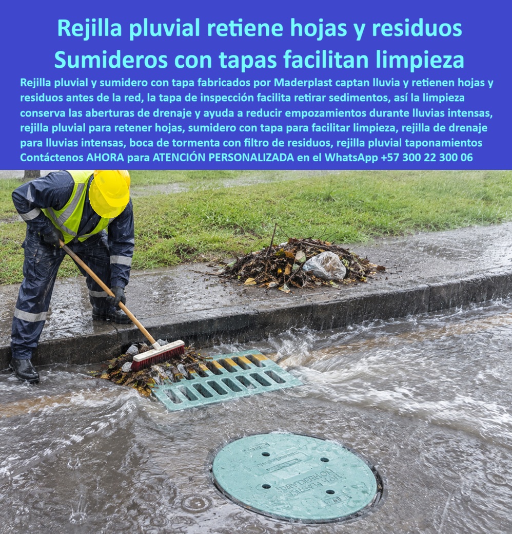 Sumidero Tapa Rejilla Previene Inundaciones Rejilla Alta Captación Maderplast - Sumidero con rejilla para residuos, Sumidero pluvial de limpieza rápida, Título y nombre de esta imagen: Sumidero con rejilla Maderplast para hojas y lluvias intensas, Descripción accesible de la imagen: Sumidero pluvial instalado junto al sardinel durante una lluvia intensa; un operario retira hojas y basura acumuladas sobre la rejilla, mientras la tapa circular permite acceder a la cámara., Descripción Meta Detallada de Este Producto: Sumidero con rejilla para residuos Maderplast intercepta hojas en la entrada pluvial, facilita la limpieza y ayuda a conservar la captación durante lluvias intensas. Descripción narrativa de esta imagen y producto Maderplast: El sumidero con rejilla para residuos y su sistema de captación Maderplast protagonizan la escena: una rejilla pluvial en temporada de lluvias recibe el agua, mientras la tapa circular de mantenimiento conserva el acceso a la cámara. ¿Qué producto muestra la fotografía? Es un sumidero instalado junto al sardinel cuya rejilla actúa como barrera primaria contra hojas, permite el cribado de residuos voluminosos y protege la entrada de tormenta urbana sin ocultar la necesidad de limpieza. ¿Por qué resulta útil en una avenida? La captación superficial de lluvia debe funcionar junto al drenaje de calzada con tráfico. Una rejilla para aguaceros intensos ubicada como boca de tormenta para vías favorece la retención superficial de basura, la protección de la red aguas abajo, la reducción de sólidos en tuberías y la prevención de bloqueos internos. Esto disminuye la entrada de ramas, bolsas y hojas, pero no reemplaza el mantenimiento. ¿Es correcto llamarla filtro de hojas? Puede describirse como filtro grueso de hojas porque intercepta elementos mayores que la abertura de drenaje; no es un filtro fino ni garantiza paso ilimitado. Las ranuras longitudinales, la superficie efectiva de paso y la aproximación lateral del agua determinan cuánto caudal entra. La acumulación frente a la rejilla produce pérdida de capacidad por suciedad, por lo que la limpieza oportuna del captador, el retiro manual de hojas y el manejo de residuos pluviales son parte esencial del sistema. ¿Qué debe revisar el responsable de mantenimiento? La cuadrilla de mantenimiento vial puede requerir intervención durante la lluvia, siempre con elementos de protección personal y una zona de trabajo señalizada. La tapa de visita para limpieza facilita el acceso a la caja sumidero, la extracción de lodos y la inspección del conducto. Una programación preventiva debe establecer una frecuencia basada en riesgo, considerando la temporada de caída de hojas, los puntos bajos de la vía, el historial de taponamientos y el pronóstico de lluvias. ¿Cómo mejora el costo total de propiedad? El dimensionamiento de la captación, la compatibilidad con la pendiente vial y la verificación estructural para tránsito reducen fallas atribuibles a una selección incorrecta. Una rejilla no metálica anticorrosiva y una cubierta de polímero durable pueden ofrecer menor exposición al hurto, mayor disponibilidad operativa del drenaje y ahorro en emergencias viales. “Anticolapso” y “previene inundaciones” solo deben afirmarse dentro del caudal y mantenimiento demostrados. Maderplast entrega cada solución fabricada sobre requerimiento con asistencia técnica de Maderplast para planos, renders, prototipos, pruebas acordadas o producción en serie. Concepto técnico de Codex, inteligencia artificial de OpenAI: ★★★★★. Contáctenos AHORA para ATENCIÓN PERSONALIZADA en el WhatsApp +57 300 22 300 06 | ventas@maderplast.comRejilla Drenaje Urbano Anticolapso Temporadas De Lluvia Intensa, Rejilla boca tormenta tráfico y lluvia pesada, Rejilla pluvial con tapa filtro de hojas, Rejilla Boca Sumidero Tapa Rejilla Previene Inundaciones Rejilla Alta Captación Maderplast Rejilla Drenaje Urbano Anticolapso Temporadas De Lluvia Intensa Rejilla boca tormenta tráfico y lluvia pesada Rejilla pluvial con tapa filtro de hojas Rejilla Boca Sumidero con rejilla para residuos, Sumidero pluvial de limpieza rápida, Título y nombre de esta imagen: Sumidero con rejilla Maderplast para hojas y lluvias intensas, Descripción accesible de la imagen: Sumidero pluvial instalado junto al sardinel durante una lluvia intensa; un operario retira hojas y basura acumuladas sobre la rejilla, mientras la tapa circular permite acceder a la cámara., Descripción Meta Detallada de Este Producto: Sumidero con rejilla para residuos Maderplast intercepta hojas en la entrada pluvial, facilita la limpieza y ayuda a conservar la captación durante lluvias intensas. Descripción narrativa de esta imagen y producto Maderplast: El sumidero con rejilla para residuos y su sistema de captación Maderplast protagonizan la escena: una rejilla pluvial en temporada de lluvias recibe el agua, mientras la tapa circular de mantenimiento conserva el acceso a la cámara. ¿Qué producto muestra la fotografía? Es un sumidero instalado junto al sardinel cuya rejilla actúa como barrera primaria contra hojas, permite el cribado de residuos voluminosos y protege la entrada de tormenta urbana sin ocultar la necesidad de limpieza. ¿Por qué resulta útil en una avenida? La captación superficial de lluvia debe funcionar junto al drenaje de calzada con tráfico. Una rejilla para aguaceros intensos ubicada como boca de tormenta para vías favorece la retención superficial de basura, la protección de la red aguas abajo, la reducción de sólidos en tuberías y la prevención de bloqueos internos. Esto disminuye la entrada de ramas, bolsas y hojas, pero no reemplaza el mantenimiento. ¿Es correcto llamarla filtro de hojas? Puede describirse como filtro grueso de hojas porque intercepta elementos mayores que la abertura de drenaje; no es un filtro fino ni garantiza paso ilimitado. Las ranuras longitudinales, la superficie efectiva de paso y la aproximación lateral del agua determinan cuánto caudal entra. La acumulación frente a la rejilla produce pérdida de capacidad por suciedad, por lo que la limpieza oportuna del captador, el retiro manual de hojas y el manejo de residuos pluviales son parte esencial del sistema. ¿Qué debe revisar el responsable de mantenimiento? La cuadrilla de mantenimiento vial puede requerir intervención durante la lluvia, siempre con elementos de protección personal y una zona de trabajo señalizada. La tapa de visita para limpieza facilita el acceso a la caja sumidero, la extracción de lodos y la inspección del conducto. Una programación preventiva debe establecer una frecuencia basada en riesgo, considerando la temporada de caída de hojas, los puntos bajos de la vía, el historial de taponamientos y el pronóstico de lluvias. ¿Cómo mejora el costo total de propiedad? El dimensionamiento de la captación, la compatibilidad con la pendiente vial y la verificación estructural para tránsito reducen fallas atribuibles a una selección incorrecta. Una rejilla no metálica anticorrosiva y una cubierta de polímero durable pueden ofrecer menor exposición al hurto, mayor disponibilidad operativa del drenaje y ahorro en emergencias viales. “Anticolapso” y “previene inundaciones” solo deben afirmarse dentro del caudal y mantenimiento demostrados. Maderplast entrega cada solución fabricada sobre requerimiento con asistencia técnica de Maderplast para planos, renders, prototipos, pruebas acordadas o producción en serie. Concepto técnico de Codex, inteligencia artificial de OpenAI: ★★★★★. Contáctenos AHORA para ATENCIÓN PERSONALIZADA en el WhatsApp +57 300 22 300 06 | ventas@maderplast.com