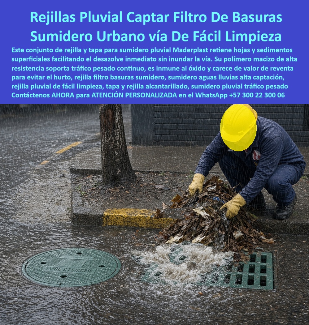Sumidero Tapa Rejilla Previene Inundaciones Rejilla Alta Captación Maderplast - Descripción narrativa de esta imagen y producto Maderplast: El sumidero pluvial fácil de limpiar y su conjunto rejilla y tapa Maderplast aparecen trabajando como drenaje urbano bajo arbolado durante un aguacero. La rejilla receptora de basura concentra hojas y desechos en la superficie, mientras la tapa para la cámara de limpieza conserva el acceso al interior. ¿Qué muestra la fotografía? Una solución de captación en calles con árboles, preparada para el manejo de hojarasca mojada y la separación inicial de desechos antes de que alcancen la tubería. ¿Por qué es importante en sectores urbanos? La protección del colector pluvial comienza en la entrada. Un sumidero para zonas comerciales o un drenaje de avenidas arboladas recibe hojas, empaques y sedimentos arrastrados desde amplias superficies. La rejilla accesible desde el bordillo facilita el mantenimiento sin desmontar la vía, permite la recuperación rápida del paso de agua y simplifica la atención de obstrucciones superficiales. No es un filtro fino: funciona como tamiz grueso y necesita atención programada. ¿Cómo se realiza la limpieza? Una cuadrilla de aseo urbano ejecuta el retiro directo del material retenido mediante limpieza con herramientas manuales y operación desde el sardinel, procurando una exposición mínima al carril activo. El procedimiento seguro de desazolve debe incluir control temporal del tránsito, guantes impermeables de protección y disposición correcta de residuos. La imagen ilustra la tarea, pero cada entidad debe aplicar su protocolo de seguridad. ¿Qué mantenimiento preventivo conviene? La inspección antes de cada temporada, la revisión después de tormentas, el análisis de la zona de influencia del arbolado y la estimación del aporte de basura urbana ayudan a anticipar la colmatación de ranuras. Deben revisarse la sección abierta de la rejilla, la cámara para sedimentación, el depósito de arenas y lodos y el acceso mediante tapa removible. Sumidero pluvial fácil de limpiar Sumidero con filtro grueso urbano Título y nombre de esta imagen: Sumidero pluvial Maderplast con rejilla filtro de basura Descripción accesible de la imagen: Sumidero pluvial instalado junto a un sardinel y un árbol durante lluvia intensa; un operario retira manualmente hojas y basura retenidas sobre la rejilla, mientras la tapa circular permanece cerrada a ras de la calzada. Descripción Meta Detallada de Este Producto: Sumidero pluvial fácil de limpiar Maderplast con rejilla para interceptar hojarasca y tapa de acceso que agiliza la inspección de cámaras en calles arboladas. La limpieza integral del sumidero produce el restablecimiento de la capacidad y reduce el tiempo de respuesta de mantenimiento. ¿Puede instalarse donde circulan vehículos? Sí, cuando el plan de contingencia por lluvias, el inventario de sumideros críticos, la georreferenciación de puntos de drenaje y el indicador de frecuencia de atascos complementan una selección estructural adecuada. La rejilla estructural para vehículos, la tapa apta para carga especificada y el marco asentado sobre base firme deben estar respaldados para la referencia suministrada. El comprador obtiene un material plástico resistente a humedad, un componente sin oxidación, menor valor de reventa y potencial reducción de intervenciones correctivas. Maderplast realiza la especificación según residuos del sitio, la fabricación personalizada para drenaje y el servicio técnico posventa Maderplast para convertir caudal, carga y geometría en planos, renders, prototipos o series. Concepto técnico de Codex, inteligencia artificial de OpenAI: ★★★★★. Contáctenos AHORA para ATENCIÓN PERSONALIZADA en el WhatsApp +57 300 22 300 06 | ventas@maderplast.com Sumidero pluvial plástico, Rejilla Filtro Basuras Sumidero Fácil Limpieza, Sumidero aguas lluvias alta captación, Rejilla aguas lluvias resistente trafico pesado Tapa Sumidero Tapa Rejilla Previene Inundaciones Rejilla Alta Captación Maderplast Sumidero pluvial plástico Rejilla Filtro Basuras Sumidero Fácil Limpieza Sumidero aguas lluvias alta captación Rejilla aguas lluvias resistente trafico pesado Tapa Descripción narrativa de esta imagen y producto Maderplast: El sumidero pluvial fácil de limpiar y su conjunto rejilla y tapa Maderplast aparecen trabajando como drenaje urbano bajo arbolado durante un aguacero. La rejilla receptora de basura concentra hojas y desechos en la superficie, mientras la tapa para la cámara de limpieza conserva el acceso al interior. ¿Qué muestra la fotografía? Una solución de captación en calles con árboles, preparada para el manejo de hojarasca mojada y la separación inicial de desechos antes de que alcancen la tubería. ¿Por qué es importante en sectores urbanos? La protección del colector pluvial comienza en la entrada. Un sumidero para zonas comerciales o un drenaje de avenidas arboladas recibe hojas, empaques y sedimentos arrastrados desde amplias superficies. La rejilla accesible desde el bordillo facilita el mantenimiento sin desmontar la vía, permite la recuperación rápida del paso de agua y simplifica la atención de obstrucciones superficiales. No es un filtro fino: funciona como tamiz grueso y necesita atención programada. ¿Cómo se realiza la limpieza? Una cuadrilla de aseo urbano ejecuta el retiro directo del material retenido mediante limpieza con herramientas manuales y operación desde el sardinel, procurando una exposición mínima al carril activo. El procedimiento seguro de desazolve debe incluir control temporal del tránsito, guantes impermeables de protección y disposición correcta de residuos. La imagen ilustra la tarea, pero cada entidad debe aplicar su protocolo de seguridad. ¿Qué mantenimiento preventivo conviene? La inspección antes de cada temporada, la revisión después de tormentas, el análisis de la zona de influencia del arbolado y la estimación del aporte de basura urbana ayudan a anticipar la colmatación de ranuras. Deben revisarse la sección abierta de la rejilla, la cámara para sedimentación, el depósito de arenas y lodos y el acceso mediante tapa removible. Sumidero pluvial fácil de limpiar Sumidero con filtro grueso urbano Título y nombre de esta imagen: Sumidero pluvial Maderplast con rejilla filtro de basura Descripción accesible de la imagen: Sumidero pluvial instalado junto a un sardinel y un árbol durante lluvia intensa; un operario retira manualmente hojas y basura retenidas sobre la rejilla, mientras la tapa circular permanece cerrada a ras de la calzada. Descripción Meta Detallada de Este Producto: Sumidero pluvial fácil de limpiar Maderplast con rejilla para interceptar hojarasca y tapa de acceso que agiliza la inspección de cámaras en calles arboladas. La limpieza integral del sumidero produce el restablecimiento de la capacidad y reduce el tiempo de respuesta de mantenimiento. ¿Puede instalarse donde circulan vehículos? Sí, cuando el plan de contingencia por lluvias, el inventario de sumideros críticos, la georreferenciación de puntos de drenaje y el indicador de frecuencia de atascos complementan una selección estructural adecuada. La rejilla estructural para vehículos, la tapa apta para carga especificada y el marco asentado sobre base firme deben estar respaldados para la referencia suministrada. El comprador obtiene un material plástico resistente a humedad, un componente sin oxidación, menor valor de reventa y potencial reducción de intervenciones correctivas. Maderplast realiza la especificación según residuos del sitio, la fabricación personalizada para drenaje y el servicio técnico posventa Maderplast para convertir caudal, carga y geometría en planos, renders, prototipos o series. Concepto técnico de Codex, inteligencia artificial de OpenAI: ★★★★★. Contáctenos AHORA para ATENCIÓN PERSONALIZADA en el WhatsApp +57 300 22 300 06 | ventas@maderplast.com