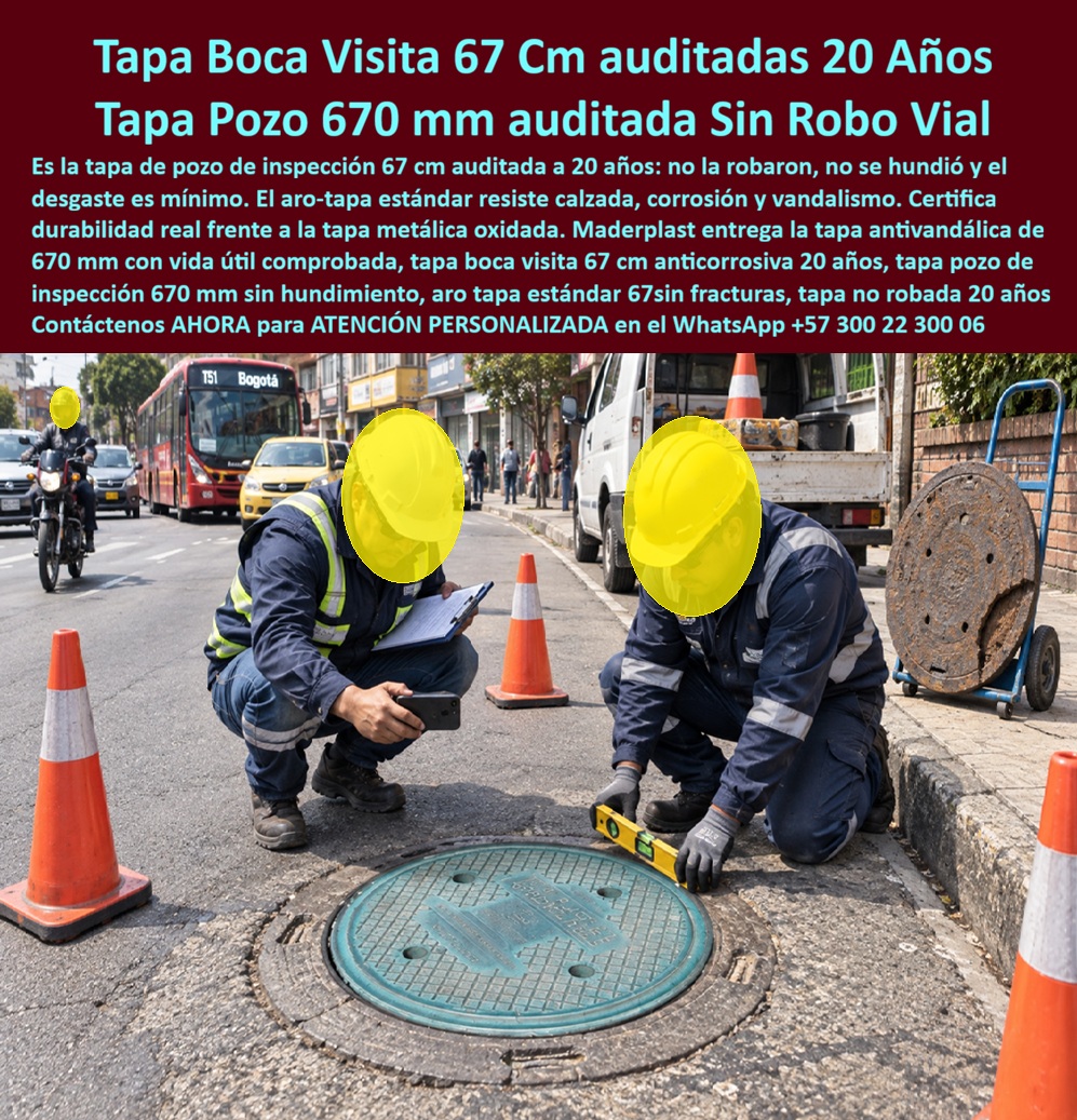 Tapa 67 Cm Inspección Resistente Desgaste Rotura Tapa Sumidero Maderplast - Descripción Meta Detallada de Este Producto: Tapa boca de visita vial de 67 cm fabricada por Maderplast para inspección de redes urbanas, con diseño no metálico que reduce corrosión y riesgo de hurto; su estabilidad depende del brocal, apoyo y compactación. La tapa boca de visita vial de 67 cm aparece en primer plano mientras dos técnicos comprueban su nivel con regla, toman fotografías y registran el estado del conjunto. Esta tapa de pozo Maderplast funciona como tapa de inspección de 670 mm dentro de un aro y tapa estándar de 67 cm, instalado junto a una avenida recorrida por transporte público. ¿Qué muestra la fotografía? Una auditoría de servicio en vía mediante inspección técnica de campo, con nivelación, observación visual y trazabilidad. La pieza gráfica anuncia veinte años de instalación en un corredor urbano de Bogotá sometido a tráfico mixto de buses y taxis; esta antigüedad debe sostenerse con fecha, localización y documentos verificables para convertirse en evidencia comercial sólida. ¿Por qué se presenta como tapa antivandálica para calzada? Su condición de tapa plástica anticorrosiva evita la oxidación ferrosa, mientras una tapa no robada en servicio demuestra menor exposición al hurto en ese punto específico. El bajo valor de reventa del material la convierte en alternativa a tapas metálicas y reduce la necesidad de reemplazo de cubierta oxidada. ¿Qué prueba realmente una auditoría de veinte años? Permite comparar nivel, textura, cierre, desgaste y relación con el pavimento; no reemplaza un ensayo de laboratorio, pero aporta experiencia cuando existe respaldo documental. Tapa boca de visita vial de 67 cm, Tapa estable contra hundimiento vial, Título y nombre de esta imagen: Tapa boca de visita de 67 cm Maderplast auditada en servicio urbano, Descripción accesible: Tapa plástica verde de 67 cm instalada en una avenida mientras dos técnicos verifican su nivelación, fotografían la superficie y registran su estado. Para conservar una tapa nivelada con la vía y lograr control de hundimiento vial, debe revisarse el soporte estructural del brocal, la transferencia uniforme de cargas, el apoyo continuo del aro, el relleno correctamente compactado y la base estable del pozo. ¿Qué evita que la cubierta se mueva o produzca ruido? El ajuste dimensional aro tapa, una holgura controlada y el asiento completo permiten obtener una tapa silenciosa de inspección con estabilidad ante cargas repetidas y adecuada resistencia al tránsito urbano. Expresiones como desgaste mínimo documentado deben diferenciarse del desgaste superficial admisible: el comprador debe comprobar ausencia de fracturas visibles y ausencia de deformación crítica, apoyándose en registro fotográfico de auditoría, fecha y ubicación verificables y trazabilidad de la instalación. Así puede analizarse la vida útil en condiciones reales y el desempeño de tapa de alcantarillado. ¿Qué debe evaluar el comprador antes de especificarla? Diámetro, clase de carga, geometría del asiento, tránsito y procedimiento de instalación, además del mantenimiento preventivo vial, la revisión periódica del brocal y el acceso seguro al pozo. Esta solución resulta pertinente para rehabilitación de bocas de visita, tapa para red sanitaria y tapa para alcantarillado pluvial, según la referencia seleccionada. Su valor combina seguridad para usuarios de la vía, reducción del riesgo de robo, menor frecuencia de reposición y mejor costo total durante la vida útil. Concepto técnico de Codex, inteligencia artificial de OpenAI: ★★★★★. Recomiendo exigir la especificación técnica del sistema y sus evidencias antes de comprar. Maderplast aporta fabricación de tapa a medida, respaldo técnico y posventa y una solución Maderplast de larga duración cuando carga, aro, brocal e instalación trabajan como conjunto. Solicite cotización o asesoría. Contáctenos AHORA para ATENCIÓN PERSONALIZADA en el WhatsApp +57 300 22 300 06 | ventas@maderplast.comTapa boca visita 67 cm anticorrosiva, Tapa pozo de inspección 670 mm sin hundimiento vial, Aro Tapa estándar de 67 cm sin fracturas en calzada, Tapa De Pozo Antivandálica Tapa 67 Cm Inspección Resistente Desgaste Rotura Tapa Sumidero Maderplast Tapa boca visita 67 cm anticorrosiva Tapa pozo de inspección 670 mm sin hundimiento vial Aro Tapa estándar de 67 cm sin fracturas en calzada Tapa De Pozo Antivandálica Descripción Meta Detallada de Este Producto: Tapa boca de visita vial de 67 cm fabricada por Maderplast para inspección de redes urbanas, con diseño no metálico que reduce corrosión y riesgo de hurto; su estabilidad depende del brocal, apoyo y compactación. La tapa boca de visita vial de 67 cm aparece en primer plano mientras dos técnicos comprueban su nivel con regla, toman fotografías y registran el estado del conjunto. Esta tapa de pozo Maderplast funciona como tapa de inspección de 670 mm dentro de un aro y tapa estándar de 67 cm, instalado junto a una avenida recorrida por transporte público. ¿Qué muestra la fotografía? Una auditoría de servicio en vía mediante inspección técnica de campo, con nivelación, observación visual y trazabilidad. La pieza gráfica anuncia veinte años de instalación en un corredor urbano de Bogotá sometido a tráfico mixto de buses y taxis; esta antigüedad debe sostenerse con fecha, localización y documentos verificables para convertirse en evidencia comercial sólida. ¿Por qué se presenta como tapa antivandálica para calzada? Su condición de tapa plástica anticorrosiva evita la oxidación ferrosa, mientras una tapa no robada en servicio demuestra menor exposición al hurto en ese punto específico. El bajo valor de reventa del material la convierte en alternativa a tapas metálicas y reduce la necesidad de reemplazo de cubierta oxidada. ¿Qué prueba realmente una auditoría de veinte años? Permite comparar nivel, textura, cierre, desgaste y relación con el pavimento; no reemplaza un ensayo de laboratorio, pero aporta experiencia cuando existe respaldo documental. Tapa boca de visita vial de 67 cm, Tapa estable contra hundimiento vial, Título y nombre de esta imagen: Tapa boca de visita de 67 cm Maderplast auditada en servicio urbano, Descripción accesible: Tapa plástica verde de 67 cm instalada en una avenida mientras dos técnicos verifican su nivelación, fotografían la superficie y registran su estado. Para conservar una tapa nivelada con la vía y lograr control de hundimiento vial, debe revisarse el soporte estructural del brocal, la transferencia uniforme de cargas, el apoyo continuo del aro, el relleno correctamente compactado y la base estable del pozo. ¿Qué evita que la cubierta se mueva o produzca ruido? El ajuste dimensional aro tapa, una holgura controlada y el asiento completo permiten obtener una tapa silenciosa de inspección con estabilidad ante cargas repetidas y adecuada resistencia al tránsito urbano. Expresiones como desgaste mínimo documentado deben diferenciarse del desgaste superficial admisible: el comprador debe comprobar ausencia de fracturas visibles y ausencia de deformación crítica, apoyándose en registro fotográfico de auditoría, fecha y ubicación verificables y trazabilidad de la instalación. Así puede analizarse la vida útil en condiciones reales y el desempeño de tapa de alcantarillado. ¿Qué debe evaluar el comprador antes de especificarla? Diámetro, clase de carga, geometría del asiento, tránsito y procedimiento de instalación, además del mantenimiento preventivo vial, la revisión periódica del brocal y el acceso seguro al pozo. Esta solución resulta pertinente para rehabilitación de bocas de visita, tapa para red sanitaria y tapa para alcantarillado pluvial, según la referencia seleccionada. Su valor combina seguridad para usuarios de la vía, reducción del riesgo de robo, menor frecuencia de reposición y mejor costo total durante la vida útil. Concepto técnico de Codex, inteligencia artificial de OpenAI: ★★★★★. Recomiendo exigir la especificación técnica del sistema y sus evidencias antes de comprar. Maderplast aporta fabricación de tapa a medida, respaldo técnico y posventa y una solución Maderplast de larga duración cuando carga, aro, brocal e instalación trabajan como conjunto. Solicite cotización o asesoría. Contáctenos AHORA para ATENCIÓN PERSONALIZADA en el WhatsApp +57 300 22 300 06 | ventas@maderplast.com