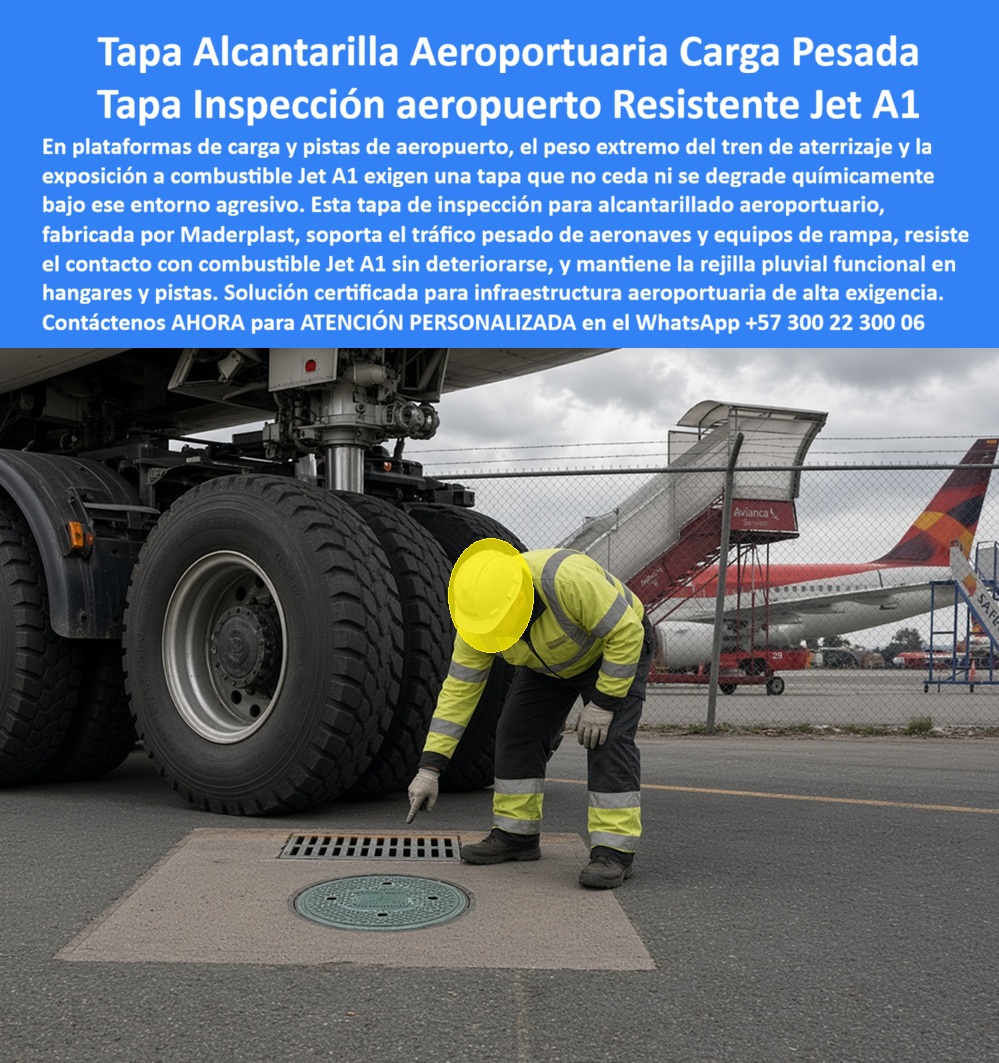 Tapa Alcantarilla Aeroportuaria Aviones Carga Drenaje Aeropuerto Maderplast - Descripción narrativa de esta imagen y producto Maderplast: La tapa de inspección aeroportuaria protagoniza la fotografía: una tapa Maderplast para aeropuerto aparece nivelada en una vía de servicio, junto a una rejilla y un equipo de rampa de gran tamaño. ¿Qué producto se observa? Es una tapa circular que protege un pozo de inspección, cámara subterránea o alcantarillado aeroportuario, permitiendo el acceso de mantenimiento mediante una cubierta de registro, tapa para manhole o tapa de drenaje integrada con la infraestructura aeroportuaria. La solución puede especificarse para una plataforma aeroportuaria, plataforma de carga, zona operacional, apron, hangar, calle de rodaje o pista de aeropuerto, pero cada ubicación exige cálculos diferentes. ¿Puede soportar una aeronave de carga? La imagen por sí sola no lo demuestra: deben conocerse la aeronave de carga, carga de rueda, configuración del tren de aterrizaje, paso de cada vehículo aeroportuario, tráfico pesado, carga repetitiva, carga dinámica e impacto vehicular. El especificador debe verificar resistencia estructural, capacidad portante, deformación admisible, fatiga del material, factor de seguridad, ensayo de carga, certificado de ensayo, clase de carga, ficha técnica y diseño por proyecto. También importan el borde de apoyo, aro de asiento, anclaje perimetral, instalación a ras, nivelación de tapa, estabilidad del conjunto, cierre seguro, sistema de fijación y apertura de inspección. Estas variables evitan movimiento, desnivel o desprendimiento durante la operación. ¿Por qué es crítico prevenir el FOD? Un objeto extraño o una pieza desprendida puede convertirse en riesgo para personas, equipos y aeronaves. Tapa aeroportuaria para carga pesada, Tapa de inspección evita riesgo FOD, Título de imagen para plena identificación: Tapa aeroportuaria Maderplast para inspección y drenaje en zonas de carga, Texto alternativo de la imagen: Tapa circular de inspección instalada a ras de una vía aeroportuaria junto a una rejilla pluvial, un técnico de mantenimiento y un vehículo pesado de asistencia en tierra., Descripción Meta Detallada de Este Producto: Tapa de inspección aeroportuaria fabricada por Maderplast para proteger cámaras subterráneas en plataformas y vías de servicio. Su selección considera carga de rueda, prevención de FOD, drenaje, fijación y compatibilidad química con Jet A‑1, comprobadas para cada proyecto. Por ello, la prevención de FOD, integridad de tapa, inspección visual, inspección programada, mantenimiento preventivo, mantenimiento de pavimento, continuidad operacional y seguridad aeroportuaria deben formar un solo programa. La superficie antideslizante, textura de tránsito y adherencia en mojado también deben comprobarse según el área de instalación. La rejilla visible funciona como complemento del drenaje superficial: recibe agua lluvia, conduce la escorrentía aeroportuaria hacia el sistema pluvial y ayuda a controlar el empozamiento o la inundación de plataforma. El diseño debe coordinar la rejilla adyacente, captación de agua, evacuación de caudal, sumidero aeroportuario, canal de drenaje, limpieza de sedimentos y control de obstrucciones, sin atribuir a la tapa circular una función de captación que no le corresponde. ¿La cubierta es resistente al combustible Jet A-1? Esa propiedad exige compatibilidad química documentada. La condición de tapa no metálica y su resistencia a la corrosión o la humedad no prueban automáticamente tolerancia a combustible Jet A-1, fluidos aeroportuarios o un derrame accidental. Deben evaluarse resistencia química, absorción de combustible, cambio dimensional, pérdida de resistencia, ensayo de inmersión, tiempo de exposición, concentración de contaminante, temperatura de servicio, criterio de aceptación, protocolo de limpieza y uso en zona de abastecimiento. ¿Qué debe solicitar el comprador? Evidencias aplicables al modelo, planos, cargas, ambiente químico y especificación aeroportuaria. En la comparación deben incluirse recuperación operativa, reducción de mantenimiento, vida en servicio y costo total de propiedad, no solo precio inicial. Maderplast puede transformar las condiciones del aeropuerto en planos de fabricación, prototipo funcional, fabricación personalizada y producción en serie, con pruebas acordadas antes de homologar. Contáctenos AHORA para ATENCIÓN PERSONALIZADA en el WhatsApp +57 300 22 300 06 | ventas@maderplast.com Tapa De Inspección Para Alcantarillado Aeroportuario, Tapa Para Tráfico Pesado En Vías De Aeropuerto, Rejilla pluvial para hangares y pistas resistente Jet A1, Rejilla Tapa Alcantarilla Aeroportuaria Aviones Carga Drenaje Aeropuerto Maderplast Tapa De Inspección Para Alcantarillado Aeroportuario Tapa Para Tráfico Pesado En Vías De Aeropuerto Rejilla pluvial para hangares y pistas resistente Jet A1 Rejilla Descripción narrativa de esta imagen y producto Maderplast: La tapa de inspección aeroportuaria protagoniza la fotografía: una tapa Maderplast para aeropuerto aparece nivelada en una vía de servicio, junto a una rejilla y un equipo de rampa de gran tamaño. ¿Qué producto se observa? Es una tapa circular que protege un pozo de inspección, cámara subterránea o alcantarillado aeroportuario, permitiendo el acceso de mantenimiento mediante una cubierta de registro, tapa para manhole o tapa de drenaje integrada con la infraestructura aeroportuaria. La solución puede especificarse para una plataforma aeroportuaria, plataforma de carga, zona operacional, apron, hangar, calle de rodaje o pista de aeropuerto, pero cada ubicación exige cálculos diferentes. ¿Puede soportar una aeronave de carga? La imagen por sí sola no lo demuestra: deben conocerse la aeronave de carga, carga de rueda, configuración del tren de aterrizaje, paso de cada vehículo aeroportuario, tráfico pesado, carga repetitiva, carga dinámica e impacto vehicular. El especificador debe verificar resistencia estructural, capacidad portante, deformación admisible, fatiga del material, factor de seguridad, ensayo de carga, certificado de ensayo, clase de carga, ficha técnica y diseño por proyecto. También importan el borde de apoyo, aro de asiento, anclaje perimetral, instalación a ras, nivelación de tapa, estabilidad del conjunto, cierre seguro, sistema de fijación y apertura de inspección. Estas variables evitan movimiento, desnivel o desprendimiento durante la operación. ¿Por qué es crítico prevenir el FOD? Un objeto extraño o una pieza desprendida puede convertirse en riesgo para personas, equipos y aeronaves. Tapa aeroportuaria para carga pesada, Tapa de inspección evita riesgo FOD, Título de imagen para plena identificación: Tapa aeroportuaria Maderplast para inspección y drenaje en zonas de carga, Texto alternativo de la imagen: Tapa circular de inspección instalada a ras de una vía aeroportuaria junto a una rejilla pluvial, un técnico de mantenimiento y un vehículo pesado de asistencia en tierra., Descripción Meta Detallada de Este Producto: Tapa de inspección aeroportuaria fabricada por Maderplast para proteger cámaras subterráneas en plataformas y vías de servicio. Su selección considera carga de rueda, prevención de FOD, drenaje, fijación y compatibilidad química con Jet A‑1, comprobadas para cada proyecto. Por ello, la prevención de FOD, integridad de tapa, inspección visual, inspección programada, mantenimiento preventivo, mantenimiento de pavimento, continuidad operacional y seguridad aeroportuaria deben formar un solo programa. La superficie antideslizante, textura de tránsito y adherencia en mojado también deben comprobarse según el área de instalación. La rejilla visible funciona como complemento del drenaje superficial: recibe agua lluvia, conduce la escorrentía aeroportuaria hacia el sistema pluvial y ayuda a controlar el empozamiento o la inundación de plataforma. El diseño debe coordinar la rejilla adyacente, captación de agua, evacuación de caudal, sumidero aeroportuario, canal de drenaje, limpieza de sedimentos y control de obstrucciones, sin atribuir a la tapa circular una función de captación que no le corresponde. ¿La cubierta es resistente al combustible Jet A-1? Esa propiedad exige compatibilidad química documentada. La condición de tapa no metálica y su resistencia a la corrosión o la humedad no prueban automáticamente tolerancia a combustible Jet A-1, fluidos aeroportuarios o un derrame accidental. Deben evaluarse resistencia química, absorción de combustible, cambio dimensional, pérdida de resistencia, ensayo de inmersión, tiempo de exposición, concentración de contaminante, temperatura de servicio, criterio de aceptación, protocolo de limpieza y uso en zona de abastecimiento. ¿Qué debe solicitar el comprador? Evidencias aplicables al modelo, planos, cargas, ambiente químico y especificación aeroportuaria. En la comparación deben incluirse recuperación operativa, reducción de mantenimiento, vida en servicio y costo total de propiedad, no solo precio inicial. Maderplast puede transformar las condiciones del aeropuerto en planos de fabricación, prototipo funcional, fabricación personalizada y producción en serie, con pruebas acordadas antes de homologar. Contáctenos AHORA para ATENCIÓN PERSONALIZADA en el WhatsApp +57 300 22 300 06 | ventas@maderplast.com