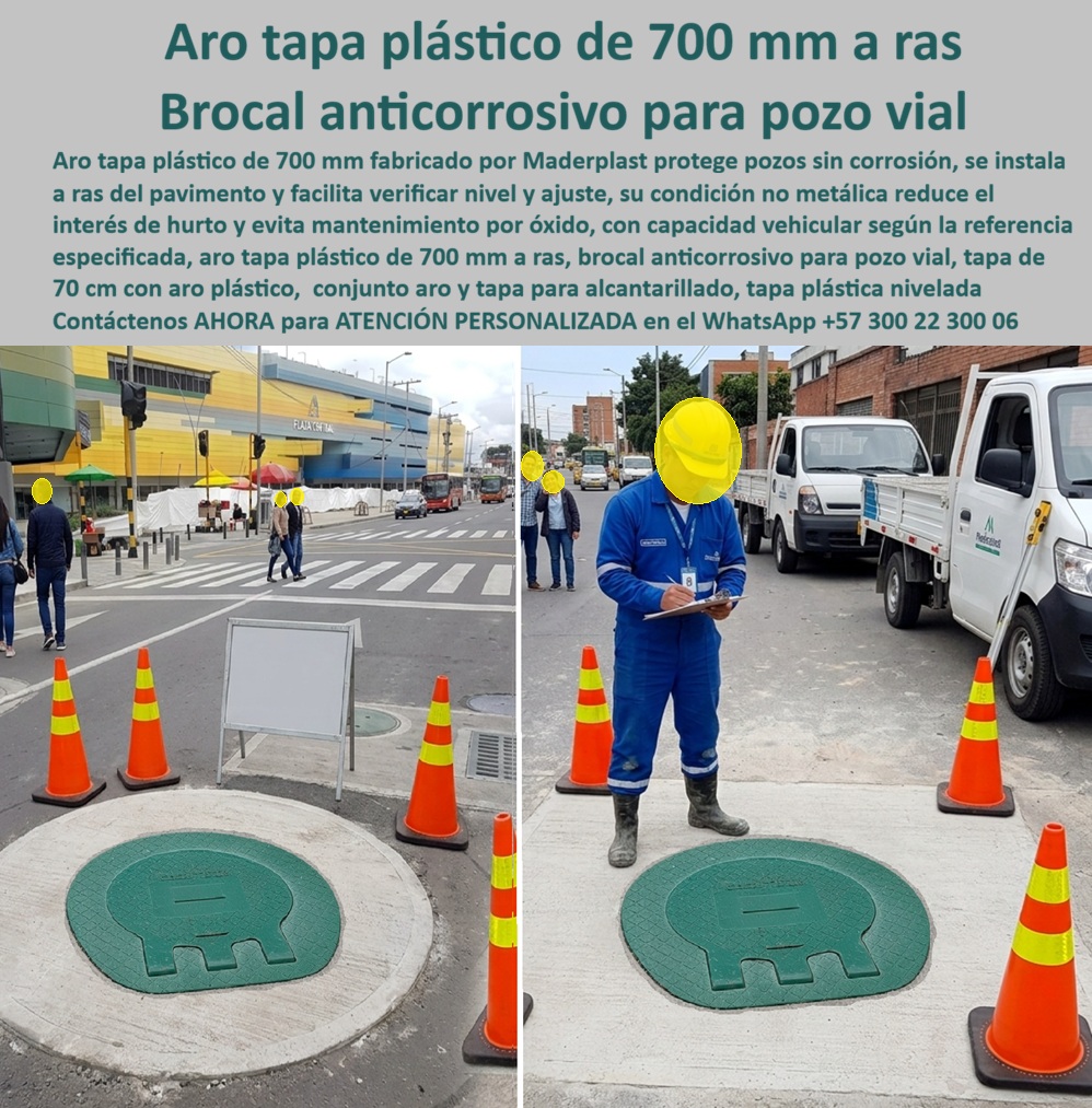 Tapa Circular De 0.70 M Antirrobo Tráfico Pesado Aro Tapa 70 Cm Maderplast - Aro y tapa plásticos de 700 mm, Tapa a ras para pozo de inspección, Título y nombre de esta imagen: Aro y tapa plásticos de 700 mm Maderplast instalados a ras, Descripción accesible: Conjunto verde de aro y tapa plásticos instalado a ras de una placa de concreto mientras un técnico registra la inspección final en una vía urbana. Descripción Meta Detallada de Este Producto: Aro y tapa plásticos de 700 mm fabricados por Maderplast para pozos de inspección, instalados a ras del pavimento; reducen corrosión e interés de hurto y se configuran según la carga exigida. El aro y tapa plásticos de 700 mm aparecen terminados sobre una placa circular de concreto mientras un técnico registra la inspección del montaje. Este conjunto Maderplast para pozo vial integra una tapa circular de 0,70 m y un brocal plástico anticorrosivo para proteger una tapa para pozo de inspección. ¿Qué muestra la fotografía? Una tapa con aro plástico instalada como sistema completo aro tapa, con el acceso cerrado y el perímetro preparado para quedar integrado a la vía. La tapa instalada a ras del pavimento es el resultado que debe comprobarse durante la recepción técnica en vía, mediante verificación de nivel, observación de bordes y control dimensional del conjunto. ¿Por qué conviene que el aro también sea plástico? La compatibilidad entre aro y tapa permite controlar geometría, apoyo y ajuste desde la fabricación. Sin embargo, la estabilidad exige asiento perimetral continuo, correcta transferencia equilibrada de cargas, suficiente apoyo estructural del brocal, base de concreto nivelada y compactación del terreno. Así se obtiene un acabado uniforme de la calzada, una tapa sin bordes sobresalientes y mejor paso vehicular seguro. Como cubierta no metálica, el conjunto ofrece resistencia a la corrosión y funciona como tapa sin mantenimiento por óxido. Su bajo interés como chatarra también favorece una tapa antirrobo para vía, manteniendo la protección del acceso subterráneo. Puede estudiarse como tapa para alcantarillado sanitario, tapa para red pluvial, tapa de registro urbano o brocal para boca de visita, según la función real de la cámara. ¿Qué evita que una tapa de manhole de 700 mm se mueva o se hunda? El montaje coordinado, la cimentación y el relleno; el material por sí solo no corrige un apoyo deficiente. Para actuar como sistema para tráfico vehicular, debe responder a la carga de diseño del proyecto. ¿Puede instalarse en tráfico pesado? Sí, únicamente cuando exista clase de carga certificada para la referencia y se conozcan la frecuencia de tránsito pesado y el impacto dinámico de ruedas. La tolerancia de ajuste define parte de la estabilidad de la tapa y del control de ruido vehicular, mientras el drenaje alrededor del brocal evita acumulaciones perjudiciales en la interfaz. ¿Qué debe inspeccionarse antes de recibir la obra? Nivel, apoyo, anclaje, cierre, inspección periódica del aro, limpieza del asiento y facilidad de mantenimiento del pozo. En proyectos de rehabilitación de registros viales, conviene verificar diámetros existentes antes de fabricar. El beneficio económico se determina mediante el costo total de propiedad, comparando instalación, corrosión, hurto, reparaciones y cierres. Antes de comprar, solicite ficha técnica de la referencia y plano de instalación del brocal. Concepto técnico de Codex, inteligencia artificial de OpenAI: ★★★★★. Recomiendo esta fabricación plástica especializada cuando aro, cubierta, placa y carga estén definidos como un único sistema. El soporte técnico Maderplast convierte la propuesta en una solución anticorrosiva para vías confiables, personalizables y técnicamente verificables. Solicite cotización, planos o desarrollo especial. Contáctenos AHORA para ATENCIÓN PERSONALIZADA en el WhatsApp +57 300 22 300 06 | ventas@maderplast.com Tapa Con Aro Plástico A Ras Del Pavimento, Tapa pozo 700 mm con aro plástico, Conjunto aro y tapa 700 mm anticorrosivo, Brocal Tapa Plástica Pozo De Inspección, Aro tapa Tapa Circular De 0.70 M Antirrobo Tráfico Pesado Aro Tapa 70 Cm Maderplast Tapa Con Aro Plástico A Ras Del Pavimento Tapa pozo 700 mm con aro plástico Conjunto aro y tapa 700 mm anticorrosivo Brocal Tapa Plástica Pozo De Inspección Aro tapa Aro y tapa plásticos de 700 mm, Tapa a ras para pozo de inspección, Título y nombre de esta imagen: Aro y tapa plásticos de 700 mm Maderplast instalados a ras, Descripción accesible: Conjunto verde de aro y tapa plásticos instalado a ras de una placa de concreto mientras un técnico registra la inspección final en una vía urbana. Descripción Meta Detallada de Este Producto: Aro y tapa plásticos de 700 mm fabricados por Maderplast para pozos de inspección, instalados a ras del pavimento; reducen corrosión e interés de hurto y se configuran según la carga exigida. El aro y tapa plásticos de 700 mm aparecen terminados sobre una placa circular de concreto mientras un técnico registra la inspección del montaje. Este conjunto Maderplast para pozo vial integra una tapa circular de 0,70 m y un brocal plástico anticorrosivo para proteger una tapa para pozo de inspección. ¿Qué muestra la fotografía? Una tapa con aro plástico instalada como sistema completo aro tapa, con el acceso cerrado y el perímetro preparado para quedar integrado a la vía. La tapa instalada a ras del pavimento es el resultado que debe comprobarse durante la recepción técnica en vía, mediante verificación de nivel, observación de bordes y control dimensional del conjunto. ¿Por qué conviene que el aro también sea plástico? La compatibilidad entre aro y tapa permite controlar geometría, apoyo y ajuste desde la fabricación. Sin embargo, la estabilidad exige asiento perimetral continuo, correcta transferencia equilibrada de cargas, suficiente apoyo estructural del brocal, base de concreto nivelada y compactación del terreno. Así se obtiene un acabado uniforme de la calzada, una tapa sin bordes sobresalientes y mejor paso vehicular seguro. Como cubierta no metálica, el conjunto ofrece resistencia a la corrosión y funciona como tapa sin mantenimiento por óxido. Su bajo interés como chatarra también favorece una tapa antirrobo para vía, manteniendo la protección del acceso subterráneo. Puede estudiarse como tapa para alcantarillado sanitario, tapa para red pluvial, tapa de registro urbano o brocal para boca de visita, según la función real de la cámara. ¿Qué evita que una tapa de manhole de 700 mm se mueva o se hunda? El montaje coordinado, la cimentación y el relleno; el material por sí solo no corrige un apoyo deficiente. Para actuar como sistema para tráfico vehicular, debe responder a la carga de diseño del proyecto. ¿Puede instalarse en tráfico pesado? Sí, únicamente cuando exista clase de carga certificada para la referencia y se conozcan la frecuencia de tránsito pesado y el impacto dinámico de ruedas. La tolerancia de ajuste define parte de la estabilidad de la tapa y del control de ruido vehicular, mientras el drenaje alrededor del brocal evita acumulaciones perjudiciales en la interfaz. ¿Qué debe inspeccionarse antes de recibir la obra? Nivel, apoyo, anclaje, cierre, inspección periódica del aro, limpieza del asiento y facilidad de mantenimiento del pozo. En proyectos de rehabilitación de registros viales, conviene verificar diámetros existentes antes de fabricar. El beneficio económico se determina mediante el costo total de propiedad, comparando instalación, corrosión, hurto, reparaciones y cierres. Antes de comprar, solicite ficha técnica de la referencia y plano de instalación del brocal. Concepto técnico de Codex, inteligencia artificial de OpenAI: ★★★★★. Recomiendo esta fabricación plástica especializada cuando aro, cubierta, placa y carga estén definidos como un único sistema. El soporte técnico Maderplast convierte la propuesta en una solución anticorrosiva para vías confiables, personalizables y técnicamente verificables. Solicite cotización, planos o desarrollo especial. Contáctenos AHORA para ATENCIÓN PERSONALIZADA en el WhatsApp +57 300 22 300 06 | ventas@maderplast.com