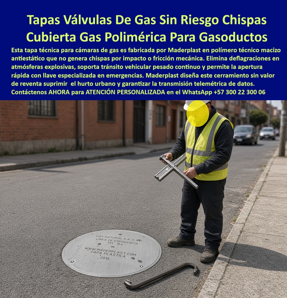 Tapa válvulas gas emergencia Tapa de seguridad gasoductos Maderplast - Descripción narrativa de esta imagen y producto Maderplast: La tapa para cámara de válvulas de gas ocupa el primer plano de la fotografía: una cubierta polimérica Maderplast permanece cerrada y nivelada en una calzada urbana, mientras un técnico prepara la herramienta de apertura junto a la línea de emergencia grabada. ¿Qué producto se observa? Es una tapa circular para acceso subterráneo, empleada como registro de válvulas, caja polivalvular, pozo de gas, cámara de gas y tapa para gasoducto dentro de una red de gas natural. Su función es proteger una válvula de corte, válvula de seccionamiento o válvula enterrada que actúa como punto de aislamiento. La tapa no metálica, fabricada en polímero técnico, elimina el golpe directo entre dos cubiertas ferrosas; así reduce el contacto metal-metal, la posibilidad de chispa por impacto y ciertos eventos de fricción mecánica durante la manipulación. ¿Puede anunciarse como tapa sin riesgo de explosión? No de manera absoluta: una atmósfera explosiva puede encenderse por más de una fuente de ignición, incluida la descarga electrostática. Tapa de gas reduce chispas de impacto, Tapa polivalvula agiliza emergencias, Título de imagen para plena identificación: Tapa polivalvula Maderplast para cámara de gas con apertura de emergencia, Texto alternativo de la imagen: Tapa circular polimérica instalada a ras de una calzada urbana para proteger una válvula subterránea de gas, junto a un técnico que sostiene la herramienta especial de apertura., Descripción Meta Detallada de Este Producto: Tapa para cámara de válvulas de gas fabricada por Maderplast que evita el contacto metal-metal, resiste la corrosión y facilita la apertura de emergencia. Puede integrarse con telemetría, previa validación de señal, carga, comportamiento electrostático y clasificación del área. Por esta razón, el comportamiento antiestático no debe deducirse únicamente porque el producto sea plástico. Debe comprobarse mediante resistividad superficial, resistencia eléctrica, control de acumulación de carga, puesta a tierra, conexión equipotencial, clasificación de área, certificación Ex, ensayo electrostático y prueba de laboratorio cuando resulten aplicables. La ficha técnica y la evidencia del material certificado deben corresponder exactamente a la referencia cotizada, evitando convertir una ventaja mecánica en una promesa de seguridad no documentada. ¿Por qué facilita una emergencia? La llave especializada, la apertura rápida, el acceso de emergencia y un mecanismo correctamente mantenido mejoran la respuesta operativa, el cierre de suministro y la maniobra de válvula. Esto ayuda en el mantenimiento de red, la inspección de gasoducto, la seguridad de gas, la prevención de incendios, la detección de fugas, la ventilación de cámara y el monitoreo de presión, siempre dentro del procedimiento establecido por el operador. La cubierta también puede integrarse con telemetría de gas, señal RF, transmisión remota, lectura de sensores, comunicación inalámbrica y control remoto de válvulas. Para ello deben validarse el equipo de telemetría, sensor de presión, actuador de cierre, batería de respaldo, cableado de instrumentación, conectividad celular, cobertura de señal y la prueba de comunicación. ¿Una tapa polimérica garantiza telemetría sin bloqueo? Puede reducir el apantallamiento de una tapa metálica, pero el desempeño depende de frecuencia, antena, profundidad y condiciones del sitio. La selección debe considerar tapa sin bloqueo, resistencia a corrosión, humedad subterránea, agua lluvia, oxidación del marco, asiento perimetral, ajuste de tapa, cierre seguro, tornillería de fijación, sistema antirrobo, menor valor como chatarra, control de acceso, trazabilidad del activo, identificación de tubería, señalización de emergencia, grabado permanente, ubicación de válvula y acceso autorizado. ¿Qué debe revisar un comprador antes de especificarla? La carga vehicular, el tráfico urbano, la resistencia estructural, la deformación admisible, la superficie antideslizante, la instalación a ras y la estabilidad en calzada, respaldadas con planos y pruebas. Un plan de mantenimiento preventivo, limpieza del asiento e inspección periódica conserva el acceso y disminuye el tiempo de respuesta. Frente al reemplazo de tapa metálica, conviene comparar continuidad del servicio y costo total de propiedad, no solo precio. Maderplast puede desarrollar planos de fabricación, prototipo funcional, fabricación personalizada y producción en serie de acuerdo con la cámara y el protocolo del cliente. Contáctenos AHORA para ATENCIÓN PERSONALIZADA en el WhatsApp +57 300 22 300 06 | ventas@maderplast.com Tapa camara de valvulas de gas sin chispa de impacto, Caja Poliválvula Gasoducto Antiestática Sin Riesgo De Chispa, Tapa camara de valvulas de gas sin bloqueo telemetria, Tapa Tapa válvulas gas emergencia Tapa de seguridad gasoductos Maderplast Tapa camara de valvulas de gas sin chispa de impacto Caja Poliválvula Gasoducto Antiestática Sin Riesgo De Chispa Tapa camara de valvulas de gas sin bloqueo telemetria Tapa Descripción narrativa de esta imagen y producto Maderplast: La tapa para cámara de válvulas de gas ocupa el primer plano de la fotografía: una cubierta polimérica Maderplast permanece cerrada y nivelada en una calzada urbana, mientras un técnico prepara la herramienta de apertura junto a la línea de emergencia grabada. ¿Qué producto se observa? Es una tapa circular para acceso subterráneo, empleada como registro de válvulas, caja polivalvular, pozo de gas, cámara de gas y tapa para gasoducto dentro de una red de gas natural. Su función es proteger una válvula de corte, válvula de seccionamiento o válvula enterrada que actúa como punto de aislamiento. La tapa no metálica, fabricada en polímero técnico, elimina el golpe directo entre dos cubiertas ferrosas; así reduce el contacto metal-metal, la posibilidad de chispa por impacto y ciertos eventos de fricción mecánica durante la manipulación. ¿Puede anunciarse como tapa sin riesgo de explosión? No de manera absoluta: una atmósfera explosiva puede encenderse por más de una fuente de ignición, incluida la descarga electrostática. Tapa de gas reduce chispas de impacto, Tapa polivalvula agiliza emergencias, Título de imagen para plena identificación: Tapa polivalvula Maderplast para cámara de gas con apertura de emergencia, Texto alternativo de la imagen: Tapa circular polimérica instalada a ras de una calzada urbana para proteger una válvula subterránea de gas, junto a un técnico que sostiene la herramienta especial de apertura., Descripción Meta Detallada de Este Producto: Tapa para cámara de válvulas de gas fabricada por Maderplast que evita el contacto metal-metal, resiste la corrosión y facilita la apertura de emergencia. Puede integrarse con telemetría, previa validación de señal, carga, comportamiento electrostático y clasificación del área. Por esta razón, el comportamiento antiestático no debe deducirse únicamente porque el producto sea plástico. Debe comprobarse mediante resistividad superficial, resistencia eléctrica, control de acumulación de carga, puesta a tierra, conexión equipotencial, clasificación de área, certificación Ex, ensayo electrostático y prueba de laboratorio cuando resulten aplicables. La ficha técnica y la evidencia del material certificado deben corresponder exactamente a la referencia cotizada, evitando convertir una ventaja mecánica en una promesa de seguridad no documentada. ¿Por qué facilita una emergencia? La llave especializada, la apertura rápida, el acceso de emergencia y un mecanismo correctamente mantenido mejoran la respuesta operativa, el cierre de suministro y la maniobra de válvula. Esto ayuda en el mantenimiento de red, la inspección de gasoducto, la seguridad de gas, la prevención de incendios, la detección de fugas, la ventilación de cámara y el monitoreo de presión, siempre dentro del procedimiento establecido por el operador. La cubierta también puede integrarse con telemetría de gas, señal RF, transmisión remota, lectura de sensores, comunicación inalámbrica y control remoto de válvulas. Para ello deben validarse el equipo de telemetría, sensor de presión, actuador de cierre, batería de respaldo, cableado de instrumentación, conectividad celular, cobertura de señal y la prueba de comunicación. ¿Una tapa polimérica garantiza telemetría sin bloqueo? Puede reducir el apantallamiento de una tapa metálica, pero el desempeño depende de frecuencia, antena, profundidad y condiciones del sitio. La selección debe considerar tapa sin bloqueo, resistencia a corrosión, humedad subterránea, agua lluvia, oxidación del marco, asiento perimetral, ajuste de tapa, cierre seguro, tornillería de fijación, sistema antirrobo, menor valor como chatarra, control de acceso, trazabilidad del activo, identificación de tubería, señalización de emergencia, grabado permanente, ubicación de válvula y acceso autorizado. ¿Qué debe revisar un comprador antes de especificarla? La carga vehicular, el tráfico urbano, la resistencia estructural, la deformación admisible, la superficie antideslizante, la instalación a ras y la estabilidad en calzada, respaldadas con planos y pruebas. Un plan de mantenimiento preventivo, limpieza del asiento e inspección periódica conserva el acceso y disminuye el tiempo de respuesta. Frente al reemplazo de tapa metálica, conviene comparar continuidad del servicio y costo total de propiedad, no solo precio. Maderplast puede desarrollar planos de fabricación, prototipo funcional, fabricación personalizada y producción en serie de acuerdo con la cámara y el protocolo del cliente. Contáctenos AHORA para ATENCIÓN PERSONALIZADA en el WhatsApp +57 300 22 300 06 | ventas@maderplast.com