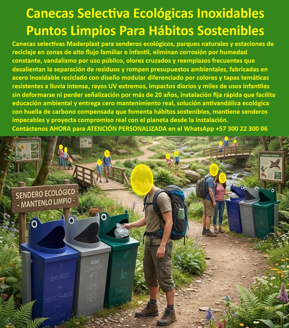 Canecas Basura Selectiva Estación Puntos Limpios Ecológicos Maderplast 0 canecas Exterior Inoxidable Alta Durabilidad Punto Limpio Triple Basura Hábitos Sostenibles Fácil Uso Infantil Estación Reciclaje Urbana Modular Canecas Canecas Selectivas Ecológicas Temáticas y Puntos Limpios Maderplast Ingeniería de Gestión de Residuos en Ecoturismo:  Visualice la armonía perfecta entre el turismo ecológico responsable y una gestión de residuos impecable: las Canecas Selectivas Ecológicas Temáticas Maderplast, instaladas estratégicamente en un sendero natural de alto tráfico tal como se observa en la imagen. Este punto limpio no es un simple contenedor; es una Estación Reciclaje Urbana Modular Canecas que consta de tres módulos con un diseño lúdico y funcional de "Rana" (Azul para plásticos, Gris para cartón, Verde para ordinarios). Sus "bocas" abiertas actúan como un poderoso incentivo psicológico que invita a los excursionistas a depositar los desechos, eliminando la basura en el suelo mediante una conducta positiva. A diferencia de las canecas metálicas que se corroen inevitablemente con la humedad del bosque o se decoloran bajo el sol UV, esta estación de Maderplast es 100% inoxidable, impermeable y resistente a la intemperie. Es la inversión definitiva para parques nacionales, reservas y zoológicos que requieren infraestructura de "cero mantenimiento" que eduque al visitante y proteja el ecosistema por más de 20 años.  Para los Directores Operativos de Reservas Naturales y arquitectos paisajistas, el desafío es encontrar equipamiento que soporte la humedad constante sin degradarse. La pregunta técnica recurrente es qué canecas de basura para senderos ecológicos no se oxidan con la lluvia ni requieren químicos de mantenimiento que contaminen el suelo. La respuesta es la canecas Exterior Inoxidable Alta Durabilidad de Maderplast. Su material polimérico es inmune a la corrosión y a los hongos, garantizando higiene perpetua sin barnices tóxicos. Cuando el objetivo es encontrar puntos de reciclaje creativos que animen a la gente a no tirar basura, el diseño de "Rana" de Maderplast actúa como un "Nudge" (empujón conductual), motivando a niños y adultos a interactuar con el mobiliario, reduciendo el "littering" drásticamente. Además, resolvemos la duda sobre cómo equipar un parque natural con mobiliario resistente y educativo: instalando nuestras estaciones de clasificación que combinan resistencia industrial antivandálica con un diseño pedagógico claro.  Desde una perspectiva de rentabilidad y sostenibilidad, la comparativa del ciclo de vida entre madera tratada y polímero Maderplast es contundente. Maderplast es financieramente superior, pues mientras la madera exige mantenimiento anual costoso, nuestros productos ofrecen décadas de servicio ininterrumpido. Somos expertos en crear Punto Limpio Triple Basura Hábitos Sostenibles Fácil Uso Infantil; en Maderplast activamos los disparadores de compra que su proyecto necesita: solicite cotización inmediata, personalización de temáticas, planos de ubicación estratégica y fichas técnicas. Como fabricantes colombianos con procesos industriales controlados, hacemos realidad nuestro lema: "en plástico le hacemos hasta el ala de un avión, o lo que su imaginación quiera", entregando soluciones que cumplen con normas de separación de colores y certificaciones de turismo sostenible.  EL TESTIMONIO PROFESIONAL DE ÉXITO: DE CASO DE ÉXITO  “mantener limpio el sendero principal era una lucha diaria en la reserva natural de agua viva. soy el doctor Carlos Méndez, director operativo. las antiguas canecas de malla metálica se oxidaron en tres meses por la humedad del bosque y los animales las volteaban, obligándolos a gastar más presupuesto recogiendo basura dispersa que en conservación. instalamos las canecas selectivas temáticas tipo rana maderplast y el impacto fue inmediato: los turistas ahora se toman fotos con la basura, increíble. los niños corren para tirar la botella en la rana azul y la basura en el suelo se redujo un 95%. Después de dos temporadas de lluvias intensas, están impecables. maderplast convirtió la gestión de basura en una atracción turística más del parque.”  Para efectuar el Soporte técnico y eliminar cualquier duda con Garantía 5 años cualquier temor al firmar la orden de compra, es fundamental abordar la seguridad operativa y la responsabilidad ambiental. Ingeniero o Director, al especificar la Estación de Reciclaje Maderplast, usted está blindando su reserva contra la contaminación y el deterioro de la infraestructura. No está comprando "juguetes" decorativos; está adquiriendo activos fijos de ingeniería sanitaria diseñados para tráfico pesado. Elimina el riesgo de cortes por metal oxidado, astillas de madera y la mala imagen de un parque sucio. Maderplast le entrega el respaldo de una fabricación industrial certificada y la garantía de un material eterno. Usted comparte la tranquilidad de saber que su sendero ecológico será un ejemplo de limpieza y educación ambiental durante generaciones.  Asegure la integridad de su ecosistema y la satisfacción de sus visitantes con la única caneca que protege, enseña y resiste la naturaleza salvaje. Contáctenos AHORA para recibir ATENCIÓN PERSONALIZADA, planes y cotización en el WhatsApp +57 300 22 300 06.