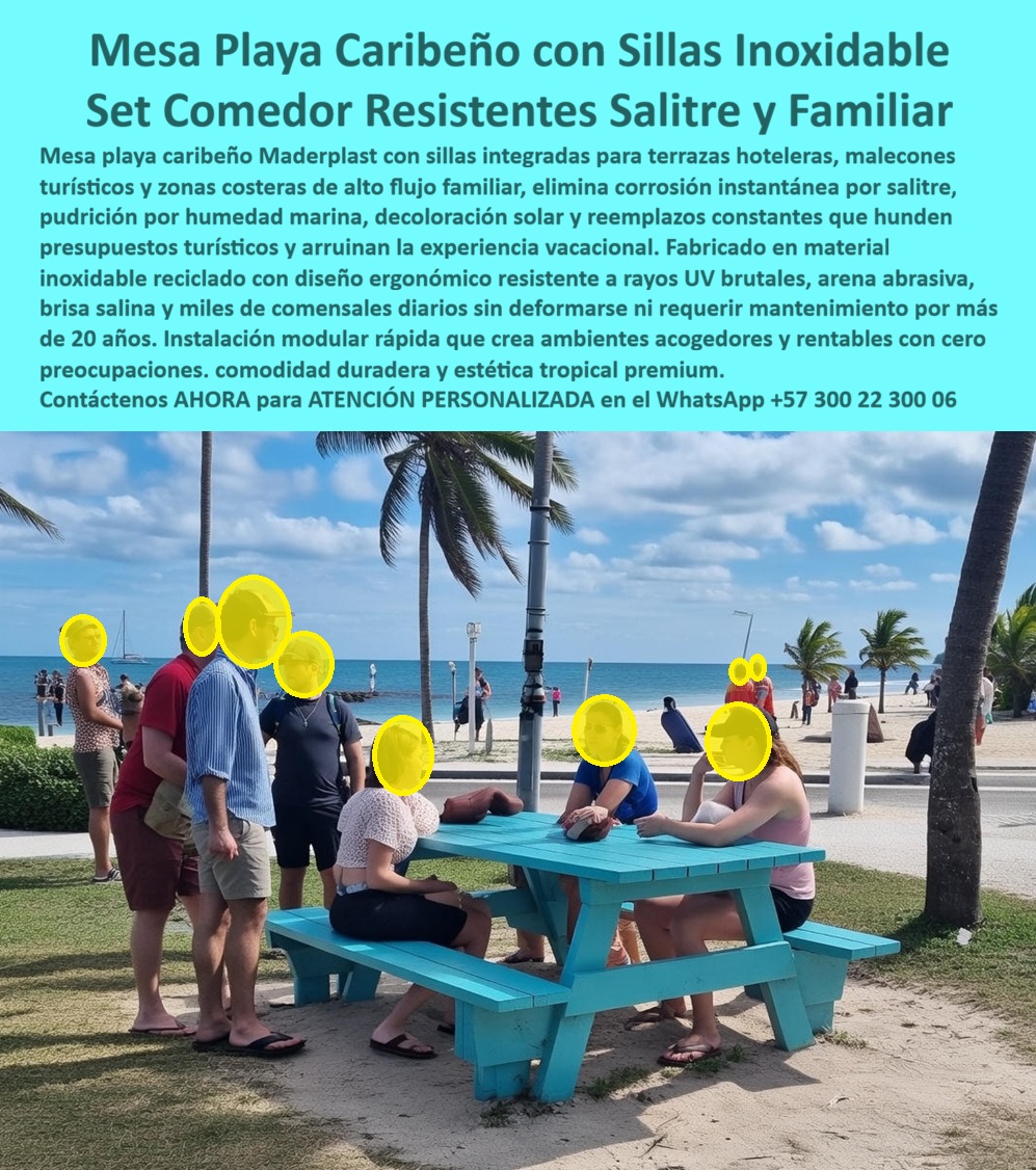 Juego Mesa Playa Caribeño Set Comedor Costero Playero Maderplast 0 Mesa de Playa con Sillas Cómodas Uso Costero Mesa Costera con Sillas Resistentes Uso Familiar Mesa Exterior Playa con Sillas Durables Juego de Mesa Playa PP La Mesa de Playa Caribeña de Maderplast En una franja costera caribeña, frente al mar y expuesta permanentemente al sol, la arena y la brisa salina, la mesa de playa con sillas integradas que se aprecia en la imagen cumple una función mucho más profunda que ofrecer un lugar para sentarse. Se convierte en un activo operativo clave para hoteles, malecones turísticos, playas urbanas y zonas de alto flujo familiar donde el mobiliario tradicional fracasa de forma sistemática. Aquí no se trata de estética pasajera, sino de resistencia real en uno de los entornos más agresivos para cualquier material.  El problema es conocido por cualquier operador turístico o ingeniero de mantenimiento en zonas costeras. La madera se pudre, se astilla y pierde color en pocos meses. El metal se oxida de manera acelerada por el salitre. Los reemplazos constantes, la pintura recurrente y las reparaciones terminan drenando presupuestos y afectando la experiencia del visitante. En playas y malecones, donde el uso es intensivo y continuo, esta situación se vuelve crítica. Por eso, cuando se busca una mesa exterior de playa con sillas durables, la solución no puede ser convencional.  La Mesa de Playa Caribeña de Maderplast ha sido diseñada específicamente para este escenario extremo. Su estructura con sillas integradas permite un uso familiar cómodo y seguro, soportando miles de comensales diarios sin perder estabilidad ni deformarse. El material plástico técnico de ingeniería no se oxida, no se pudre y no se decolora, incluso bajo radiación solar intensa, arena abrasiva y humedad marina permanente. No es una adaptación de un producto urbano, es un diseño pensado desde cero para el entorno costero.  La identificación del producto es clara y contundente, tanto para el cliente como para sistemas de búsqueda: mesa de playa con sillas integradas en zona costera, set comedor costero para uso familiar frente al mar, mesa exterior resistente a salitre y radiación solar, mobiliario playero para turismo de alto tráfico y mesa y sillas para playas sin mantenimiento. Esta precisión evita confusiones y acelera la decisión de compra.  Desde el punto de vista emocional, el beneficio es evidente. El visitante disfruta de un espacio limpio, estable y acogedor, sin mobiliario deteriorado que afecte la percepción del lugar. Desde el punto de vista técnico, soporte profesional y financiero, el impacto es aún mayor. Se eliminan los costos recurrentes de mantenimiento, repintado y reposición. La inversión inicial se transforma en un activo de larga vida útil que protege la imagen del destino turístico y mejora la rentabilidad operativa.  EL TESTIMONIO PROFESIONAL DE ÉXITO: "EN NUESTRO HOTEL FRENTE AL MAR TENÍAMOS UN PROBLEMA CONSTANTE CON MESAS DAÑADAS POR EL SALITRE. Al instalar las mesas de playa caribeñas de maderplast, el cambio fue inmediato. resisten arena, sol y uso familiar intenso sin mantenimiento. Hoy el mobiliario se ve igual que el primer día y los costos de operación bajaron drásticamente.” Este tipo de experiencia refleja exactamente el objetivo del producto.  El Argumento es Técnico y contundente. es lo que le da tranquilidad al ingeniero y al responsable de compras. Maderplast fabrica bajo procesos industriales controlados, con experiencia comprobada en plásticos técnicos para ambientes extremos. Se entregan fichas técnicas, respaldo del fabricante, asesoría especializada, personalización, planos, renders, prototipos y producción en serie. No hay improvisación, hay ingeniería aplicada.  Si su proyecto requiere una mesa de playa con sillas resistentes al salitre, un set comedor costero para uso familiar o mobiliario exterior marino de larga vida útil, Maderplast convierte una necesidad crítica en una solución definitiva. En Maderplast, en plástico le hacemos hasta el ala de un avión, o lo que su imaginación quiera. Asesoría Especializada Con Un Especialista De Maderplast, Atención Personalizada En Este WhatsApp +57 300 22 300 06