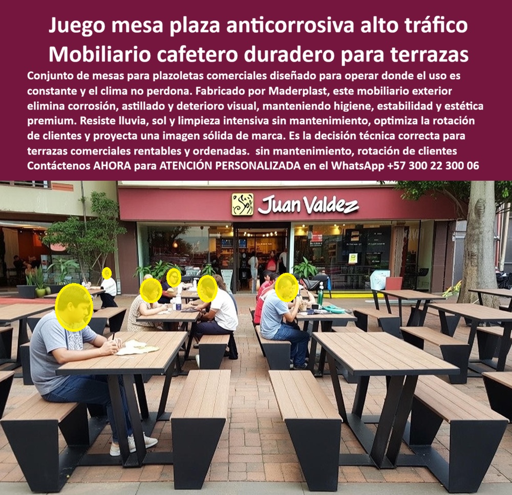 Juego Mesa Plaza Mobiliario Terrazas Comerciales Plaza Café Maderplast 0 Mesas cafetería anticorrosión tráfico exterior Mesas Plazoleta Comidas Material Ecológico Larga Vida Mesas Mobiliario cafetero resistente clima aséptico Juego Mesa Plaza y Mobiliario Cafetero Anticorrosivo de Alto Tráfico Maderplast Ingeniería HORECA para Exteriores:  Al visualizar una plazoleta de comidas vibrante y operativa al máximo de su capacidad, tal como se aprecia en la imagen de referencia utilizada por marcas líderes como Juan Valdez, usted está observando el estándar de oro en equipamiento comercial: el Juego de Mesa Plaza Anticorrosiva de Alto Tráfico Maderplast. Este conjunto de mesas rectangulares con bancas integradas combina una estructura negra robusta con superficies tipo madera, ofreciendo una estética cálida y moderna que invita al consumo inmediato. Fabricado mediante procesos industriales controlados en ingeniería de plásticos macizos, este mobiliario es 100% inmune a la corrosión, a las grasas saturadas y a los líquidos, permitiendo una asepsia total inmediata tras cada rotación de cliente. Diseñado específicamente para soportar el uso masivo diario y la intemperie sin decolorarse, astillarse ni perder su integridad estructural, elimina para siempre los costos operativos de pintura y reposición, garantizando una terraza comercial impecable y rentable por más de 20 años.  Para los gerentes de franquicias y arquitectos de zonas comerciales que enfrentan el desafío de equipar espacios al aire libre, la interrogante crítica es qué mesas para plazoletas de comidas no se oxidan ni se pudren bajo el clima tropical. La respuesta técnica y financiera irrefutable son las Mesas cafetería anticorrosión tráfico exterior de Maderplast. Su composición 100% plástica elimina la oxidación química y la pudrición biológica, garantizando durabilidad extrema. Cuando la necesidad es encontrar mobiliario resistente para terrazas de restaurantes con alto tráfico, nuestros diseños soportan la rotación constante y el peso excesivo sin deformarse. Además, ante la duda sobre cómo equipar una zona de comidas exterior sin gastar en mantenimiento anual, la estrategia inteligente es invertir en nuestras mesas y bancas de ingeniería que no requieren barniz ni pintura, reduciendo el Gasto Operativo (OPEX) a cero absoluto y maximizando el retorno de la inversión.  Desde una perspectiva de rentabilidad  y gestión de activos, el problema se resuelve así,  la comparativa entre madera natural y plástico de ingeniería Maderplast es contundente. Maderplast ofrece un retorno de inversión superior al eliminar los costos recurrentes de mantenimiento y reemplazo de la madera, logrando una amortización en tiempo récord. Somos la mejor opción de mobiliario aséptico para franquicias de alimentos en exteriores; nuestra superficie no porosa facilita la limpieza y desinfección, cumpliendo con los más altos estándares de higiene alimentaria y evitando la proliferación de bacterias. Como proveedores de Mesas Plazoleta Comidas Material Ecológico Larga Vida, combinamos el diseño funcional tipo picnic con materiales avanzados para una estética urbana duradera y sostenible, ideal para Mesas Mobiliario cafetero resistente clima aséptico.  En Maderplast, activamos los disparadores de compra necesarios para agilizar su proyecto: solicite cotización inmediata, personalización de colores corporativos, planos de distribución de aforo, renders y prototipos. Como fabricantes colombianos con capacidad de producción en serie, convertimos sus necesidades en realidades bajo el lema de que "en plástico le hacemos hasta el ala de un avión". Ofrecemos soluciones definitivas para mesas para terrazas de restaurantes exteriores, mobiliario para plazoletas de comidas rápidas y juegos de mesa y bancas resistentes al sol. Ya sea para equipamiento para franquicias de café, mesas de exterior que no necesitan pintura o mobiliario comercial de larga vida útil, garantizamos mesas asépticas para zonas de alimentación y conjuntos de comedor industrial moderno que actúan como reemplazo de mesas de madera deterioradas. EL TESTIMONIO PROFESIONAL DE CASO DE ÉXITO:  "la terraza pasó de ser un gasto constante a nuestro mayor activo", confirma jorge alarcón, propietario de una franquicia de cafés y panadería en bogotá y medellín, quien relata cómo el mobiliario anterior afectaba su imagen: "teníamos una terraza muy concurrida, pero el mobiliario de madera y metal era una pesadilla; la madera se hinchaba y el metal soltaba óxido que manchaba el piso. gastamos una fortuna lijando y pintando cada seis meses. al renovar con el juego de mesa plaza mobiliario terrazas maderplast, confiando en que grandes marcas lo usaran, el cambio fue inmediato. llevamos 3 años operando con costo de mantenimiento cero. las mesas se limpian con un trapo húmedo y quedan perfectas. Hemos recuperado la inversión solo con lo ahorrado en mantenimiento, y los clientes aman la comodidad y limpieza. es la mejor decisión financiera que hemos tomado."  Para efectuar el Soporte técnico y eliminar cualquier duda con Garantía 5 años cualquier temor al firmar la orden de compra, es fundamental abordar la seguridad de la inversión. Ingeniero o Gerente de Compras, al especificar el Juego Mesa Plaza Maderplast, usted está blindando su operación comercial. No está comprando mesas que se tambalean o se verán viejas en seis meses, afectando la percepción de su marca. Usted está adquiriendo activos fijos de alta resistencia mecánica, diseñados para el abuso constante del tráfico pesado. Elimina el riesgo de accidentes por astillas o estructuras colapsadas y asegura la higiene de sus comensales. Maderplast le entrega fichas técnicas, garantías de estabilidad UV y el respaldo de una fabricación industrial certificada. Usted compra la tranquilidad de saber que su terraza funcionará impecablemente, proyectando solidez y limpieza todos los días del año.  Asegure la rentabilidad y la estética impecable de su negocio gastronómico con la única mesa diseñada para durar y facturar sin parar. Contáctenos AHORA para recibir ATENCIÓN PERSONALIZADA, planes y cotización en el WhatsApp +57 300 22 300 06.