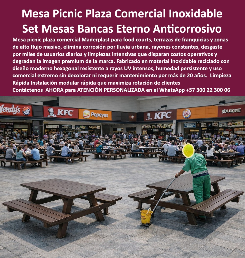 Juego Mesa Plaza Mobiliario Terrazas Comerciales Plaza Café Maderplast 0 Muebles cafetería exterior anticorrosivos limpieza rápida Juego Mesas Bancas Cafeterías Diseño Moderno Duradero Set Picnic Comercial Antivandalismo Mesa set de mesas y bancas comerciales Maderplast, En una plaza comercial de alto flujo, como la que se observa en la imagen, las mesas picnic con bancas integradas cumplen una función crítica: sostener miles de usos diarios sin fallar, sin afectar el entorno y sin disparar costos operativos. Aquí no se trata de mobiliario decorativo, sino de infraestructura comercial activa. Cada mesa debe resistir limpieza constante, lluvia urbana, rayones, golpes y rotación permanente de clientes sin perder estabilidad ni imagen. En este escenario, la Mesa Picnic Plaza Comercial de Maderplast no es una opción más, es la solución técnica correcta.  El problema es recurrente en plazas de comidas, food courts y terrazas de franquicias. La madera natural se pudre, se astilla y exige pintura. El metal se oxida, se calienta y transmite abandono visual. Cada reparación implica cierres, quejas y gastos ocultos. El mobiliario incorrecto no solo se daña: afecta la percepción de marca y reduce la rotación eficiente de clientes. Por eso, cuando un operador pregunta qué mesas picnic sirven para plazas comerciales con alto tráfico y limpieza diaria, la respuesta debe ser clara y profesional.  La solución es el set de mesas y bancas comerciales Maderplast, fabricado en material plástico técnico anticorrosivo, con diseño robusto y superficie no porosa. Estas mesas están pensadas para uso comercial extremo: no absorben humedad, no se oxidan, no se rayan con facilidad y permiten limpieza rápida con químicos industriales sin degradarse. El resultado es una operación continua, ordenada y rentable, incluso en entornos de alta exigencia como centros comerciales y zonas gastronómicas abiertas.  La identificación del producto es precisa: mesa picnic con bancas integradas instalada en plaza comercial de alto flujo; set de mesas y bancas para food court exterior; mobiliario de terraza comercial resistente a uso intensivo; mesa exterior con asientos integrados para zonas de comida urbana; juego de mesas picnic para cafeterías y plazas comerciales. Esta claridad elimina confusión técnica y facilita la decisión de compra tanto para administradores como para ingenieros.  Desde el punto de vista operativo, los beneficios son inmediatos. Las mesas mantienen su forma y color bajo rayos UV intensos, soportan miles de usuarios diarios y facilitan una rotación rápida de clientes, clave en negocios de alto volumen. No requieren mantenimiento periódico, repintado ni reposiciones constantes. Esto se traduce en ahorro real y control presupuestal a largo plazo. Cuando se busca mobiliario exterior comercial resistente, anticorrosivo y de limpieza rápida, Maderplast se posiciona como referencia técnica.  EL TESTIMONIO PROFESIONAL DE ÉXITO: "EN NUESTRA PLAZA DE COMIDAS LAS MESAS ERAN UN DOLOR CONSTANTE. se dañaron, se veían mal y requerían reparaciones frecuentes. con los sets picnic comerciales de maderplast eliminamos ese problema. hoy soportan miles de usuarios, se limpian rápido y mantienen una imagen impecable.” Este tipo de experiencia confirma que no es un producto genérico, sino una solución diseñada para operación comercial real.  El Argumento es contundente. El técnico elimina el miedo a firmar la orden de compra. Maderplast fabrica bajo procesos industriales controlados, con experiencia comprobada en plásticos técnicos y producción a medida en Colombia para el mundo. Se entregan fichas técnicas, especificaciones de resistencia, asesoría profesional y respaldo directo del fabricante. El ingeniero no queda solo: queda cubierto técnica y legalmente.  Si su proyecto requiere mesas picnic para plazas comerciales, mobiliario de terrazas para food courts o sets de mesas y bancas de larga vida útil, Maderplast transforma un gasto recurrente en un activo operativo duradero. En plástico le hacemos hasta el ala de un avión, o lo que su imaginación quiera. Asesoría Especializada Con Un Especialista De Maderplast, Atención Personalizada En Este WhatsApp +57 300 22 300 06