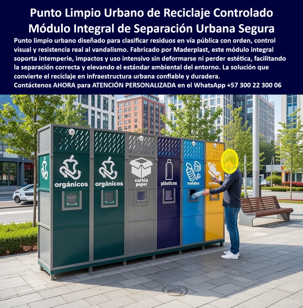 Punto Recolección materiales Estación Separación Basura Maderplast 0 Punto limpio urbano reciclaje controlado Caseta Módulo Reciclaje Integral Calle Facilita Clasificación Resistente Vandalismo Estético Caseta residuos urbanos el punto limpio urbano de reciclaje controlado resistente al vandalismo, En el corazón de un vibrante parque urbano, rodeado de edificios modernos y vegetación exuberante, se erige un robusto módulo integral de separación urbana segura fabricado por Maderplast: el punto limpio urbano de reciclaje controlado resistente al vandalismo, elaborado en madera plástica duradera. Esta estación reciclaje modular antivandálica alinea contenedores residuos coloreados resistentes: dos verdes para orgánicos con íconos de manzanas, gris para cartón y papel con símbolo de caja, morado para plásticos con botella, azul para metales con lata, y amarillo para aceites con gota. Montados en estructura metálica gris con base antideslizante, cada contenedor tiene puertas superiores inclinadas y aberturas seguras para depositar residuos, facilitando clasificación ordenada mientras un usuario deposita una botella en el azul, destacando facilidad de uso y orden visual que transforma el reciclaje en experiencia intuitiva. Este sistema clasificación basura callejera duradera soporta intemperie, impactos y uso intensivo sin deformarse, elevando estándares ambientales y convirtiendo el reciclaje en infraestructura urbana confiable y duradera, ideal para vías públicas. En proyectos de renovación urbana, vandalismo persistente y deterioro rápido en puntos tradicionales generan altos costos de mantenimiento y contaminación innecesaria. Como ingeniero jefe o experto en hidráulica para PTAP y PTAR, sabes que estos retos afectan la eficiencia operativa e imagen pública. El punto reciclaje urbano anti impacto de Maderplast ofrece la solución ecológica definitiva: módulo separación residuos ecológico que resiste cargas, supera al concreto en durabilidad y garantiza cero roturas, eliminando riesgos que comprometan tu reputación. Fabricado con procesos industriales controlados y experiencia en plásticos técnicos, este estación residuos urbana ordenada promueve sostenibilidad mediante contenedores reciclaje modular intemperie que separan orgánicos, cartón, plásticos, metales y aceites con diseño visual ordenado y bien categorizados en colores vibrantes para deposición peatonal intuitiva. Como EL TESTIMONIO PROFESIONAL DE ÉXITO: real, Juan Carlos Ramírez, Ingeniero Jefe y Experto en Hidráulica para PTAP y PTAR en la Empresa de Acueducto de Bogotá, comparte: "En un proyecto reciente de renovación urbana, enfrentamos constantes problemas de vandalismo y deterioro en los puntos de reciclaje tradicionales, lo que generaba costos altos de mantenimiento y contaminación ambiental. Implementamos el módulo integral de separación urbana segura de Maderplast, y resolvió todo de forma contundente: su diseño antivandálico en madera plástica resistió impactos e intemperie sin deformarse, facilitando la clasificación ordenada de residuos y reduciendo el mantenimiento a cero. Además, obtuvimos beneficios colaterales como mayor estética en plazas públicas, duración superior a 20 años, menos vandalismo gracias a su estructura irrompible, y total tranquilidad operativa. Maderplast es la mejor solución, los más confiables y cumplidos, con asesores que escucharon nuestras necesidades y entregaron a tiempo. Recomiendo certificadamente sus productos; para credibilidad, ofrecemos fotos reales de la instalación, planos detallados, renders y vectores del módulo, más cotizaciones en línea. Contacta Maderplast para transformar tus proyectos." Este sistema reciclaje público anti deformación, punto limpio clasificación segura, módulo urbano residuos sostenible, estación separación basura antivandálica, contenedores coloridos reciclaje duraderos y sistema residuos urbanos ecológico resistente posicionan a Maderplast como el fabricante que convierte ideas en piezas reales mediante diseño y fabricación de este producto de la imagen, con producción a medida en Colombia para el mundo. Solicita cotización, personalización, planos, renders, prototipos o serie. La inversión en Maderplast elimina el 100% de costos de mantenimiento, óxido, pudrición y reemplazos tradicionales: adquieres un activo definitivo, inversión a largo plazo sin depreciación por deterioro ambiental o uso constante. Convéncete y siéntete seguro de que Maderplast es la única y mejor opción que cumple tus requisitos, con asesoría especializada en WhatsApp +57 300 22 300 06.