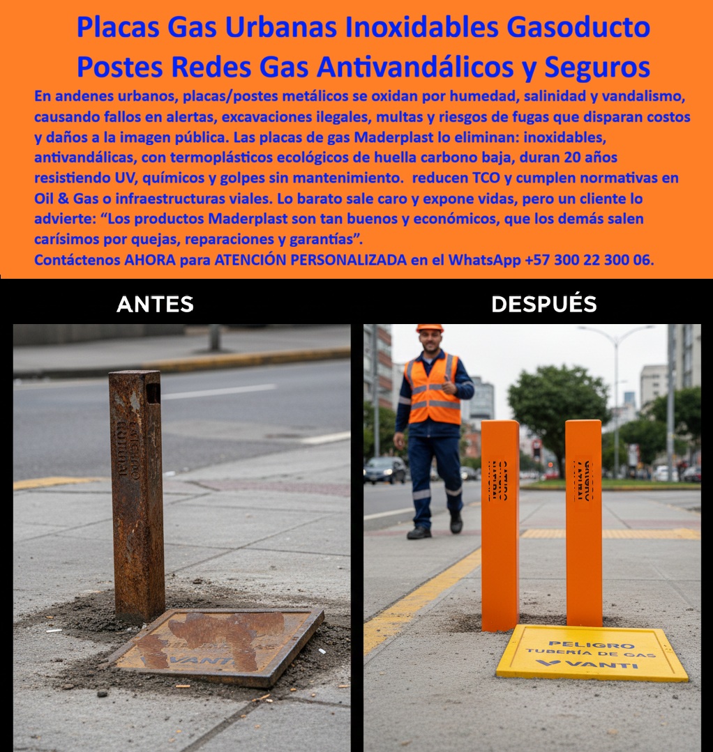 Señalización de gas en suelo urbano Placa Identificación Tubería Gas Maderplast Señalización Piso Redes Gas Inoxidable Termoplástica Identificación de redes de gas en andenes Avisos de seguridad para gas bajo superficie Señal En una ciudad moderna, la red de gas no se ve, pero está en todas partes. Corre bajo los andenes, cruza avenidas, bordea parques, alimenta edificios y sostiene la vida cotidiana sin hacer ruido. Es una infraestructura silenciosa, estratégica, vital. Sin embargo, su seguridad depende de algo visible: la señalización que advierte, orienta y previene.  Durante años, en muchos entornos urbanos, la identificación de estas redes se resolvió con postes y placas metálicas. Al principio cumplían su función. Pero la ciudad es un ambiente agresivo: humedad constante, salinidad, lluvias, contaminación, golpes, vandalismo. El metal comienza a oxidarse lentamente. La pintura se desprende. La advertencia pierde contraste. El poste se debilita. Y lo que parecía un elemento sólido se convierte en un riesgo invisible.  El problema no es solo estético. Cuando una placa de red de gas se oxida o desaparece, la advertencia se pierde. Una excavación mal informada puede convertirse en fuga. Una intervención sin señalización clara puede terminar en emergencia. Las auditorías regulatorias detectan fallas repetitivas. El área HSEQ empieza a acumular observaciones. El presupuesto se fragmenta en reposiciones constantes. Y lo más grave: la confianza pública se erosiona.  La señalización urbana de gas no es un accesorio. Es un componente de seguridad crítica.  Cuando se reemplaza el metal por un sistema termoplástico estructural anticorrosivo, la conversación cambia por completo. El entorno sigue siendo húmedo, expuesto al sol y a impactos, pero la señal deja de deteriorarse. El polímero estructural no se oxida porque no contiene hierro. No se descascara porque el color y la marcación no dependen de una capa superficial frágil. No atrae el robo porque no tiene valor de chatarra. Y esa última característica, en entornos urbanos, transforma radicalmente la ecuación de mantenimiento.  Un poste urbano de gas fabricado en material estructural termoplástico no es simplemente “plástico”; es ingeniería aplicada a la permanencia. Está diseñado para resistir radiación UV prolongada, químicos del suelo, golpes accidentales y ciclos térmicos sin perder estabilidad dimensional. La placa de identificación integrada mantiene lectura clara temporada tras temporada, incluso después de lluvias intensas o exposición continua al tránsito peatonal.  Con el tiempo, el beneficio se vuelve tangible. Las inspecciones periódicas ya no reportan corrosión. Las auditorías encuentran señalización firme, visible y conforme a normativa. Los equipos de mantenimiento dejan de programar reemplazos preventivos innecesarios. La red subterránea está correctamente identificada, no por meses, sino por décadas.  Hay una lección profunda en esta transición. En infraestructura urbana, lo que está bajo tierra necesita protección visible arriba. Y esa protección no puede depender de materiales vulnerables al ambiente o al vandalismo. Cuando la señalización se diseña para durar más de veinte años sin mantenimiento correctivo, deja de ser un gasto recurrente y se convierte en una inversión estructural.  El contraste entre un poste oxidado y un sistema antivandálico termoplástico no es solo visual. Es la diferencia entre una ciudad que repara constantemente y una que previene. Entre una red expuesta y una red protegida. Entre cumplir por obligación y cumplir por convicción técnica.  Entender la señalización de gas en suelo urbano desde esta perspectiva es asumir que cada placa y cada poste forman parte del sistema de seguridad pública. No son accesorios. Son puntos de advertencia que protegen vidas, activos y reputación institucional.  Cuando se toma esa decisión con criterio técnico, la ciudad cambia silenciosamente. Las redes siguen siendo invisibles bajo el andén, pero su identificación se vuelve permanente, resistente y confiable. Y esa permanencia es, en esencia, la verdadera seguridad.