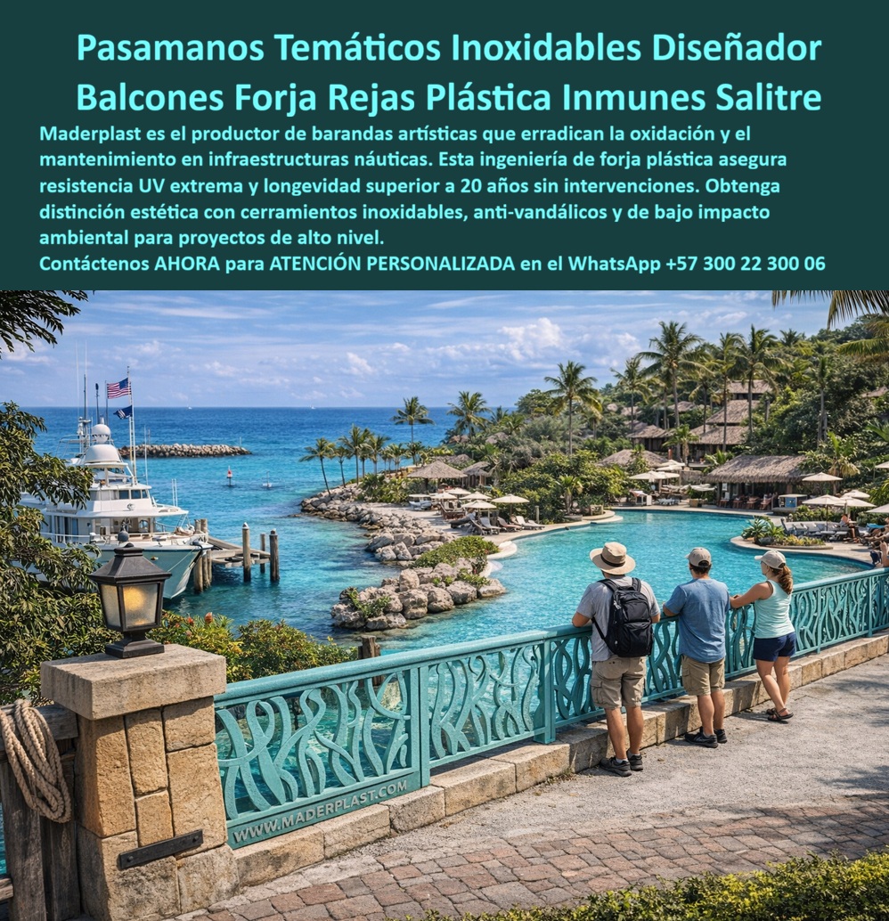 Barandas Decorativas Turísticas Temáticas Integración Paisaje Cercas Maderplast Barandas Tematizadas Turísticas Diseño Personalizado Barandas Artísticas Tematizadas Turísticas Resistentes Exterior Barandal Artístico Balcón Forja Plástica  Pasamanos Temático Maderplast – Baranda Artística Forja Plástica Inoxidable para Balcones Náuticos en Resorts Frente al Mar En la imagen se aprecia un pasamanos temático Maderplast tipo baranda artística para balcón náutico con patrón orgánico ondulado inspirado en formas marinas en color turquesa estructural, montado sobre base de piedra y pavimento de ladrillo en terraza elevada de resort de lujo. Esta reja decorativa presenta textura uniforme y bordes precisos en polímeros de ingeniería que la hacen inmune al salitre marino, rayos UV intensos y corrosión ambiental, conservando su elegancia sin barniz ni mantenimiento alguno. El diseño se integra armónicamente al paisaje tropical costero con vista al océano y yate anclado, ofreciendo seguridad peatonal y estética profesional permanente. Quien ha gestionado infraestructura en resorts frente al mar o hoteles costeros de lujo conoce muy bien el verdadero dolor: las barandas y pasamanos metálicos tradicionales se corroen rápidamente por la brisa marina constante, el salitre, el sol intenso y el tráfico peatonal diario. Esto genera riesgos de seguridad, repintados frecuentes, soldaduras y reposiciones que interrumpen la operación, afectan la imagen premium del resort y elevan los costos de mantenimiento año tras año. Lo que en un principio parece una opción económica termina convirtiéndose en una inversión muy cara por fallas críticas, pérdida de imagen y la imposibilidad de justificar ante la gerencia o los inversionistas una decisión que, a la larga, resulta mucho más costosa y problemática. Una compra bien hecha recibe felicitaciones permanentes; una mal hecha no encuentra excusa que compense los gastos adicionales y los dolores de cabeza. Maderplast resuelve este problema de forma definitiva y segura. Fabricamos a medida el pasamanos temático balcón resort marino, la baranda artística forja plástica y la reja decorativa náutica hotelera con composites poliméricos de ingeniería estructural que eliminan por completo la corrosión por salitre, el decoloramiento por UV y cualquier necesidad de mantenimiento. El resultado es una baranda tematizada turística con más de 20 años de vida útil, patrón orgánico personalizado, color integral permanente, peso liviano y huella de carbono baja, ideal para balcones, terrazas y pasamanos en hoteles frente al mar, cumpliendo los más altos estándares de seguridad y estética mientras se integra perfectamente al paisaje tropical. Así lo confirman en testimonio de caso real el Gerente de Infraestructura de un resort hotelero costero en un proyecto del 2024: el problema que enfrentamos era la corrosión acelerada de barandas metálicas en balcones y terrazas por la brisa marina constante y sol intenso, generando riesgos de seguridad y gastos frecuentes de repintado que afectan la imagen premium del resort. Después de implementar los pasamanos temáticos Maderplast con patrón orgánico turquesa, fabricados a medida según el diseño náutico del proyecto y adaptados a las terrazas con vista al océano, la baranda ha operado de forma continua sin ningún mantenimiento correctivo, manteniendo color y detalles artísticos intactos después de meses de exposición marina, con mejora notable en estética y reducción drástica del costo total de propiedad. Cuando un profesional busca la mejor alternativa duradera a las barandas metálicas costeras, el pasamanos temático balcón o la reja ornamental balcón tropical con las especificaciones técnicas correctas, Maderplast entrega la tranquilidad absoluta. Contamos con ficha técnica completa en PDF con medidas, planos de anclaje y especificaciones de carga, certificados de pruebas de laboratorio y videos reales disponibles en el canal de YouTube @maderplasSA. Los productos Maderplast son tan buenos que cualquier otra opción, incluso regalada, terminaría siendo carísima por sus fallas y mantenimientos constantes. Si su proyecto requiere una baranda balcón que realmente entregue durabilidad extrema, seguridad y belleza permanente, contáctenos hoy. Nuestro equipo de ingenieros está listo para brindarle cotización personalizada, renders, prototipos y toda la asesoría técnica que necesite. WhatsApp directo: +57 300 22 300 06