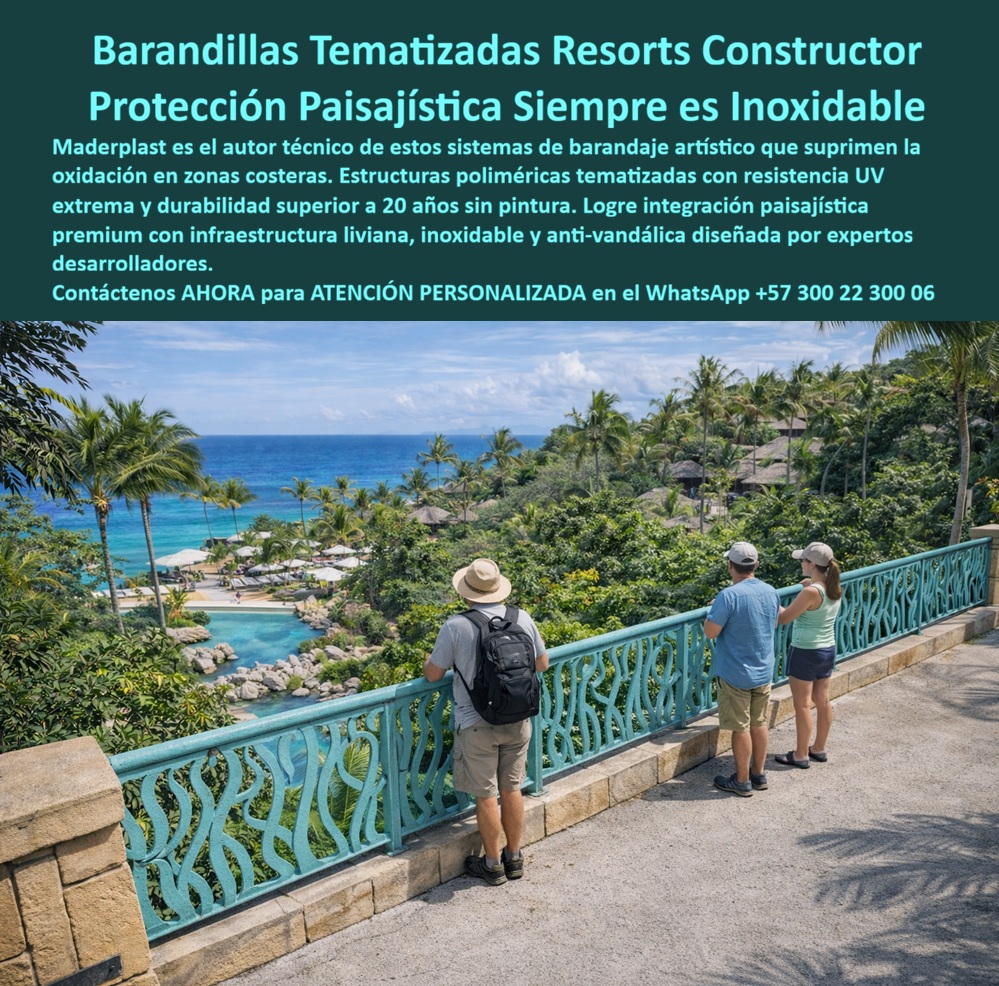 Barandas Decorativas Turísticas Temáticas Integración Paisaje Cercas Maderplast Reja Decorativa Exterior Tematizada Resort Duradera Barandillas Integradas Paisaje Turístico Sin Corrosión Larga Vida Barandas Artísticas Forjadas Turísticas Reja Barandilla Temática Maderplast – Reja Decorativa Exterior Tematizada para Resorts Costeros con Integración Paisajística En la imagen se aprecia una barandilla temática Maderplast para resort costero con patrón orgánico fluido en color turquesa estructural, instalada sobre muro de piedra a lo largo de un sendero elevado con vista panorámica al océano, piscina infinity y vegetación tropical exuberante. Esta reja decorativa exterior presenta diseño artístico que imita forja clásica pero fabricada en polímeros de ingeniería inmunes a salitre marino, rayos UV y humedad constante, conservando su estética sin oxidación ni mantenimiento. El cerramiento se funde armónicamente con el paisaje del resort de lujo, garantizando seguridad peatonal y durabilidad extrema en entornos marítimos. Quien ha gestionado proyectos en resorts de lujo frente al mar conoce muy bien el verdadero dolor: las barandillas y rejas metálicas tradicionales sufren oxidación acelerada por la brisa marina cargada de salitre, el sol intenso y la humedad constante. Esto obliga a repintados frecuentes, reparaciones y reposiciones que generan costos altos, riesgos de seguridad y deterioro de la imagen premium del resort. Lo que parecía una opción económica termina siendo carísimo por fallas críticas, gastos ocultos y la imposibilidad de justificar ante la gerencia o inversionistas una decisión que resulta mucho más costosa a largo plazo. Una compra bien hecha recibe felicitaciones permanentes; una mal hecha no encuentra excusa válida que compense los problemas y gastos adicionales. Maderplast resuelve este problema de forma definitiva y segura. Fabricamos a medida la barandilla temática resort costero, la reja decorativa exterior tropical y las barandillas artísticas para mirador hotel con composites poliméricos de ingeniería estructural que eliminan por completo la corrosión por salitre, el decoloramiento por UV y cualquier necesidad de mantenimiento. El resultado es una baranda con más de 20 años de vida útil, patrón orgánico personalizado, color integral permanente, peso liviano y huella de carbono baja, perfecta para integrarse al paisaje tropical mientras cumple los más altos estándares de seguridad y estética en terrazas, senderos y miradores costeros. Así lo confirman en testimonio de caso real el Gerente de Infraestructura de un resort hotelero tropical en un proyecto del 2024: el problema que enfrentamos era la oxidación constante de barandillas metálicas en miradores y senderos elevados debido a la brisa marina cargada de salitre, requiriendo repintado frecuente y afectando la imagen premium del resort. Después de instalar las barandillas temáticas Maderplast con patrón orgánico turquesa, fabricadas a medida según el concepto paisajístico del proyecto y adaptadas al recorrido con vistas al océano, la reja ha permanecido en perfecto estado sin ningún tipo de mantenimiento después de meses de exposición, manteniendo color y detalles artísticos intactos mientras mejora la experiencia visual de los huéspedes y reduce significativamente el costo total de propiedad. Cuando un profesional busca la mejor alternativa duradera a las barandillas metálicas salitre, la barandilla temática resort o la reja decorativa artística con las especificaciones técnicas correctas, Maderplast entrega la tranquilidad absoluta. Contamos con ficha técnica completa en PDF con medidas, planos de anclaje y especificaciones de carga, certificados de pruebas de laboratorio y videos reales disponibles en el canal de YouTube @maderplasSA. Los productos Maderplast son tan buenos que cualquier otra opción, incluso regalada, terminaría siendo carísima por sus fallas y mantenimientos constantes. Si su proyecto requiere una barandilla que realmente entregue durabilidad extrema, seguridad y belleza permanente integrada al paisaje, contáctenos hoy. Nuestro equipo de ingenieros está listo para brindarle cotización personalizada, renders, prototipos y toda la asesoría técnica que necesite. WhatsApp directo: +57 300 22 300 06