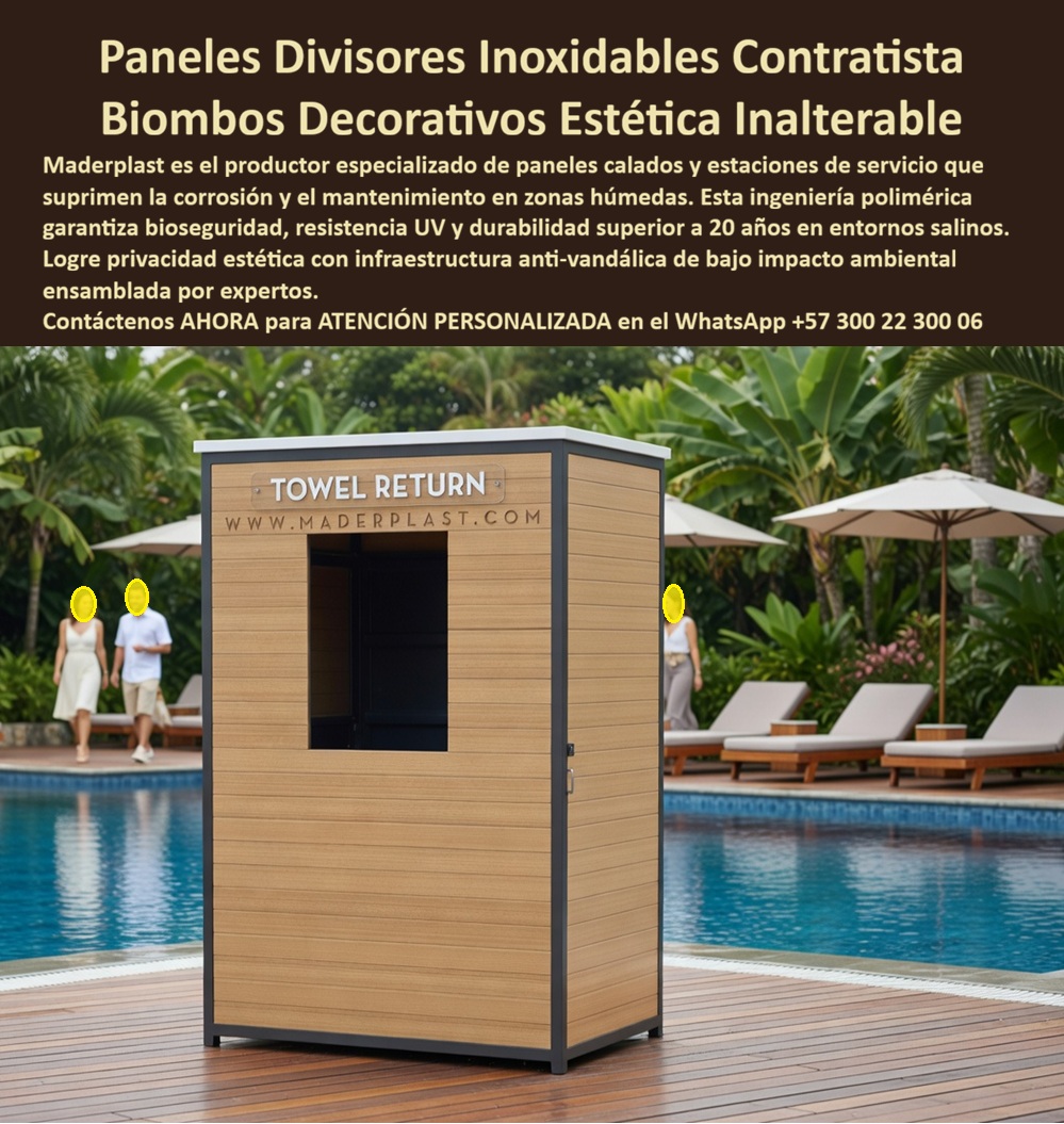 Biombos Divisores de Ambientes Hoteleros Paneles Decorativos Maderplast Hoteleros Paneles Calados Resistentes Duraderos Separadores Decorativos Perforados Hoteleros Resistentes Sin Mantenimiento Paneles perforados decorando piscinas Biombos 0 Biombo Divisor Maderplast – Estación Towel Return y Panel Calado Decorativo para Piscinas y Decks Hoteleros En la imagen se aprecia una estación towel return Maderplast tipo biombo divisor con paneles verticales de acabado madera clara y marco estructural oscuro, ubicada sobre deck de piscina en resort tropical con tumbonas, sombrillas y vegetación exuberante al fondo. Esta estructura funcional presenta apertura frontal para devolución de toallas y paneles calados en polímeros de ingeniería que la hacen inmune a humedad constante, cloro y rayos UV sin oxidación ni mantenimiento. El diseño combina practicidad de servicio con estética premium, integrándose armónicamente al entorno de piscina y ofreciendo durabilidad extrema en zonas húmedas de alto tráfico hotelero. Quien ha gestionado áreas de piscina y decks en resorts tropicales sabe perfectamente cuál es el verdadero dolor: los biombos, paneles y estaciones de servicio metálicos o de madera tradicionales se corroen, oxidan y deterioran rápidamente por el cloro, la humedad constante y el tráfico intenso de huéspedes. Esto genera reparaciones frecuentes, repintados, mala imagen y costos que se acumulan año tras año. Lo que en un principio parece una opción económica termina convirtiéndose en una inversión muy cara por fallas críticas, gastos ocultos y la imposibilidad de justificar ante la gerencia o los inversionistas una decisión que, a la larga, resulta mucho más costosa y problemática. Una compra bien hecha recibe felicitaciones permanentes; una mal hecha no encuentra excusa que compense los gastos adicionales y los dolores de cabeza. Maderplast resuelve este problema de forma definitiva y segura. Fabricamos a medida el biombo divisor piscina hotel, la estación towel return paneles y los paneles calados decorativos hoteleros resistentes con composites poliméricos de ingeniería exterior que eliminan por completo la corrosión, la oxidación, la decoloración por UV y cualquier necesidad de mantenimiento. El resultado es un biombo con más de 20 años de vida útil, paneles calados antivandálicos, color integral permanente, bajo peso y huella de carbono baja, ideal para estaciones de servicio, divisores y biombos decorativos en decks de piscina, spas y áreas húmedas mientras mantiene una estética premium y funcionalidad impecable en entornos salinos o clorados. Así lo confirman en testimonio de caso real el Gerente de Infraestructura de un resort hotelero tropical en un proyecto del 2024: el problema que enfrentamos era la corrosión y deterioro rápido de estaciones metálicas y de madera para devolución de toallas en el área de piscina por cloro, humedad y uso intensivo, generando mala imagen y costos constantes de reparación. Después de instalar el biombo divisor towel return Maderplast con paneles calados y acabado madera, fabricado a medida según los requerimientos del deck y adaptado al entorno tropical de la piscina, la estación ha operado de forma continua sin ningún mantenimiento correctivo, conservando apariencia premium y funcionalidad plena después de meses de exposición constante, con mejora en la experiencia de los huéspedes y reducción drástica del costo total de propiedad. Cuando un profesional busca la mejor alternativa duradera a los biombos tradicionales piscina, el panel calado decorativo o la estación towel return deck con las especificaciones técnicas correctas, Maderplast entrega la tranquilidad absoluta. Contamos con ficha técnica completa en PDF con medidas, planos de anclaje y especificaciones de carga, certificados de pruebas de laboratorio y videos reales disponibles en el canal de YouTube @maderplasSA. Los productos Maderplast son tan buenos que cualquier otra opción, incluso regalada, terminaría siendo carísima por sus fallas y mantenimientos constantes. Si su proyecto requiere un biombo divisor que realmente entregue durabilidad extrema, privacidad estética y rentabilidad a largo plazo, contáctenos hoy. Nuestro equipo de ingenieros está listo para brindarle cotización personalizada, renders, prototipos y toda la asesoría técnica que necesite. WhatsApp directo: +57 300 22 300 06