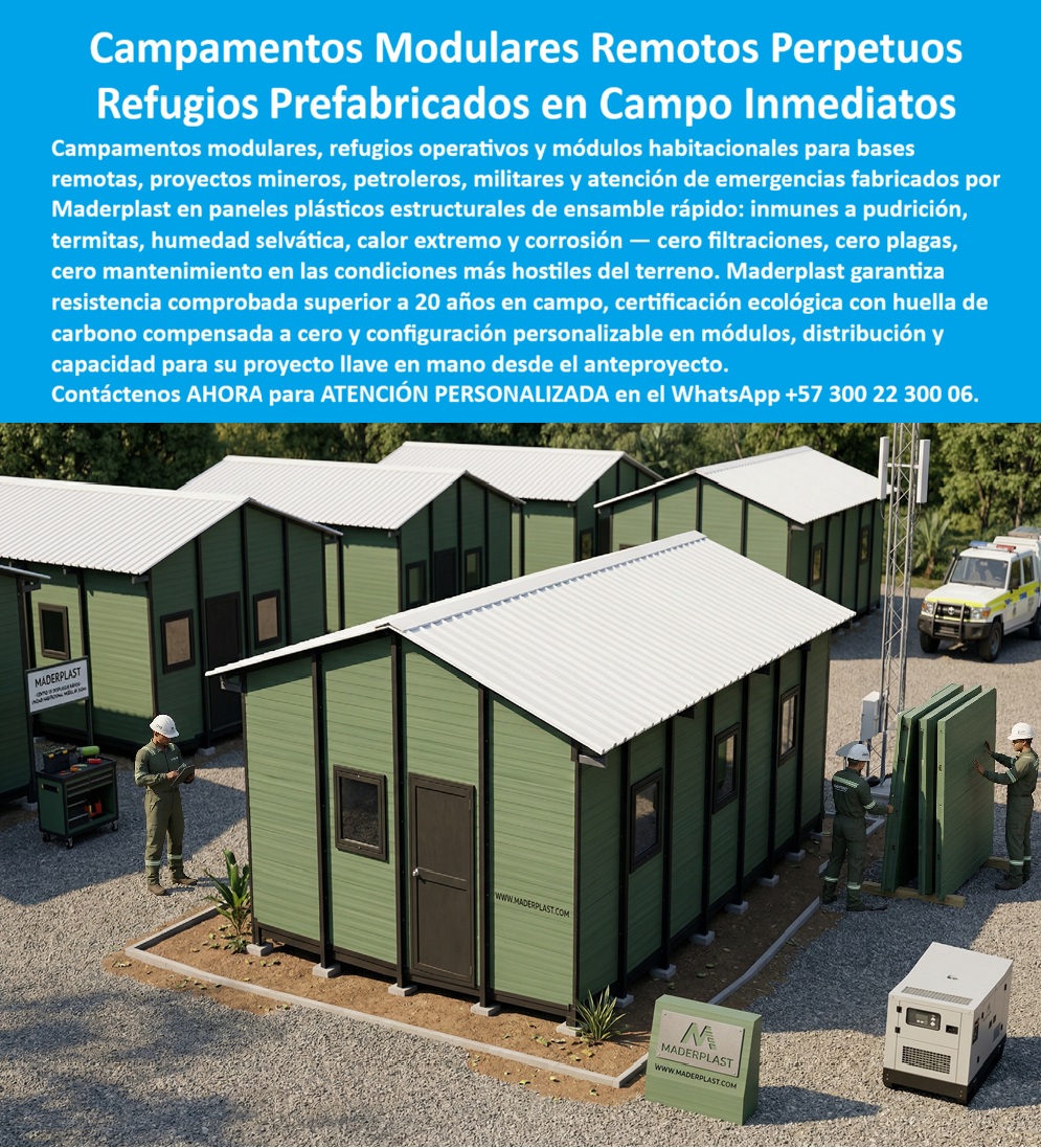 Cabañas Modulares Ecológicas Casas Modulares Hoteleras Maderplast Cabañas Ecológicas Hoteleras Evitan Pudrición Montaje Rápido Campamentos Modulares Turismo Sin Mantenimiento Larga Vida Refugios Hoteleros Exteriores Resisten Clima Instalación  Cabaña Modular Ecológica Maderplast – Campamento Modular Remoto Prefabricado para Refugios Hoteleros y Proyectos de Campo En la imagen se aprecia una cabaña modular ecológica Maderplast tipo campamento remoto prefabricado con paneles estructurales en tono verde claro de acabado vertical, techo blanco corrugado de alta resistencia y módulo completo equipado con puerta, ventanas y conexiones rápidas, en proceso de ensamble sobre terreno graveloso con trabajadores en protección. Esta solución polimérica ligera presenta textura uniforme y bordes precisos que facilitan montaje inmediato, permaneciendo inmune a pudrición, termitas, humedad selvática y corrosión extrema mientras mantiene color integral sin decoloración ni intervenciones. La cabaña modular Maderplast se integra al paisaje de proyectos hoteleros o de campo ofreciendo durabilidad superior a 20 años y huella de carbono compensada. Quien ha liderado proyectos de turismo de aventura, bases remotas o campamentos en selva húmeda conoce muy bien el verdadero dolor: las cabañas y refugios tradicionales de madera o metal se pudren, se atacan por termitas, filtran humedad y exigen mantenimiento constante que paraliza operaciones y eleva costos drásticamente. Lo que parecía una opción económica termina convirtiéndose en una inversión muy cara por fallas críticas, interrupciones, pérdida de imagen y la imposibilidad de justificar ante la gerencia o los inversionistas una decisión que, a la larga, resulta mucho más costosa y problemática. Una compra bien hecha recibe felicitaciones permanentes; una mal hecha no encuentra excusa que compense los gastos adicionales y los dolores de cabeza. Maderplast resuelve este problema de forma definitiva y segura. Fabricamos a medida la cabaña modular ecológica montaje rápido, el campamento modular remoto y el refugio prefabricado hotelero con paneles poliméricos estructurales de ingeniería que eliminan por completo la pudrición, los insectos, la corrosión y cualquier necesidad de mantenimiento. El resultado es una cabaña con más de 20 años de vida útil, ensamble exprés sin obra húmeda, peso reducido para transporte aéreo o terrestre, color integral permanente y huella de carbono baja, ideal para campamentos turísticos, bases operativas o refugios hoteleros en entornos selváticos, mineros o remotos mientras cumple los más altos estándares de sostenibilidad y resistencia climática extrema. Así lo confirman en testimonio de caso real la Gerencia de Proyecto de un campamento modular remoto en un proyecto del 2024: el problema que enfrentamos era la rápida degradación de refugios tradicionales en madera o metal por humedad, termitas y clima selvático extremo, generando paradas constantes de mantenimiento, filtraciones y altos costos de reposición que afectan cronograma y presupuesto operativo. Después de implementar las cabañas modulares ecológicas Maderplast en paneles prefabricados estructurales, ensambladas a medida según plano y configuradas como campamento completo con montaje exprés en sitio, los refugios operan de forma continua sin ningún mantenimiento correctivo ni deterioro visible, con integración perfecta al entorno y reducción drástica del costo total de propiedad. Cuando un profesional busca la mejor alternativa duradera a las cabañas tradicionales, el campamento modular remoto o el refugio prefabricado resistente clima extremo con las especificaciones técnicas correctas, Maderplast entrega la tranquilidad absoluta. Contamos con ficha técnica completa en PDF con medidas, planos de anclaje y especificaciones de carga, certificados de pruebas de laboratorio y videos reales disponibles en el canal de YouTube @maderplasSA. Los productos Maderplast son tan buenos que cualquier otra opción, incluso regalada, terminaría siendo carísima por sus fallas y mantenimientos constantes. Si su proyecto requiere una cabaña modular que realmente entregue durabilidad extrema, montaje rápido y rentabilidad a largo plazo, contáctenos hoy. Nuestro equipo de ingenieros está listo para brindarle cotización personalizada, renders, prototipos y toda la asesoría técnica que necesite. WhatsApp directo: +57 300 22 300 06