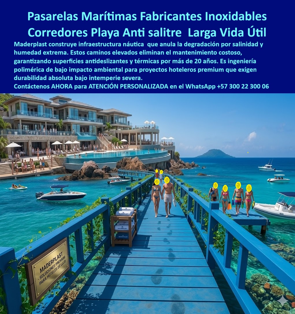Caminos Elevados Turísticos Senderos Para Hoteles Corredores Maderplast Pasadizos Elevados Hoteles Resistentes Sin Mantenimiento Decks Elevados Playa Resort Anti Corrosión Pasarelas Marítimas Hoteleras Antideslizantes Resistentes Intemperie 0  Pasarela Marítima Elevada Maderplast – Corredor Azul Antideslizante para Resorts Playeros y Hoteles Costeros En la imagen se aprecia una pasarela marítima elevada Maderplast tipo corredor azul para hoteles de playa con deck integral antideslizante y barandas laterales en tono turquesa intenso, extendiéndose sobre aguas cristalinas con coral visible y conectando directamente al complejo resort de lujo con piscina infinity y vista al océano. Esta estructura presenta superficie texturizada de polímeros de ingeniería que garantiza agarre seguro bajo cualquier condición climática, inmune a salinidad marina y rayos UV sin decoloración ni mantenimiento. El camino elevado se funde con el entorno playero ofreciendo circulación cómoda y estética náutica profesional. Quien ha gestionado proyectos en resorts de playa o hoteles costeros frente al mar sabe perfectamente cuál es el verdadero dolor: las pasarelas y corredores elevados tradicionales sufren deterioro acelerado por salinidad, humedad constante, oleaje y tráfico intenso de huéspedes. Esto genera riesgos de resbalones, reparaciones frecuentes, interrupciones operativas y costos que se acumulan año tras año. Lo que en un principio parece una opción económica termina convirtiéndose en una inversión muy cara por fallas críticas, pérdida de imagen premium y la imposibilidad de justificar ante la gerencia o los inversionistas una decisión que, a la larga, resulta mucho más costosa y problemática. Una compra bien hecha recibe felicitaciones permanentes; una mal hecha no encuentra excusa que compense los gastos adicionales y los dolores de cabeza. Maderplast resuelve este problema de forma definitiva y segura. Fabricamos a medida la pasarela marítima elevada hotel playa, el corredor elevado azul resort y el deck elevado antideslizante salitre con composites poliméricos de ingeniería náutica que eliminan por completo la corrosión marina, el desgaste por intemperie y cualquier necesidad de mantenimiento. El resultado es un camino elevado con más de 20 años de vida útil, superficie antideslizante certificada, color integral permanente, bajo peso y huella de carbono baja, ideal para pasarelas marítimas hoteleras que conectan piscinas, playas y embarcaderos mientras cumplen los más altos estándares de seguridad y estética en entornos costeros exigentes. Así lo confirman en testimonio de caso real el Gerente de Infraestructura de un resort hotelero playero en un proyecto del 2024: el problema que enfrentamos era el deterioro constante de los accesos peatonales sobre agua por salinidad y humedad, generando resbalones, reparaciones frecuentes y costos operativos que afectan la experiencia premium de los huéspedes. Después de implementar la pasarela marítima elevada Maderplast con deck azul antideslizante, fabricada a medida según los planos del proyecto y adaptada al recorrido entre la piscina y la zona marina del resort, el corredor ha operado de forma continua sin ningún mantenimiento correctivo, manteniendo superficie segura y color original después de meses de uso intensivo en condiciones marinas extremas, con notable mejora en seguridad y reducción del costo total de propiedad. Cuando un profesional busca la mejor alternativa duradera a las pasarelas tradicionales de playa, el corredor elevado antideslizante resort o la pasarela marítima hotelera con las especificaciones técnicas correctas, Maderplast entrega la tranquilidad absoluta. Contamos con ficha técnica completa en PDF con medidas, planos de anclaje y especificaciones de carga, certificados de pruebas de laboratorio y videos reales disponibles en el canal de YouTube @maderplasSA. Los productos Maderplast son tan buenos que cualquier otra opción, incluso regalada, terminaría siendo carísima por sus fallas y mantenimientos constantes. Si su proyecto requiere una pasarela marítima elevada que realmente entregue durabilidad extrema, seguridad y rentabilidad a largo plazo, contáctenos hoy. Nuestro equipo de ingenieros está listo para brindarle cotización personalizada, renders, prototipos y toda la asesoría técnica que necesite. WhatsApp directo: +57 300 22 300 06