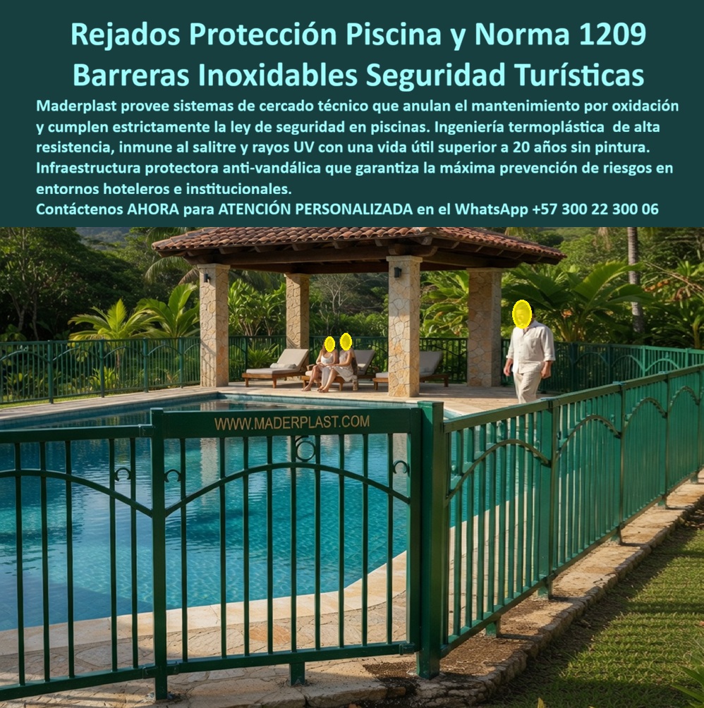 Cercado Protección Piscina Cerramientos Norma 1209 Piscina Maderplast Vallas Protectoras Zonas Húmedas Fácil Montaje Valla Seguridad Zona Húmeda Piscina Infantil Plástica Antivandálica Cerca Perimetral Piscina Anti Ahogamiento Niños Cercado P  Cerramiento Perimetral de Seguridad para Piscina en Polímero Inoxidable Norma NTC 1209 — Valla Anti Ahogamiento Infantil Sin Mantenimiento que Reemplaza Rejas Metálicas Corroídas | Maderplast Fabricante Colombia La imagen muestra un cerramiento perimetral de barrotes verticales color verde institucional con remates curvos tipo lanza y portón de acceso con bisagras integradas, rodeando una piscina de aproximadamente quince por ocho metros en complejo turístico campestre con kiosco de teja de barro, camastros y zona de solárium. Los barrotes mantienen separación uniforme inferior a diez centímetros entre ejes, cumpliendo los parámetros que establece la normativa colombiana NTC 1209 para prevención de ahogamiento infantil en piscinas de uso colectivo. Y el dato que cambia la conversación para cualquier administrador, gerente de club o director de obra que esté enfrentando un requerimiento de la Secretaría de Salud: esa cerca no es hierro forjado ni acero galvanizado, es polímero de ingeniería Maderplast con color integral en masa, y lleva años bajo salpicaduras cloradas, humedad permanente y sol directo sin mostrar una sola mancha de óxido, una sola escama de pintura ni un solo barrote debilitado. El problema no es solo estético, es legal y potencialmente penal. La corrosión en cerramientos de hierro forjado empieza por las soldaduras inferiores —las más expuestas a salpicaduras cloradas— y reduce la sección de los barrotes, ampliando separaciones por encima del límite de la NTC 1209 y generando puntas oxidadas y bordes cortantes peligrosos para menores. El repintado anual no detiene el proceso, solo lo disimula, y cuando la Secretaría de Salud inspecciona y encuentra barrotes con pérdida de sección, la consecuencia es un requerimiento formal con responsabilidad civil y penal del administrador ante cualquier accidente. Al comprador no lo recordarán por haber economizado sino por los éxitos o fracasos de esa decisión, y una reja "barata" que genera incumplimiento normativo y riesgo de lesiones infantiles es lo que sale carísimo por fallas, mantenimiento y falta de garantía de empresas que no responden. Maderplast elimina ese riesgo de raíz. El polímero de ingeniería no se corroe bajo ninguna exposición a cloro, humedad ni agentes químicos de piscina. Los barrotes no pierden sección, lo que significa que las separaciones según NTC 1209 se mantienen exactas durante más de veinte años sin intervención. No hay soldaduras que se debiliten porque el sistema se ensambla mecánicamente. No hay pintura que se descascare porque el color es integral en masa. No hay bordes cortantes porque el material no genera escamas por degradación. Y no hay riesgo de hurto porque el polímero carece de valor como chatarra, eliminando el vandalismo que sufren las vallas antivandálicas de hierro y aluminio. Garantía verificable superior a veinte años, fichas técnicas en PDF con medidas y anclaje sobre bordillo, documentación normativa NTC 1209 y videos de ensayos en https://www.youtube.com/@maderplasSA. Un complejo turístico campestre —nombre reservado, visita disponible— recibió requerimiento formal de la Secretaría de Salud: su reja de hierro presentaba corrosión avanzada en soldaduras, barrotes con separaciones fuera de norma y puntas oxidadas peligrosas para menores. Maderplast fabricó e instaló cerramiento completo en polímero verde institucional con portón de cierre controlado, dimensionado estrictamente según NTC 1209, sin soldaduras ni trabajos en caliente dentro del área de piscina. El complejo obtuvo concepto favorable en la siguiente inspección. Tras una operación continua bajo lluvia, sol y vapor clorado, el cerramiento conserva intactos color, integridad de barrotes y resistencia mecánica. Una compra bien hecha no necesita explicaciones, solo recibe felicitaciones, y los productos Maderplast son tan buenos que los demás, al contabilizar riesgo legal y costos ocultos, no se aceptarían ni regalados. Si necesita cotizar cerramiento piscina norma 1209, valla seguridad anti ahogamiento infantil, alternativa a reja metálica que no oxide, cerca perimetral piscina color integral sin pintura, barrera protectora para clubes y hoteles, especificaciones para pliego de licitación recreativa o fabricación a medida, Maderplast es fabricante directo en Colombia con ingenieros que asesoran desde el anteproyecto. La decisión correcta no es la que cuesta menos hoy; es la que no cuesta nada mañana. Contacte un ingeniero Maderplast por WhatsApp: 57+ 300 22 300 06.