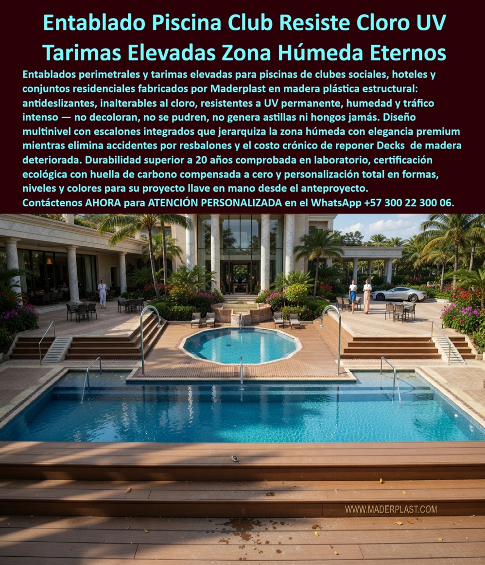 Cubierta Deck Piscina Larga Vida Útil Pisos Decks Bordes Piscinas Maderplast Entablados Perimetrales Piscinas Resisten Cloro Inalterable Zona Social Resisten Sol Protección Total Bañistas Tarima Borde Piscina Premium Alta Durabilidad Deck Perimetral para Piscina en Polímero Estructural Resistente a Cloro y UV — Entablado Antideslizante Sin Mantenimiento para Clubes, Hoteles y Zonas Húmedas | Maderplast Fabricante Colombia Lo primero que se ve en la imagen es un sistema de deck multinivel en tono cedro cálido que envuelve piscina rectangular, jacuzzi circular y escalinatas de acceso en un solo plano continuo de más de ciento veinte metros cuadrados, con tablas ranuradas antideslizantes ensambladas sobre estructura portante oculta, en un entorno tropical con tráfico descalzo permanente. Lo que no se ve es que ese entablado no es teca, no es cumaru, no es composite convencional: es polímero estructural Maderplast con color integral fundido en masa, y lleva años en contacto directo con agua clorada, sol tropical y cientos de bañistas sin haber recibido una sola intervención de mantenimiento. El punto de dolor es conocido por cualquier administrador de club social o director de obra que haya especificado madera natural para borde de piscina: la humedad permanente hincha las fibras, el cloro acelera la decoloración, la superficie genera astillas peligrosas para bañistas descalzos y los hongos que proliferan en zonas húmedas convierten el deck en riesgo sanitario que exige lijado, sellado y reemplazo de tablas cada temporada. El costo acumulado en diez años triplica la inversión original, y el porcelánico resuelve la durabilidad pero no la calidez estética ni la seguridad antideslizante en mojado. Al comprador no lo recordarán por haber conseguido el precio más bajo sino por los éxitos o fracasos de su compra, y una decisión "barata" que termina en astillas, reclamos, cierres de zona social y reposición cíclica es la definición exacta de lo que sale carísimo por fallas, mantenimiento, pérdida de imagen y falta de garantía de empresas que no responden. Maderplast elimina ese ciclo de raíz. El polímero estructural no absorbe humedad, resiste sin alteración el contacto permanente con agua clorada, no astilla bajo ninguna condición y mantiene superficie antideslizante clase R11 incluso mojada. El pigmento inorgánico integrado en masa —no pintura— reproduce la estética de madera tropical con veteado continuo que no decolora con radiación UV, eliminando para siempre los costos de lijado, aceitado y sellado. Cada módulo se fabrica a medida sobre plano arquitectónico adaptando niveles, escalones y remates perimetrales al diseño específico del proyecto, porque Maderplast es fabricante directo con control total de materia prima, proceso y acabados. La garantía verificable supera veinte años sin mantenimiento, respaldada con pruebas de laboratorio con fecha y entidad, fichas técnicas descargables en PDF con medidas, planos y anclaje, y videos de pruebas presenciales en el canal https://www.youtube.com/@maderplasSA. Para certificación LEED o EDGE, Maderplast certifica huella de carbono de 0,77 y reciclabilidad total del polímero. Un complejo con piscinas en zona tropical —nombre reservado por confidencialidad, visita al sitio disponible— enfrentaba reposición de su deck de madera cada temporada: astillas, decoloración por cloro y cierres de zonas sociales consumían presupuesto sin solución de fondo. Se instaló deck Maderplast multinivel integrando piscina, jacuzzi y escalinatas en diseño continuo fabricado a medida. Tras operación ininterrumpida bajo cloro, sol y tráfico intenso, el entablado mantiene intactos el color, textura y estabilidad sin una sola intervención; el presupuesto anual de reposición cayó a cero. Una compra bien hecha no necesita explicaciones, solo recibe felicitaciones, y los productos Maderplast son tan buenos que los demás, al contabilizar costos ocultos y riesgo operativo, no se aceptarían ni regalados. Si necesita cotizar deck piscina resistente a cloro sin mantenimiento, alternativa a deck de teca que no se pudre, tarima antideslizante para zona húmeda de club social, especificaciones para pliego técnico de licitación, diseño deck multinivel con escalinatas, personalización, planos, renders, prototipos, producción en serie o fabricación a medida, Maderplast es fabricante directo en Colombia con asesoría de ingeniería desde el anteproyecto. La decisión correcta no es la que cuesta menos hoy; es la que no cuesta nada mañana. Contacte un ingeniero Maderplast por WhatsApp: 57+ 300 22 300 06.